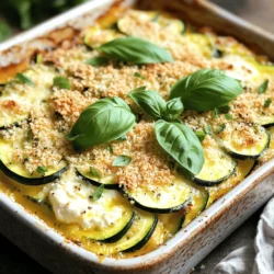 When making Cheesy Zucchini Bake, you need a few key ingredients. Each one adds flavor and texture. Here’s what you will need: - Zucchini and Cheese Components - 4 medium zucchinis, sliced into rounds - 1 cup ricotta cheese - 1 cup shredded mozzarella cheese - ½ cup grated Parmesan cheese - Seasonings and Additions - 2 cloves garlic, minced - 1 teaspoon dried oregano - 1 teaspoon dried basil - ½ teaspoon red pepper flakes (optional) - Salt and pepper to taste - Topping Ingredients - 1 cup breadcrumbs (panko preferred for extra crunch) - 2 tablespoons olive oil - Fresh basil or parsley for garnish These ingredients create a rich and cheesy dish. The zucchini adds a fresh taste. You can mix and match the spices, too. Enjoy your cooking! For the complete method, check the Full Recipe. - Prepping the Baking Dish Start by preheating your oven to 375°F (190°C). Grab a 9x13-inch baking dish. Lightly grease it with non-stick spray or olive oil. This step helps prevent sticking. - Seasoning the Zucchini Take 4 medium zucchinis and slice them into rounds. In a large bowl, mix the sliced zucchinis with 2 minced garlic cloves, 1 teaspoon of dried oregano, 1 teaspoon of dried basil, and ½ teaspoon of red pepper flakes if you like spice. Add salt and pepper to taste. Toss everything well. This ensures each piece gets seasoned. - Mixing the Cheese In another bowl, combine 1 cup of ricotta cheese, half of the mozzarella cheese (½ cup), and half of the Parmesan cheese (¼ cup). Stir until well mixed. This creamy blend will add richness to your dish. - First Layer: Zucchini and Ricotta Layer half of the seasoned zucchinis in the bottom of the greased dish. Spread half of the ricotta mixture over the zucchinis evenly. This creates a solid base for your bake. - Second Layer: Final Zucchini and Ricotta Repeat with the remaining zucchinis and the rest of the ricotta mixture. This double layer enhances flavor and texture in every bite. - Adding Cheese and Breadcrumbs Sprinkle the top layer with the remaining mozzarella (½ cup) and Parmesan cheese (¼ cup). This will create a cheesy crust as it bakes. In a small bowl, mix 1 cup of breadcrumbs (panko works great) with 2 tablespoons of olive oil. Toss until the crumbs are coated. Sprinkle this mixture over the cheese layer. - Baking Instructions Place the dish in the preheated oven. Bake for 25-30 minutes. You want the top to be golden brown and bubbling. Once done, let it cool for a few minutes before slicing. Enjoy your delicious Cheesy Zucchini Bake! For the full recipe, check out the details above. How to Prevent Soggy Zucchini To avoid soggy zucchini, you need to remove excess moisture. Slice the zucchini and sprinkle salt on it. Let it sit for about 10-15 minutes. This draws out water. Afterward, pat the slices dry with a towel. This simple step makes a huge difference. Best Cheese Combinations Using a mix of cheeses creates a rich flavor. I love ricotta for creaminess. Mozzarella adds stretch, while Parmesan gives a nice bite. You can also try mixing in some sharp cheddar for a different taste. Feel free to experiment and find your favorite blend! Serving Suggestions To serve, cut the Cheesy Zucchini Bake into squares. Place them on a colorful plate. This adds visual appeal. Pair it with a fresh salad or crusty bread for a complete meal. Your guests will love the look and taste! Garnishing Ideas Garnish with fresh basil or parsley. This adds a pop of color and freshness. You can also drizzle a little olive oil on top. A sprinkle of red pepper flakes gives a nice touch too. These small details make your dish shine. Best Bakeware to Use Use a 9x13-inch baking dish for this recipe. Glass or ceramic works well. These materials heat evenly and help with browning. A non-stick option can make serving easier too. Essential Kitchen Tools You will need a sharp knife for slicing zucchini. A mixing bowl is key for combining your cheese. Don’t forget measuring cups and spoons to get the amounts right. A spatula helps layer the ingredients neatly. Having these tools makes cooking smooth and fun! For the full recipe, check out the section above! {{image_2}} Vegetarian and Gluten-Free Options This Cheesy Zucchini Bake is a perfect vegetarian dish. You can easily make it gluten-free. Just use gluten-free breadcrumbs instead of regular ones. This way, everyone can enjoy it! Vegan Cheese Alternatives If you are vegan, you can swap out the cheeses. Use plant-based ricotta and mozzarella. Almond or cashew cheese works well too. It gives that creamy texture without any dairy. Adding Other Vegetables Feel free to mix in other veggies. Spinach, mushrooms, or bell peppers add great flavor. Just chop them small and add them to the zucchini. This makes the dish even more colorful and tasty. Spice It Up: Heat Variations Want some heat? Add more red pepper flakes or diced jalapeños. You can also sprinkle some cayenne pepper on top. Adjust the spice to your liking for a bold kick! Complementary Dishes Pair this bake with a fresh salad. A simple green salad with lemon dressing works great. You can also serve it with crusty bread for a hearty meal. Meal Pairings This Cheesy Zucchini Bake fits well with grilled chicken or fish. It's a lovely side to any protein. You can even enjoy it as a main dish on its own. For the full recipe, check out the Cheesy Zucchini Bake 🥒 section above. - Refrigeration Tips: Let the Cheesy Zucchini Bake cool down first. Place it in an airtight container. This keeps it fresh for up to three days in the fridge. - Freezing Instructions: If you want to freeze it, cut it into portions. Wrap each piece tightly in plastic wrap, then place them in a freezer bag. It can last up to three months in the freezer. - Best Methods for Reheating: The oven is the best choice. Preheat it to 350°F (175°C), then place the bake in for about 15-20 minutes. You can also use the microwave for quick reheating, but it may get soggy. - Keeping It Fresh: Cover the dish with foil while reheating in the oven. This helps retain moisture and keeps the cheese melty and delicious. - How Long It Lasts in the Refrigerator: In the fridge, your Cheesy Zucchini Bake lasts about three days. If you see any moisture or changes in smell, it’s time to toss it. - Signs of Spoilage: Look for changes in color or an off smell. If the cheese looks dry or moldy, it’s best to discard it. Always trust your senses when it comes to food safety! How to make Cheesy Zucchini Bake ahead of time? You can prepare Cheesy Zucchini Bake a day in advance. Simply follow the recipe up to the baking step. Cover the dish with plastic wrap and store it in the fridge. Bake it when you are ready to serve. Can I use frozen zucchini in this recipe? Yes, you can use frozen zucchini. Just thaw and drain it well to remove excess water. This helps keep the bake from becoming soggy. What can I substitute for ricotta cheese? If you need a substitute, try cottage cheese or cream cheese. Both will give a creamy texture, though the taste may vary slightly. What to do if the bake is watery? If your bake turns watery, check the zucchini before mixing. Salt the zucchini slices and let them sit for 10 minutes. This helps draw out excess moisture. How to tell when it's done baking? The bake is ready when the top is golden brown and bubbly. You can also insert a knife in the center; it should come out clean. Can I use different types of cheese? Absolutely! Feel free to mix cheeses like cheddar, gouda, or feta. Each will add a unique flavor to the dish. Is this recipe suitable for meal prep? Yes, this recipe is great for meal prep! You can store portions in airtight containers. Just reheat in the microwave or oven when ready to eat. For the full recipe, check out the detailed instructions above. In this blog post, we explored how to make a delicious Cheesy Zucchini Bake. We covered each step, from gathering ingredients to baking and serving. I shared tips to keep zucchini firm and suggested cheese combinations to enhance flavor. With easy variations, you can adapt the dish to fit dietary needs. Storage tips ensure your leftovers stay fresh. Now, you can enjoy a tasty meal with lots of veggies. A Cheesy Zucchini Bake is simple and full of flavor. Try it and make it your own!