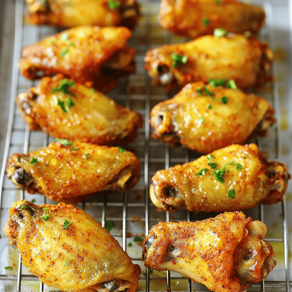 - 2 lbs chicken wings, split and tips removed - 1 tablespoon baking powder - 1 teaspoon garlic powder - 1 teaspoon onion powder - 1 teaspoon smoked paprika - 1/2 teaspoon cayenne pepper (optional, for heat) - Salt and pepper to taste - 2 tablespoons olive oil Chicken wings are the star of this dish. You can use fresh or frozen wings. If using frozen wings, make sure to thaw them first. The spices bring flavor and the baking powder helps make the wings crispy. I love using smoked paprika for a hint of smokiness. - Fresh parsley, chopped (for garnish) - Dipping sauces Garnishing with fresh parsley looks nice and adds a fresh taste. You can also serve your wings with different dipping sauces. Some good choices are ranch, blue cheese, or honey mustard. These add extra flavor and make eating wings even more fun. For the Full Recipe, check the instructions section. First, you need to preheat your oven to 425°F (220°C). This high heat helps the wings get crispy. Next, line a large baking sheet with aluminum foil for easy cleanup. Place a wire rack on top of the baking sheet. The rack lets air flow around the wings, making them crispier. Now, let’s prepare the spice mix. In a big bowl, combine the following ingredients: - 1 tablespoon baking powder - 1 teaspoon garlic powder - 1 teaspoon onion powder - 1 teaspoon smoked paprika - 1/2 teaspoon cayenne pepper (optional) - Salt and pepper to taste Mix these well. The baking powder helps the wings crisp up nicely. Take your chicken wings and place them in the bowl with the spice mix. Drizzle 2 tablespoons of olive oil over the wings. Toss the wings until they are fully coated with the spices. Make sure every wing gets some flavor! Once coated, arrange the wings in a single layer on the wire rack. Leave space between each wing. This space helps them cook evenly and stay crispy. Now for the fun part: baking! Place the baking sheet in the oven and bake the wings for 40-45 minutes. Halfway through, flip the wings over. This helps both sides get golden brown and crispy. To achieve maximum crispiness, keep a close eye on them. If they look a bit soft, give them a few extra minutes in the oven. For more detailed steps, check the Full Recipe. Enjoy your crispy wings! Baking powder is the secret to crispy wings. It helps absorb moisture, which makes the skin crispier. You should use aluminum-free baking powder. It works best for this recipe. Air circulation is also key. By placing wings on a wire rack, hot air flows all around them. This helps them cook evenly and stay crispy. Do not overcrowd the baking sheet. If the wings touch, they will steam instead of crisp. Make sure they sit in a single layer. Check your oven temperature. If it's too low, the wings will not get crispy. A hot oven makes a big difference in the final result. Serve your wings with classic sides like celery and carrot sticks. They pair well with a cold beer or soda. For dipping sauces, try ranch or blue cheese. You can also use a spicy buffalo sauce for extra kick. These options enhance the flavor and make your meal more enjoyable. {{image_2}} When it comes to oven-baked crispy chicken wings, you can have fun with flavors. Each variation adds its own twist to the classic recipe. Here are some tasty ideas to try: - Buffalo-style wings: For a zesty kick, toss your wings in hot sauce after baking. You can mix the sauce with melted butter for richness. Adjust the heat level to your liking! - Honey garlic wings: Combine honey and minced garlic for a sweet and savory glaze. Drizzle this mixture over the wings after baking. The sticky texture is sure to please! - Asian-inspired wings: Use soy sauce, sesame oil, and ginger for an Asian twist. Toss the wings in this mix before baking. A sprinkle of sesame seeds adds a nice crunch. - Baked vs. fried wings: Baked wings are a great choice for a healthier meal. They have less fat than fried wings and still taste amazing. The oven keeps them crispy with less oil. - Low-sodium and gluten-free options: You can easily make low-sodium and gluten-free wings. Use low-sodium soy sauce or homemade spice mixes. This way, you can enjoy wings without the extra salt or gluten. Feel free to explore these variations and healthier options in your cooking. The oven-baked crispy chicken wings are a blank canvas for your culinary creativity. Check out the Full Recipe for more details! To keep your leftover wings tasty, let them cool first. Place them in a shallow container. Cover it tightly with a lid or plastic wrap. You can store them in the fridge for up to three days. If you want to keep them longer, freeze the wings. Use freezer bags or airtight containers for freezing. Remove as much air as possible to avoid freezer burn. When you're ready to eat again, the oven is your best friend for reheating. Preheat your oven to 375°F (190°C). Place the wings on a baking sheet lined with foil. Bake them for about 10-15 minutes. This method keeps them crispy. Flip the wings halfway for even heating. If you're in a hurry, you can use the microwave. Place the wings on a microwave-safe plate. Cover them with a damp paper towel. Heat them for 1-2 minutes. This method works, but the wings may lose some crispiness. For the best taste, I recommend the oven method. Enjoy your tasty wings! To make chicken wings crispy, use a few key techniques. First, coat the wings with baking powder. This helps to dry out the skin and makes it crispier. Next, use a wire rack on your baking sheet. This allows hot air to circulate around the wings. Lastly, bake them at a high temperature, around 425°F (220°C). This method ensures the wings cook evenly and become golden brown. Yes, you can use frozen chicken wings in this recipe. Just make sure to thaw them first. You can leave them in the fridge overnight or run them under cold water for quicker thawing. Once thawed, pat them dry with paper towels. This helps remove moisture, which is key for crispiness. Then, follow the recipe as usual. A few sauces go great with oven-baked wings. Here are some of my top picks: - Buffalo Sauce: This classic adds heat and flavor. - Honey Garlic Sauce: A sweet and savory choice that pleases all. - BBQ Sauce: Smoky and tangy, perfect for a summer vibe. - Ranch Dressing: Creamy and cool, it balances spicy wings well. These sauces enhance the flavor of the wings and make your meal even more enjoyable. For more ideas, check out the Full Recipe for different options! This blog post covered all the key steps to make delicious oven-baked chicken wings. We explored essential ingredients, from the chicken to spices and dips. You learned how to prep your wings and create that perfect crispiness. We also shared tips for better flavor and healthier options. In the end, follow these steps, avoid common mistakes, and enjoy mouthwatering wings. Try different flavors and find your favorite dipping sauce. You’ll impress family and friends with your tasty results. Happy cooking!