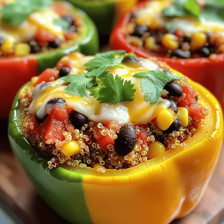 - 4 large bell peppers (red, yellow, or green) - 1 cup quinoa (rinsed) - 2 cups vegetable broth (or water) - 1 can black beans (15 oz, drained and rinsed) - 1 cup corn (frozen or canned) - 1 medium onion (diced) - 2 cloves garlic (minced) - 1 teaspoon cumin - 1 teaspoon smoked paprika - 1 teaspoon chili powder - Salt and pepper to taste - 1 cup diced tomatoes (fresh or canned) - 1 cup shredded cheese (cheddar or pepper jack, optional) - Fresh cilantro or parsley for garnish For this dish, I love using fresh bell peppers. They add color and crunch. You can choose red, yellow, or green peppers based on your taste. Quinoa is a great base for stuffing. It’s full of nutrients and easy to cook. You should rinse it to remove any bitter taste. Black beans and corn bring a nice texture and flavor. They also add protein and fiber. Diced onion and garlic make the dish aromatic and tasty. You can adjust the spices to your liking. Cumin, smoked paprika, and chili powder give it warmth and depth. For a twist, add diced tomatoes and cheese if you like. These ingredients enhance the flavor. Top with fresh herbs for a bright finish. This recipe is simple yet full of flavor. You can find the Full Recipe to guide you through each step. Enjoy your cooking adventure! - Preheat your oven to 375°F (190°C). - Cut the tops off the bell peppers and remove the seeds. Preparing the bell peppers is easy. Just slice off the tops and scoop out the insides. This step helps make room for the tasty filling. I like to lightly brush the outside with olive oil for extra flavor and crispness. - In a medium saucepan, combine quinoa and vegetable broth. - Bring to a boil, then reduce heat to low, cover, and simmer for about 15 minutes. Cooking quinoa is simple. Just mix it with vegetable broth in a pot. Bring it to a boil, then lower the heat. Cover it and let it simmer. After about 15 minutes, you’ll have fluffy quinoa. It’s a great base for the filling. - Heat olive oil in a large skillet over medium heat. - Add diced onion and sauté until translucent, then add minced garlic. Now, let’s sauté some veggies. Heat a bit of olive oil in a skillet. Add diced onion and cook until it turns soft and clear. This usually takes about 3-4 minutes. Then, add minced garlic and stir for another minute. The aroma will fill your kitchen! - Add black beans, corn, diced tomatoes, and spices to the skillet. - Stir until heated through, then mix in the cooked quinoa. Next, it’s time to bring everything together. Add black beans, corn, and diced tomatoes to your skillet. Sprinkle in your spices like cumin and chili powder for flavor. Mix it all well and heat for about 5 minutes. Finally, add the cooked quinoa and stir until combined. - Spoon the quinoa mixture into each prepared bell pepper. - Reserve some cheese for topping, if using. Now comes the fun part: stuffing! Use a spoon to fill each bell pepper with the quinoa mix. Don’t be shy; pack it in! If you like cheese, save some to sprinkle on top later. - Cover with aluminum foil and bake for 30 minutes. - Remove foil and bake an additional 10-15 minutes until tender. Place the stuffed peppers in a baking dish. Cover them with aluminum foil to keep them moist. Bake for 30 minutes. Then, remove the foil and bake for another 10-15 minutes. This will make them tender and delicious. You can find the Full Recipe at the start of this section. Enjoy your cooking! - To avoid soggy bell peppers, pre-bake them for 10 minutes. This helps them stay firm. - Rinse quinoa well before cooking. Use two cups of broth for one cup of quinoa. This keeps it fluffy. - Add cumin and smoked paprika for a warm taste. Fresh herbs like cilantro boost the flavor, too. - For cheese, add it only in the last 10 minutes of baking. This ensures it melts nicely and doesn’t burn. - Serve the stuffed peppers with a side salad for a complete meal. A light vinaigrette works great. - Garnish with fresh cilantro or parsley for color. A sprinkle of lime juice adds a zesty touch. For the full recipe, check out the vibrant quinoa-stuffed bell peppers! {{image_2}} You can make stuffed bell peppers vegan or vegetarian with simple swaps. For cheese, use vegan cheese or nutritional yeast. Instead of meat, add more beans or lentils. This option gives you plant-based protein and keeps the dish hearty. Quinoa is great, but try rice or couscous for a twist. Both options work well and change the texture. You can also mix in different vegetables like zucchini, spinach, or mushrooms. These additions boost flavor and nutrition. Want more heat? Add jalapeños or a dash of hot sauce. For milder flavors, skip the chili powder. You can also play with spices from other cuisines, like Italian herbs or curry powder. This lets you customize the dish to fit your taste. For the full recipe and more details, check out the [Full Recipe]. To keep your stuffed peppers fresh, let them cool first. Place them in a tight container. You can store them in the fridge for up to three days. If you want to keep them longer, freezing is a good option. To freeze your stuffed bell peppers, wrap each one tightly in plastic wrap. Then, place them in a freezer bag or container. They last for up to three months in the freezer. When ready to eat, take them out and thaw in the fridge overnight. For reheating, use the oven for the best taste. Set it to 350°F (175°C). Place the peppers in a baking dish with a little water. Cover with foil and bake for 20-25 minutes. You can also use a microwave. Just heat them for about 2-3 minutes. Make sure they are hot all the way through. Adding a splash of water can help keep them moist. Enjoy your tasty meal! Bake the stuffed peppers for 30 minutes covered with foil. Then, uncover and bake for another 10 to 15 minutes. This helps the peppers become tender and the cheese to melt nicely. Yes, you can prepare the stuffed peppers a day in advance. Just stuff the peppers and place them in the fridge. When you’re ready, bake them straight from the fridge. This saves time and keeps your meal fresh. Stuffed peppers pair well with many sides. Consider serving them with a simple green salad. You can also add some crusty bread or a side of rice. These options will round out your meal nicely. Stuffed peppers are quite healthy! They are packed with nutrients. Quinoa is a great source of protein and fiber. The peppers add vitamins A and C. Beans and corn also boost the nutrition, making this dish a great choice. Absolutely! You can use any bell pepper color: red, yellow, or green. Each adds a unique flavor. If you want to try something different, use poblano or jalapeño peppers for a bit of heat. Stuffed bell peppers are a tasty, healthy meal you can make easily. We covered the main ingredients like quinoa, black beans, and spices. I shared simple steps to prepare, cook, and bake the peppers. You learned tips to avoid soggy peppers and how to store leftovers too. Try different fillings and adjust spices to suit your taste. Cooking is fun, so experiment and enjoy your stuffed peppers.