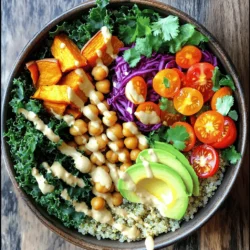 - 1 cup quinoa - 2 cups vegetable broth - 1 can (15 oz) chickpeas, drained and rinsed - 1 medium sweet potato, diced - 1 cup kale, chopped These five main ingredients create a base for your Vegan Buddha Bowl. Quinoa serves as a great source of protein and fiber. Cooking it in vegetable broth adds flavor and depth. Chickpeas pack in more protein and give a nice texture. Sweet potatoes offer sweetness and vitamins, while kale adds crunch and nutrients. - 1 avocado, sliced - 1/2 cup cherry tomatoes, halved - 1/4 cup red cabbage, thinly sliced - Fresh cilantro These garnishes add color and taste to your bowl. Avocado brings creaminess and healthy fats. Cherry tomatoes add a burst of freshness, while red cabbage gives a nice crunch. Fresh cilantro can brighten up the flavor even more. - 2 tablespoons tahini - 2 tablespoons lemon juice - 1 tablespoon maple syrup - 1 teaspoon garlic powder - 1 teaspoon smoked paprika - Salt and pepper to taste The dressing ties everything together. Tahini adds richness, while lemon juice gives it zing. Maple syrup adds a hint of sweetness. Garlic powder and smoked paprika add depth and warmth. Adjust salt and pepper to your taste. For the full recipe, you can explore the vibrant Vegan Buddha Bowl . To start, rinse 1 cup of quinoa under cold water. This step removes any bitter taste. Next, bring 2 cups of vegetable broth to a boil in a medium saucepan. Add the rinsed quinoa to the boiling broth. Lower the heat and cover the pot. Cook for about 15 minutes. The quinoa will absorb all the broth and become fluffy. After cooking, remove it from the heat and let it sit for 5 minutes before fluffing it with a fork. This gives you that perfect texture. While the quinoa cooks, it's time to roast the sweet potatoes. Preheat your oven to 425°F (220°C). Dice one medium sweet potato into small cubes. Toss these cubes on a baking sheet with olive oil, garlic powder, smoked paprika, salt, and pepper. For a tasty twist, you can also add a pinch of chili powder for some heat. Roast them for 20-25 minutes. Flip them halfway to ensure they cook evenly. The sweet potatoes should be golden brown and fork-tender when done. Now comes the fun part—assembling your Buddha bowl! Start by dividing the fluffy quinoa into two serving bowls. Next, layer the roasted sweet potatoes, chickpeas, chopped kale, sliced avocado, halved cherry tomatoes, and thinly sliced red cabbage over the quinoa. I love to arrange these in sections for a colorful look. Finally, drizzle the tahini dressing over the top. To make the dressing, whisk together tahini, lemon juice, maple syrup, and a splash of water in a small bowl. Garnish with fresh cilantro for an extra pop of flavor. Enjoy your vibrant Vegan Buddha Bowl! For the full recipe, check out the details provided earlier. Mixing colors and textures makes your bowl fun and tasty. Aim for a rainbow! Use bright veggies like red cabbage, green kale, and purple sweet potatoes. This not only looks good but also boosts nutrition. Each color packs different vitamins. For protein, chickpeas are great. They add texture and creaminess. You can also use tofu or edamame for variety. These options keep you full and strong. Meal prep saves time. Cook a big batch of quinoa at once. Store it in the fridge for up to a week. You can also roast sweet potatoes early. Just reheat when ready to eat. Pre-cooking your ingredients makes meals quick. Chop veggies and store them in containers. This way, they are ready when you need them. Don’t be afraid to add more spice! Garlic powder and smoked paprika are great starts. But you can try curry powder for a twist. Each spice brings its own flavor, so mix and match. For dressings, tahini is a favorite, but you can switch it up. Try a peanut sauce or a simple lemon vinaigrette. Just keep it light and fresh. For more ideas, check the Full Recipe for tips on creating your own unique bowl. {{image_2}} You can create themed Buddha bowls to explore different flavors. For a Mediterranean-inspired bowl, use couscous or farro as your base. Top it with roasted red peppers, olives, and artichoke hearts. A drizzle of lemon-tahini dressing will tie all the flavors together. For an Asian-inspired bowl, switch to brown rice or soba noodles. Add edamame, shredded carrots, and snap peas. A soy sauce and sesame oil dressing will give it a zesty kick. These themes let you enjoy global tastes in every bite. Try different grains to keep things fresh. If you want a nutty flavor, use farro or barley. For a gluten-free option, quinoa or brown rice works well. Each grain brings its own texture and taste. You can also switch out veggies based on what you have. Instead of sweet potatoes, try roasted butternut squash or beets. For greens, spinach or arugula can add a nice touch. Mixing and matching keeps your Buddha bowl exciting and unique. Seasonal ingredients can create special bowls. In summer, use fresh corn, zucchini, and cherry tomatoes. These vibrant colors and flavors make a light and refreshing meal. In winter, think hearty and warm. Use roasted root veggies like carrots and parsnips. Add some warm lentils for protein and a cozy feel. Adjusting your bowl to the seasons makes it even more enjoyable. For the full recipe, check out the Vibrant Vegan Buddha Bowl. - Store leftovers in an airtight container. - Keep in the fridge for up to 4 days. - Make sure to cool the food before sealing. - You can freeze quinoa and sweet potatoes. - Chickpeas also freeze well for later use. - Thaw overnight in the fridge before using. - Use the microwave for quick reheating. - Heat on medium power to avoid sogginess. - For best texture, reheat in an oven at 350°F (175°C) for 10-15 minutes. If you need a substitute for quinoa, try these grains: - Brown rice - Farro - Barley - Millet - Couscous Each grain has its own taste and texture. Brown rice is chewy, while farro has a nutty flavor. Barley adds a hearty bite, and millet is fluffy. Couscous cooks very fast and is light. These options keep your bowl healthy and tasty. Yes, you can create a nut-free Vegan Buddha Bowl with these simple swaps: - Use seeds like sunflower or pumpkin instead of nuts. - Replace tahini with sunflower seed butter or omit it. These changes keep the flavor while making the dish safe for nut allergies. To boost protein in your bowl, consider these options: - Add more chickpeas or black beans. - Include lentils, which cook quickly. - Top with hemp seeds, which are rich in protein. - Use a dollop of hummus for extra flavor and protein. Adding these ingredients can help you feel full and satisfied. A Vegan Buddha Bowl is packed with nutrients. It offers: - High fiber from quinoa and vegetables, promoting digestive health. - Protein from chickpeas and other legumes, supporting muscle health. - Healthy fats from avocado, aiding in nutrient absorption. - Vitamins and minerals from kale and sweet potatoes, boosting overall health. Each bowl is a balanced meal that fuels your body with energy and nutrients. For a full recipe, check out the Vibrant Vegan Buddha Bowl . This blog post covered how to create a delicious Vegan Buddha Bowl. We discussed key ingredients like quinoa, sweet potatoes, and chickpeas. You learned step-by-step methods for cooking and assembling your bowl. I shared tips for balancing flavors and saving time. You can even switch it up with themed bowls and seasonal ingredients. Remember to store leftovers properly to enjoy them later. With these insights, you can create tasty, healthy meals that fit your needs. Enjoy making your perfect bowl!
