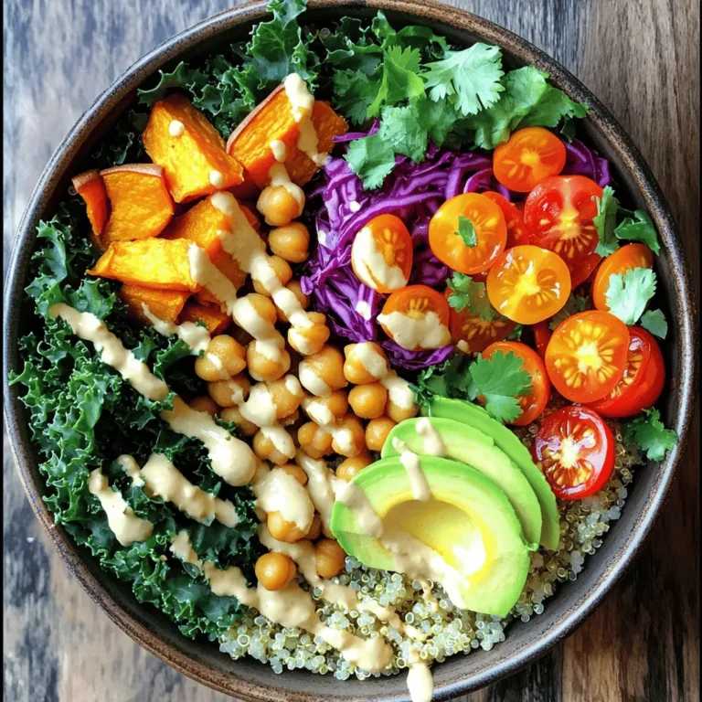 - 1 cup quinoa - 2 cups vegetable broth - 1 can (15 oz) chickpeas, drained and rinsed - 1 medium sweet potato, diced - 1 cup kale, chopped These five main ingredients create a base for your Vegan Buddha Bowl. Quinoa serves as a great source of protein and fiber. Cooking it in vegetable broth adds flavor and depth. Chickpeas pack in more protein and give a nice texture. Sweet potatoes offer sweetness and vitamins, while kale adds crunch and nutrients. - 1 avocado, sliced - 1/2 cup cherry tomatoes, halved - 1/4 cup red cabbage, thinly sliced - Fresh cilantro These garnishes add color and taste to your bowl. Avocado brings creaminess and healthy fats. Cherry tomatoes add a burst of freshness, while red cabbage gives a nice crunch. Fresh cilantro can brighten up the flavor even more. - 2 tablespoons tahini - 2 tablespoons lemon juice - 1 tablespoon maple syrup - 1 teaspoon garlic powder - 1 teaspoon smoked paprika - Salt and pepper to taste The dressing ties everything together. Tahini adds richness, while lemon juice gives it zing. Maple syrup adds a hint of sweetness. Garlic powder and smoked paprika add depth and warmth. Adjust salt and pepper to your taste. For the full recipe, you can explore the vibrant Vegan Buddha Bowl . To start, rinse 1 cup of quinoa under cold water. This step removes any bitter taste. Next, bring 2 cups of vegetable broth to a boil in a medium saucepan. Add the rinsed quinoa to the boiling broth. Lower the heat and cover the pot. Cook for about 15 minutes. The quinoa will absorb all the broth and become fluffy. After cooking, remove it from the heat and let it sit for 5 minutes before fluffing it with a fork. This gives you that perfect texture. While the quinoa cooks, it's time to roast the sweet potatoes. Preheat your oven to 425°F (220°C). Dice one medium sweet potato into small cubes. Toss these cubes on a baking sheet with olive oil, garlic powder, smoked paprika, salt, and pepper. For a tasty twist, you can also add a pinch of chili powder for some heat. Roast them for 20-25 minutes. Flip them halfway to ensure they cook evenly. The sweet potatoes should be golden brown and fork-tender when done. Now comes the fun part—assembling your Buddha bowl! Start by dividing the fluffy quinoa into two serving bowls. Next, layer the roasted sweet potatoes, chickpeas, chopped kale, sliced avocado, halved cherry tomatoes, and thinly sliced red cabbage over the quinoa. I love to arrange these in sections for a colorful look. Finally, drizzle the tahini dressing over the top. To make the dressing, whisk together tahini, lemon juice, maple syrup, and a splash of water in a small bowl. Garnish with fresh cilantro for an extra pop of flavor. Enjoy your vibrant Vegan Buddha Bowl! For the full recipe, check out the details provided earlier. Mixing colors and textures makes your bowl fun and tasty. Aim for a rainbow! Use bright veggies like red cabbage, green kale, and purple sweet potatoes. This not only looks good but also boosts nutrition. Each color packs different vitamins. For protein, chickpeas are great. They add texture and creaminess. You can also use tofu or edamame for variety. These options keep you full and strong. Meal prep saves time. Cook a big batch of quinoa at once. Store it in the fridge for up to a week. You can also roast sweet potatoes early. Just reheat when ready to eat. Pre-cooking your ingredients makes meals quick. Chop veggies and store them in containers. This way, they are ready when you need them. Don’t be afraid to add more spice! Garlic powder and smoked paprika are great starts. But you can try curry powder for a twist. Each spice brings its own flavor, so mix and match. For dressings, tahini is a favorite, but you can switch it up. Try a peanut sauce or a simple lemon vinaigrette. Just keep it light and fresh. For more ideas, check the Full Recipe for tips on creating your own unique bowl. {{image_2}} You can create themed Buddha bowls to explore different flavors. For a Mediterranean-inspired bowl, use couscous or farro as your base. Top it with roasted red peppers, olives, and artichoke hearts. A drizzle of lemon-tahini dressing will tie all the flavors together. For an Asian-inspired bowl, switch to brown rice or soba noodles. Add edamame, shredded carrots, and snap peas. A soy sauce and sesame oil dressing will give it a zesty kick. These themes let you enjoy global tastes in every bite. Try different grains to keep things fresh. If you want a nutty flavor, use farro or barley. For a gluten-free option, quinoa or brown rice works well. Each grain brings its own texture and taste. You can also switch out veggies based on what you have. Instead of sweet potatoes, try roasted butternut squash or beets. For greens, spinach or arugula can add a nice touch. Mixing and matching keeps your Buddha bowl exciting and unique. Seasonal ingredients can create special bowls. In summer, use fresh corn, zucchini, and cherry tomatoes. These vibrant colors and flavors make a light and refreshing meal. In winter, think hearty and warm. Use roasted root veggies like carrots and parsnips. Add some warm lentils for protein and a cozy feel. Adjusting your bowl to the seasons makes it even more enjoyable. For the full recipe, check out the Vibrant Vegan Buddha Bowl. - Store leftovers in an airtight container. - Keep in the fridge for up to 4 days. - Make sure to cool the food before sealing. - You can freeze quinoa and sweet potatoes. - Chickpeas also freeze well for later use. - Thaw overnight in the fridge before using. - Use the microwave for quick reheating. - Heat on medium power to avoid sogginess. - For best texture, reheat in an oven at 350°F (175°C) for 10-15 minutes. If you need a substitute for quinoa, try these grains: - Brown rice - Farro - Barley - Millet - Couscous Each grain has its own taste and texture. Brown rice is chewy, while farro has a nutty flavor. Barley adds a hearty bite, and millet is fluffy. Couscous cooks very fast and is light. These options keep your bowl healthy and tasty. Yes, you can create a nut-free Vegan Buddha Bowl with these simple swaps: - Use seeds like sunflower or pumpkin instead of nuts. - Replace tahini with sunflower seed butter or omit it. These changes keep the flavor while making the dish safe for nut allergies. To boost protein in your bowl, consider these options: - Add more chickpeas or black beans. - Include lentils, which cook quickly. - Top with hemp seeds, which are rich in protein. - Use a dollop of hummus for extra flavor and protein. Adding these ingredients can help you feel full and satisfied. A Vegan Buddha Bowl is packed with nutrients. It offers: - High fiber from quinoa and vegetables, promoting digestive health. - Protein from chickpeas and other legumes, supporting muscle health. - Healthy fats from avocado, aiding in nutrient absorption. - Vitamins and minerals from kale and sweet potatoes, boosting overall health. Each bowl is a balanced meal that fuels your body with energy and nutrients. For a full recipe, check out the Vibrant Vegan Buddha Bowl . This blog post covered how to create a delicious Vegan Buddha Bowl. We discussed key ingredients like quinoa, sweet potatoes, and chickpeas. You learned step-by-step methods for cooking and assembling your bowl. I shared tips for balancing flavors and saving time. You can even switch it up with themed bowls and seasonal ingredients. Remember to store leftovers properly to enjoy them later. With these insights, you can create tasty, healthy meals that fit your needs. Enjoy making your perfect bowl!
