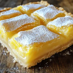- 1 cup all-purpose flour - 1/2 cup powdered sugar - 1/4 cup unsalted butter, melted - 1/2 teaspoon salt - 2 large eggs - 1 cup granulated sugar - 1/4 cup fresh lemon juice - Zest of 1 lemon - 1/2 teaspoon baking powder These ingredients are the heart of my classic lemon bars. Each one plays a big role. The all-purpose flour gives structure. Powdered sugar makes the crust sweet and soft. Unsalted butter adds rich flavor. Fresh lemon juice brings the tartness we love. The zest gives a bright, fragrant note. - Additional lemon zest for garnish - Fresh berries for serving These optional ingredients can take your lemon bars to the next level. Extra lemon zest adds a pop of color and flavor on top. Fresh berries like raspberries or blueberries can provide a nice contrast. They look pretty and taste great with the tangy bars. For the full recipe and step-by-step instructions, refer to the [Full Recipe]. 1. First, preheat your oven to 350°F (175°C). This step warms the oven for even baking. 2. In a medium bowl, combine the following ingredients: - 1 cup all-purpose flour - 1/2 cup powdered sugar - 1/4 cup unsalted butter, melted - 1/2 teaspoon salt Mix until it looks like coarse crumbs. 3. Press this mixture into the bottom of an 8x8-inch baking dish. Make sure it covers the whole bottom. 4. Bake the crust for about 15-18 minutes. You want it to be lightly golden. 5. Once baked, remove the crust from the oven and let it cool slightly. 1. In a separate bowl, whisk together: - 2 large eggs - 1 cup granulated sugar - 1/4 cup fresh lemon juice - Zest of 1 lemon - 1/2 teaspoon baking powder Whisk until smooth and combined. 1. Pour the lemon filling over the slightly cooled crust. Spread it evenly. 2. Return the dish to the oven. Bake for another 20-25 minutes. Look for a light golden color to know it’s done. 3. After baking, let the lemon bars cool completely in the pan. 4. Lift the bars out using the parchment paper. Dust with powdered sugar before slicing. You can find the full recipe details for these tangy treats in the recipe section. Enjoy your lemon bars! To get the perfect crust, start with cold butter. Cut it into small cubes, then mix with flour and sugar. This keeps the crust flaky. Press the mixture firmly, but not too hard. You want it to hold together without being dense. Bake until it turns light golden. This takes about 15 to 18 minutes. Let the crust cool for a bit before adding the filling. Cooling helps the crust stay crisp. If you skip this step, the filling may make the crust soggy. When measuring lemon juice, use fresh lemons for the best taste. Roll the lemons on the counter before cutting. This helps release more juice. Strain the juice to remove seeds or pulp. Make sure to whisk the eggs and sugar until smooth. This ensures a creamy filling. When pouring the filling over the crust, do it gently. This helps keep the layers separate. Bake until the filling is set, about 20 to 25 minutes. The edges should look firm, while the center can still have a little jiggle. Dusting with powdered sugar should be light and even. Use a fine sieve for the best results. Hold it high above the bars to create an even layer. Lemon bars pair well with beverages like tea or lemonade. The tartness of the bars complements sweet drinks well. You can also serve them with fresh berries for a nice touch. For the full recipe, check out the complete details. {{image_2}} For a gluten-free version, swap the all-purpose flour for a gluten-free blend. Look for blends that include xanthan gum for better texture. You can also use almond flour or coconut flour, but adjust the amounts. These flours may need more liquid. For the filling, ensure the granulated sugar and eggs are gluten-free. Most lemon juice is gluten-free, but check the label. This will keep the lemon bars safe for all to enjoy. To add a twist, try herbs like basil. Basil pairs well with lemon's tang. Simply chop fresh basil finely and mix it into the filling. This will give a fresh, unique flavor. You can also use other citrus juices. Lime or orange juice can replace some lemon juice. This gives the bars a new taste. Mix and match for your favorite flavor! If you want bite-sized treats, use a mini muffin tin. Grease the tin well to prevent sticking. Pour the filling into each cup, filling them halfway. Adjust the baking time to around 15-18 minutes. Check for doneness by inserting a toothpick. If it comes out clean, they are ready! Mini lemon bars are perfect for parties or snacks. For the full recipe and to discover more about classic lemon bars, check out the [Full Recipe]. To keep your classic lemon bars fresh at room temperature, let them cool completely. Once cool, cover them with plastic wrap or place them in an airtight container. This keeps them moist and tasty. Avoid stacking them to prevent sticking. If you dust them with powdered sugar, do this just before serving to keep it pretty. If you want to save lemon bars for later, freezing is a great option. First, let them cool completely. Then, wrap each bar in plastic wrap and place them in a freezer bag. This helps prevent freezer burn. When you are ready to eat, take out the number of bars you want. Let them thaw in the fridge overnight. For a quick treat, you can also thaw them at room temperature. Lemon bars last about a week in the fridge. Keep them covered to stay fresh. If you see any mold or notice an off smell, it’s best to throw them away. Enjoy your lemon bars while they are still bright and zesty! Yes, you can make lemon bars ahead of time. To do this, bake and cool them fully. Then, cover them tightly in plastic wrap or store in an airtight container. They can stay fresh in the fridge for up to a week. If you want to store them longer, freeze them. Just remember to thaw them slowly in the fridge before serving. Look for a light golden top and a firm filling. The edges should look set. If you gently shake the pan, the filling should have a slight jiggle but not be liquid. This means the bars are done. Keep an eye on them, as overbaking can lead to dry lemon bars. Yes, you can use lime, orange, or grapefruit juice. Each citrus brings a unique flavor. Lime gives a more tropical taste, while orange adds sweetness. Adjust the sugar as needed, as some citrus can be sweeter than lemon. If your lemon bars taste too tart, you can add more sugar next time. If they are too sweet, cut back on the sugar or use less lemon juice. Finding the right balance is key for a perfect flavor. Taste as you mix to get it just right. To cut lemon bars cleanly, use a sharp knife. Dip the knife in hot water, then wipe it dry before cutting. This helps reduce sticking. Cut the bars while they are chilled for cleaner edges. Dust with powdered sugar after cutting for a beautiful finish. For a detailed recipe, check out the [Full Recipe]. Classic lemon bars are a sweet and tangy treat. They have a buttery crust and a smooth lemon filling. You can make them with just a few simple ingredients. The magic lies in the balance of flavors. The tartness of lemons pairs perfectly with the sweet sugar. - 1 cup all-purpose flour - 1/2 cup powdered sugar, plus extra for dusting - 1/4 cup unsalted butter, melted - 1/2 teaspoon salt - 2 large eggs - 1 cup granulated sugar - 1/4 cup fresh lemon juice - Zest of 1 lemon - 1/2 teaspoon baking powder Each ingredient plays a key role. The all-purpose flour forms the crust. Powdered sugar adds sweetness and a soft texture. Unsalted butter makes the crust rich. Salt enhances the flavors. The eggs bind the filling together. Granulated sugar sweetens the tart lemon juice. Fresh lemon juice gives a bright flavor. Lemon zest adds extra citrus aroma. Baking powder helps the filling rise slightly. The filling is the star of the show. Start with whisking the eggs and sugars until smooth. This step is important for a creamy texture. Next, add the fresh lemon juice and zest. They bring a burst of flavor. Finally, mix in the baking powder. This ensures your filling sets well. Once your crust is ready, pour the lemon filling over it. Bake it until the filling is set. You want it to be a light golden color. This usually takes about 20 to 25 minutes. After baking, let the bars cool in the pan. This helps them firm up. When cool, lift them out using the parchment paper. Dust with powdered sugar for a lovely finish. You can find the Full Recipe for this delicious treat. Enjoy every bite of this tangy delight! Lemon bars are easy to make with simple ingredients like flour, butter, and fresh lemons. We covered step-by-step instructions to help you achieve the perfect crust and filling. Plus, I shared tips for variations, storage, and serving suggestions. With this guide, you can enjoy classic lemon bars or explore new flavors. Remember, practice makes perfect. Enjoy your baking journey, and savor every bite of your delicious lemon bars!