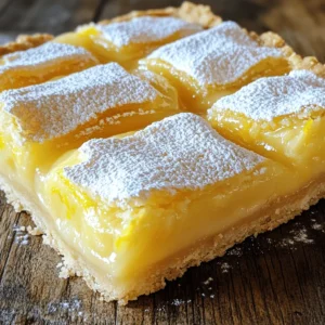 - 1 cup all-purpose flour - 1/2 cup powdered sugar - 1/4 cup unsalted butter, melted - 1/2 teaspoon salt - 2 large eggs - 1 cup granulated sugar - 1/4 cup fresh lemon juice - Zest of 1 lemon - 1/2 teaspoon baking powder These ingredients are the heart of my classic lemon bars. Each one plays a big role. The all-purpose flour gives structure. Powdered sugar makes the crust sweet and soft. Unsalted butter adds rich flavor. Fresh lemon juice brings the tartness we love. The zest gives a bright, fragrant note. - Additional lemon zest for garnish - Fresh berries for serving These optional ingredients can take your lemon bars to the next level. Extra lemon zest adds a pop of color and flavor on top. Fresh berries like raspberries or blueberries can provide a nice contrast. They look pretty and taste great with the tangy bars. For the full recipe and step-by-step instructions, refer to the [Full Recipe]. 1. First, preheat your oven to 350°F (175°C). This step warms the oven for even baking. 2. In a medium bowl, combine the following ingredients: - 1 cup all-purpose flour - 1/2 cup powdered sugar - 1/4 cup unsalted butter, melted - 1/2 teaspoon salt Mix until it looks like coarse crumbs. 3. Press this mixture into the bottom of an 8x8-inch baking dish. Make sure it covers the whole bottom. 4. Bake the crust for about 15-18 minutes. You want it to be lightly golden. 5. Once baked, remove the crust from the oven and let it cool slightly. 1. In a separate bowl, whisk together: - 2 large eggs - 1 cup granulated sugar - 1/4 cup fresh lemon juice - Zest of 1 lemon - 1/2 teaspoon baking powder Whisk until smooth and combined. 1. Pour the lemon filling over the slightly cooled crust. Spread it evenly. 2. Return the dish to the oven. Bake for another 20-25 minutes. Look for a light golden color to know it’s done. 3. After baking, let the lemon bars cool completely in the pan. 4. Lift the bars out using the parchment paper. Dust with powdered sugar before slicing. You can find the full recipe details for these tangy treats in the recipe section. Enjoy your lemon bars! To get the perfect crust, start with cold butter. Cut it into small cubes, then mix with flour and sugar. This keeps the crust flaky. Press the mixture firmly, but not too hard. You want it to hold together without being dense. Bake until it turns light golden. This takes about 15 to 18 minutes. Let the crust cool for a bit before adding the filling. Cooling helps the crust stay crisp. If you skip this step, the filling may make the crust soggy. When measuring lemon juice, use fresh lemons for the best taste. Roll the lemons on the counter before cutting. This helps release more juice. Strain the juice to remove seeds or pulp. Make sure to whisk the eggs and sugar until smooth. This ensures a creamy filling. When pouring the filling over the crust, do it gently. This helps keep the layers separate. Bake until the filling is set, about 20 to 25 minutes. The edges should look firm, while the center can still have a little jiggle. Dusting with powdered sugar should be light and even. Use a fine sieve for the best results. Hold it high above the bars to create an even layer. Lemon bars pair well with beverages like tea or lemonade. The tartness of the bars complements sweet drinks well. You can also serve them with fresh berries for a nice touch. For the full recipe, check out the complete details. {{image_2}} For a gluten-free version, swap the all-purpose flour for a gluten-free blend. Look for blends that include xanthan gum for better texture. You can also use almond flour or coconut flour, but adjust the amounts. These flours may need more liquid. For the filling, ensure the granulated sugar and eggs are gluten-free. Most lemon juice is gluten-free, but check the label. This will keep the lemon bars safe for all to enjoy. To add a twist, try herbs like basil. Basil pairs well with lemon's tang. Simply chop fresh basil finely and mix it into the filling. This will give a fresh, unique flavor. You can also use other citrus juices. Lime or orange juice can replace some lemon juice. This gives the bars a new taste. Mix and match for your favorite flavor! If you want bite-sized treats, use a mini muffin tin. Grease the tin well to prevent sticking. Pour the filling into each cup, filling them halfway. Adjust the baking time to around 15-18 minutes. Check for doneness by inserting a toothpick. If it comes out clean, they are ready! Mini lemon bars are perfect for parties or snacks. For the full recipe and to discover more about classic lemon bars, check out the [Full Recipe]. To keep your classic lemon bars fresh at room temperature, let them cool completely. Once cool, cover them with plastic wrap or place them in an airtight container. This keeps them moist and tasty. Avoid stacking them to prevent sticking. If you dust them with powdered sugar, do this just before serving to keep it pretty. If you want to save lemon bars for later, freezing is a great option. First, let them cool completely. Then, wrap each bar in plastic wrap and place them in a freezer bag. This helps prevent freezer burn. When you are ready to eat, take out the number of bars you want. Let them thaw in the fridge overnight. For a quick treat, you can also thaw them at room temperature. Lemon bars last about a week in the fridge. Keep them covered to stay fresh. If you see any mold or notice an off smell, it’s best to throw them away. Enjoy your lemon bars while they are still bright and zesty! Yes, you can make lemon bars ahead of time. To do this, bake and cool them fully. Then, cover them tightly in plastic wrap or store in an airtight container. They can stay fresh in the fridge for up to a week. If you want to store them longer, freeze them. Just remember to thaw them slowly in the fridge before serving. Look for a light golden top and a firm filling. The edges should look set. If you gently shake the pan, the filling should have a slight jiggle but not be liquid. This means the bars are done. Keep an eye on them, as overbaking can lead to dry lemon bars. Yes, you can use lime, orange, or grapefruit juice. Each citrus brings a unique flavor. Lime gives a more tropical taste, while orange adds sweetness. Adjust the sugar as needed, as some citrus can be sweeter than lemon. If your lemon bars taste too tart, you can add more sugar next time. If they are too sweet, cut back on the sugar or use less lemon juice. Finding the right balance is key for a perfect flavor. Taste as you mix to get it just right. To cut lemon bars cleanly, use a sharp knife. Dip the knife in hot water, then wipe it dry before cutting. This helps reduce sticking. Cut the bars while they are chilled for cleaner edges. Dust with powdered sugar after cutting for a beautiful finish. For a detailed recipe, check out the [Full Recipe]. Classic lemon bars are a sweet and tangy treat. They have a buttery crust and a smooth lemon filling. You can make them with just a few simple ingredients. The magic lies in the balance of flavors. The tartness of lemons pairs perfectly with the sweet sugar. - 1 cup all-purpose flour - 1/2 cup powdered sugar, plus extra for dusting - 1/4 cup unsalted butter, melted - 1/2 teaspoon salt - 2 large eggs - 1 cup granulated sugar - 1/4 cup fresh lemon juice - Zest of 1 lemon - 1/2 teaspoon baking powder Each ingredient plays a key role. The all-purpose flour forms the crust. Powdered sugar adds sweetness and a soft texture. Unsalted butter makes the crust rich. Salt enhances the flavors. The eggs bind the filling together. Granulated sugar sweetens the tart lemon juice. Fresh lemon juice gives a bright flavor. Lemon zest adds extra citrus aroma. Baking powder helps the filling rise slightly. The filling is the star of the show. Start with whisking the eggs and sugars until smooth. This step is important for a creamy texture. Next, add the fresh lemon juice and zest. They bring a burst of flavor. Finally, mix in the baking powder. This ensures your filling sets well. Once your crust is ready, pour the lemon filling over it. Bake it until the filling is set. You want it to be a light golden color. This usually takes about 20 to 25 minutes. After baking, let the bars cool in the pan. This helps them firm up. When cool, lift them out using the parchment paper. Dust with powdered sugar for a lovely finish. You can find the Full Recipe for this delicious treat. Enjoy every bite of this tangy delight! Lemon bars are easy to make with simple ingredients like flour, butter, and fresh lemons. We covered step-by-step instructions to help you achieve the perfect crust and filling. Plus, I shared tips for variations, storage, and serving suggestions. With this guide, you can enjoy classic lemon bars or explore new flavors. Remember, practice makes perfect. Enjoy your baking journey, and savor every bite of your delicious lemon bars!