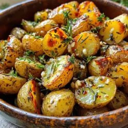 - 2 pounds baby potatoes, halved - 5 cloves garlic, minced - 1 tablespoon fresh rosemary, chopped - 1 tablespoon fresh thyme, chopped - 1 tablespoon fresh parsley, chopped - 3 tablespoons olive oil - 1 teaspoon paprika - Salt and pepper to taste Best types of potatoes for roasting I love using baby potatoes for this dish. Their small size makes them tender and sweet when roasted. You can also use Yukon Gold or red potatoes. They hold their shape well and have a nice flavor. Fresh vs. dried herbs Fresh herbs bring a bright taste to the dish. I prefer fresh rosemary, thyme, and parsley for their strong flavors. Dried herbs work too, but use less. Dried herbs are more potent than fresh. Selecting quality garlic Choose firm, plump garlic bulbs. Avoid any with soft spots or green shoots. Fresh garlic adds a strong, rich flavor to the potatoes. Mince it finely to spread the taste evenly. Great garlic makes all the difference in this dish. For the full recipe, check out Garlic Herb Roasted Potatoes. 1. Preheat the oven Set your oven to 425°F (220°C). This high heat helps to get crispy edges. 2. Preparing the potatoes and garlic Grab 2 pounds of baby potatoes and cut them in half. Then, take 5 cloves of garlic and mince them finely. You want to make sure all the flavors blend well. 3. Combining herbs and seasonings In a big bowl, mix the halved potatoes with the minced garlic. Add 1 tablespoon each of chopped rosemary, thyme, and parsley. Drizzle in 3 tablespoons of olive oil, and then sprinkle 1 teaspoon of paprika, along with salt and pepper to taste. Toss it all together until every potato is coated. 1. Spreading potatoes on the baking sheet Take a large baking sheet and spread the seasoned potatoes in a single layer. This step helps them cook evenly. 2. Roasting time and temperature Place the baking sheet in your preheated oven. Roast the potatoes for about 30-35 minutes. Make sure they become golden brown and crispy. 3. Flipping for even cooking At the halfway mark, take the sheet out and flip the potatoes. This ensures all sides get that nice, roasted texture. 1. How to check for doneness After roasting, check if the potatoes are done. They should be golden brown and easily pierced with a fork. 2. Cooling and serving tips Once cooked, take them out of the oven. Let them cool for a few minutes before serving. For a special touch, serve the potatoes in a rustic bowl and add more fresh herbs on top. For the complete process, refer to the Full Recipe. To achieve crispy edges on your Garlic Herb Roasted Potatoes, start by cutting the potatoes into equal sizes. This helps them cook evenly. Use a hot oven at 425°F (220°C) to get that nice crunch. Flip the potatoes halfway through cooking. This promotes an even golden color. Balancing flavors is key. Use fresh garlic and herbs like rosemary, thyme, and parsley for a bright taste. Don’t skip the salt and pepper; they enhance the natural flavors. A touch of paprika adds a warm kick that complements the dish. Olive oil plays a vital role in roasting. It helps the potatoes brown and adds a rich flavor. Use a good quality oil for the best taste. Drizzling it evenly over the potatoes ensures they cook well and don’t stick to the pan. For roasting, choose a heavy-duty baking sheet. Look for one with a rim to catch any juices. A non-stick or well-seasoned pan works wonders for easy cleanup. Use simple kitchen tools for this recipe. A large bowl helps mix the potatoes and seasonings well. A sharp knife eases cutting the potatoes, and a spatula is perfect for flipping them during cooking. Garlic Herb Roasted Potatoes pair well with many side dishes. They complement fresh salads or steamed veggies perfectly. Try serving them with grilled chicken or steak for a complete meal. For a fun twist, add a side of sour cream or yogurt. This adds a cool contrast to the warm, crispy potatoes. You can also sprinkle some extra herbs on top for a colorful finish. For the full recipe, check out the detailed steps to make this dish shine! {{image_2}} You can easily change the taste of garlic herb roasted potatoes. Adding fresh dill or basil gives a fresh twist. Both herbs add a unique flavor that brightens the dish. You can also mix in cheese, like Parmesan, for a creamy touch. A sprinkle of lemon zest brings in a citrus kick. This adds brightness and balances the garlic's richness. If you're looking for vegan options, you can swap olive oil with avocado oil. This keeps it plant-based while adding healthy fats. For gluten-free needs, this recipe is already gluten-free. Just ensure any added ingredients also meet this requirement, like cheese alternatives. For a Mediterranean style, add olives and capers. This creates a tangy flavor that pairs well. You can also try a spicy version. Add chili flakes or cayenne for a kick. This makes the dish exciting and perfect for those who love heat. Explore these variations to find your favorite flavor profile! To store your leftover Garlic Herb Roasted Potatoes, place them in an airtight container. This keeps them fresh and safe. You can put them in the fridge right after they cool down. They will last about 3 to 5 days in the refrigerator. Make sure to check them for any signs of spoilage before eating. If you want to keep your roasted potatoes longer, freezing works well. Spread the cooled potatoes on a baking sheet in a single layer. Freeze them for about 1 to 2 hours. Once frozen, transfer them to a freezer bag. This helps prevent them from sticking together. When you're ready to eat them, reheat them in the oven. This keeps them crispy and delicious. You can add leftover potatoes to many dishes. Try mixing them into a breakfast hash or a savory frittata. They also work well in soups or salads. To reheat, use the oven or a skillet. This helps keep their tasty crunch. For the best results, heat them at a low temperature to warm them through. To keep roasted potatoes crispy, choose smaller potatoes and cut them evenly. Always dry the potatoes well before cooking. Use enough olive oil to coat them, but avoid overdoing it. Spread them out on the baking sheet. This keeps them from steaming. Roasting at a high temperature, like 425°F, helps a lot. Flip the potatoes halfway through cooking for even browning. Yes, you can use other types of potatoes. Yukon Gold and red potatoes work well too. They have a creamy texture and hold their shape well. You can even try fingerling potatoes for a fun twist. Just make sure they are cut to a similar size. This helps them cook evenly. If you don't have fresh herbs, dried herbs work too. Use one-third the amount of dried herbs as fresh. For example, if a recipe calls for 1 tablespoon of fresh rosemary, use 1 teaspoon of dried. You can also use herb blends like Italian seasoning. This adds a nice flavor without needing fresh herbs. Garlic Herb Roasted Potatoes take about 30-35 minutes to cook. Preheat your oven to 425°F. Spread the potatoes in a single layer. Bake until they are golden brown and crispy. Make sure to flip them halfway through for even cooking. Check for doneness by poking with a fork; they should be tender inside. Yes, roasted potatoes can be healthy. They are a great source of fiber and vitamins. Using olive oil instead of butter adds healthy fats. Keep the seasonings light to avoid extra calories. Pair with veggies or a salad for a balanced meal. Enjoying them in moderation is key to a healthy diet. For the full recipe, check out the Garlic Herb Roasted Potatoes section. In this article, we explored how to make tasty Garlic Herb Roasted Potatoes. We covered key ingredients, tips for the best results, and step-by-step instructions. I shared ideas for variations, storage methods, and answered common questions. Overall, roasting potatoes can be simple and fun. Use fresh herbs and quality ingredients for the best flavor. Enjoy making this dish for your friends or family; it's sure to impress!