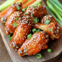 - 2 pounds chicken wings - ¼ cup gochujang (Korean red chili paste) - 1 tablespoon sesame oil - 1 tablespoon vegetable oil - 4 cloves garlic, minced - 1 tablespoon fresh ginger, grated - 2 tablespoons soy sauce - 2 tablespoons honey - 1 tablespoon rice vinegar - 1 tablespoon sesame seeds (for garnish) - 2 green onions, sliced (for garnish) - Baking sheet and wire rack - Mixing bowls and measuring spoons - Tongs for flipping wings When you gather your ingredients, ensure they are fresh. The chicken wings are the star, so choose good quality ones. Gochujang adds that spicy kick. The sesame oil and vegetable oil help with the cooking and flavor. Don't skip the garlic and ginger; they add depth to each bite. For garnishing, sesame seeds and green onions make your dish pop visually. They also enhance the flavors. To cook these wings perfectly, you'll need a baking sheet and a wire rack. This setup allows hot air to circulate. Mixing bowls and measuring spoons help in combining your ingredients. Lastly, tongs are key for flipping the wings during cooking. For the full recipe, check out the detailed instructions. Enjoy the process of creating these spicy delights! To start, you need to preheat your oven. Set it to 425°F (220°C). This helps the wings cook evenly and get crispy. Next, prepare your baking sheet. Line it with aluminum foil for easy cleanup. Place a wire rack on top of the sheet. This lets air flow around the wings. Now, let's mix the marinade ingredients. In a large bowl, add the chicken wings, sesame oil, and vegetable oil. Then, toss in the minced garlic and grated ginger. Stir until the wings are well coated. In another bowl, mix gochujang, soy sauce, honey, rice vinegar, salt, and pepper. This creates a spicy, sweet sauce. Pour this marinade over the chicken wings. Toss again to ensure each wing gets a good coat. Arrange the marinated wings on the wire rack. Make sure they are in a single layer. Leave space between each wing for proper cooking. Bake the wings in your preheated oven for 30 to 35 minutes. Flip them halfway through cooking. This helps them get crispy and golden brown. Once done, remove them from the oven. Let them rest for 5 minutes. Before you serve, garnish with sesame seeds and sliced green onions. For the full recipe, check the section above. To get the best crispy wings, space them well on the rack. If the wings touch, they will steam instead of crisp up. Make sure they sit in a single layer. Adjust the cooking time if your wings are larger. Bigger wings may need a few extra minutes to cook. Keep an eye on them to avoid burning. You can adjust the heat by adding more or less gochujang. If you want a mild spice, start small. You can always add more later. Consider adding extra garlic or ginger to the marinade. These add depth and flavor, making your wings even tastier. Serve the wings on a large platter for a great look. Add fresh vegetable sticks like cucumber and carrot for color. Pair your wings with a small bowl of extra gochujang for dipping. This adds an extra kick and keeps things fun. {{image_2}} You can mix up the flavors of your spicy Korean chicken wings. One great option is honey garlic. Simply add honey and minced garlic to your marinade. This gives the wings a sweet and savory taste. Another fun twist is a sweet and spicy mix. Combine gochujang with some brown sugar or maple syrup. This balances the heat and adds a nice sweetness. You can cook your wings in different ways. An air fryer is a quick and easy method. This makes the wings crispy without much oil. Just cook them for about 25 minutes at 400°F (200°C). If you prefer more flavor, try grilling. Cooking on a grill gives the wings a smoky taste. Grill them for 20-25 minutes, turning often. For those needing gluten-free options, swap soy sauce for tamari. It has a similar taste without gluten. If you want low-sugar or keto variations, use a sugar substitute, like erythritol. You can also skip the honey or reduce the amount in the marinade. This keeps the wings tasty without all the sugar. For the full recipe, check out the detailed steps above! After enjoying your spicy Korean chicken wings, store any leftovers right away. Place the wings in an airtight container. This helps keep them fresh and tasty. You can also use a resealable plastic bag. Just make sure to remove as much air as possible. Store them in the fridge for up to three days. When it comes to reheating, the oven works best. Preheat it to 350°F (175°C). Place the wings on a baking sheet. Heat for about 10-15 minutes. This method helps keep them crispy. If you use a microwave, the wings may become soggy. If you want to restore crispiness, try using a toaster oven. It heats and crisps them more evenly. If you want to keep your wings longer, freezing is a great option. First, let the wings cool completely. You can place them in a single layer on a baking sheet. Freeze until solid, then transfer them to a freezer bag. This helps prevent freezer burn. When you’re ready to eat, don’t forget to thaw them in the fridge overnight. You can also use the microwave for quick thawing, but be careful not to cook them. Gochujang is a thick, red chili paste from Korea. It has a sweet and spicy flavor. You can find it in most Asian grocery stores. Many large supermarkets also carry it in their international aisle. Look for it in jars or squeeze bottles. Yes, you can use chicken drumsticks or thighs. If you use drumsticks, cook them for about 40-45 minutes. Thighs may need 35-40 minutes. Adjust the cooking time based on the size of the pieces. The best way is to check the internal temperature. Chicken wings need to reach 165°F (75°C). You can use a meat thermometer to check this. Also, look for visual cues. The skin should be crispy and golden brown. The juices should run clear when pierced. If both these signs are present, your wings are ready to enjoy! In this blog post, I detailed how to make spicy Korean chicken wings. We covered the ingredients, including chicken wings, gochujang, and other seasonings. I shared step-by-step instructions for prepping, marinating, and baking the wings. You also learned handy tips for achieving crispy wings and suggestions for variations. Don’t forget the best ways to store and reheat leftovers. Enjoy these tasty wings at your next gathering, and make them your way!
