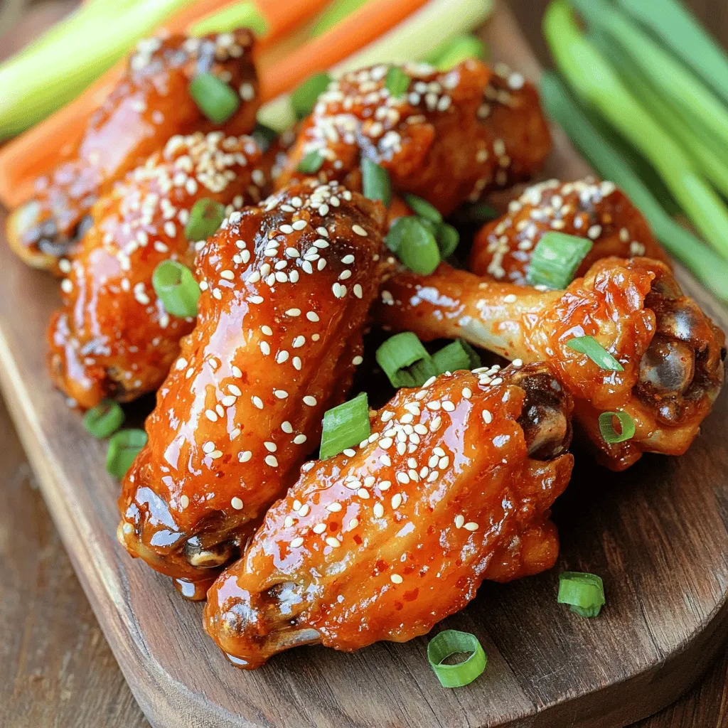 - 2 pounds chicken wings - ¼ cup gochujang (Korean red chili paste) - 1 tablespoon sesame oil - 1 tablespoon vegetable oil - 4 cloves garlic, minced - 1 tablespoon fresh ginger, grated - 2 tablespoons soy sauce - 2 tablespoons honey - 1 tablespoon rice vinegar - 1 tablespoon sesame seeds (for garnish) - 2 green onions, sliced (for garnish) - Baking sheet and wire rack - Mixing bowls and measuring spoons - Tongs for flipping wings When you gather your ingredients, ensure they are fresh. The chicken wings are the star, so choose good quality ones. Gochujang adds that spicy kick. The sesame oil and vegetable oil help with the cooking and flavor. Don't skip the garlic and ginger; they add depth to each bite. For garnishing, sesame seeds and green onions make your dish pop visually. They also enhance the flavors. To cook these wings perfectly, you'll need a baking sheet and a wire rack. This setup allows hot air to circulate. Mixing bowls and measuring spoons help in combining your ingredients. Lastly, tongs are key for flipping the wings during cooking. For the full recipe, check out the detailed instructions. Enjoy the process of creating these spicy delights! To start, you need to preheat your oven. Set it to 425°F (220°C). This helps the wings cook evenly and get crispy. Next, prepare your baking sheet. Line it with aluminum foil for easy cleanup. Place a wire rack on top of the sheet. This lets air flow around the wings. Now, let's mix the marinade ingredients. In a large bowl, add the chicken wings, sesame oil, and vegetable oil. Then, toss in the minced garlic and grated ginger. Stir until the wings are well coated. In another bowl, mix gochujang, soy sauce, honey, rice vinegar, salt, and pepper. This creates a spicy, sweet sauce. Pour this marinade over the chicken wings. Toss again to ensure each wing gets a good coat. Arrange the marinated wings on the wire rack. Make sure they are in a single layer. Leave space between each wing for proper cooking. Bake the wings in your preheated oven for 30 to 35 minutes. Flip them halfway through cooking. This helps them get crispy and golden brown. Once done, remove them from the oven. Let them rest for 5 minutes. Before you serve, garnish with sesame seeds and sliced green onions. For the full recipe, check the section above. To get the best crispy wings, space them well on the rack. If the wings touch, they will steam instead of crisp up. Make sure they sit in a single layer. Adjust the cooking time if your wings are larger. Bigger wings may need a few extra minutes to cook. Keep an eye on them to avoid burning. You can adjust the heat by adding more or less gochujang. If you want a mild spice, start small. You can always add more later. Consider adding extra garlic or ginger to the marinade. These add depth and flavor, making your wings even tastier. Serve the wings on a large platter for a great look. Add fresh vegetable sticks like cucumber and carrot for color. Pair your wings with a small bowl of extra gochujang for dipping. This adds an extra kick and keeps things fun. {{image_2}} You can mix up the flavors of your spicy Korean chicken wings. One great option is honey garlic. Simply add honey and minced garlic to your marinade. This gives the wings a sweet and savory taste. Another fun twist is a sweet and spicy mix. Combine gochujang with some brown sugar or maple syrup. This balances the heat and adds a nice sweetness. You can cook your wings in different ways. An air fryer is a quick and easy method. This makes the wings crispy without much oil. Just cook them for about 25 minutes at 400°F (200°C). If you prefer more flavor, try grilling. Cooking on a grill gives the wings a smoky taste. Grill them for 20-25 minutes, turning often. For those needing gluten-free options, swap soy sauce for tamari. It has a similar taste without gluten. If you want low-sugar or keto variations, use a sugar substitute, like erythritol. You can also skip the honey or reduce the amount in the marinade. This keeps the wings tasty without all the sugar. For the full recipe, check out the detailed steps above! After enjoying your spicy Korean chicken wings, store any leftovers right away. Place the wings in an airtight container. This helps keep them fresh and tasty. You can also use a resealable plastic bag. Just make sure to remove as much air as possible. Store them in the fridge for up to three days. When it comes to reheating, the oven works best. Preheat it to 350°F (175°C). Place the wings on a baking sheet. Heat for about 10-15 minutes. This method helps keep them crispy. If you use a microwave, the wings may become soggy. If you want to restore crispiness, try using a toaster oven. It heats and crisps them more evenly. If you want to keep your wings longer, freezing is a great option. First, let the wings cool completely. You can place them in a single layer on a baking sheet. Freeze until solid, then transfer them to a freezer bag. This helps prevent freezer burn. When you’re ready to eat, don’t forget to thaw them in the fridge overnight. You can also use the microwave for quick thawing, but be careful not to cook them. Gochujang is a thick, red chili paste from Korea. It has a sweet and spicy flavor. You can find it in most Asian grocery stores. Many large supermarkets also carry it in their international aisle. Look for it in jars or squeeze bottles. Yes, you can use chicken drumsticks or thighs. If you use drumsticks, cook them for about 40-45 minutes. Thighs may need 35-40 minutes. Adjust the cooking time based on the size of the pieces. The best way is to check the internal temperature. Chicken wings need to reach 165°F (75°C). You can use a meat thermometer to check this. Also, look for visual cues. The skin should be crispy and golden brown. The juices should run clear when pierced. If both these signs are present, your wings are ready to enjoy! In this blog post, I detailed how to make spicy Korean chicken wings. We covered the ingredients, including chicken wings, gochujang, and other seasonings. I shared step-by-step instructions for prepping, marinating, and baking the wings. You also learned handy tips for achieving crispy wings and suggestions for variations. Don’t forget the best ways to store and reheat leftovers. Enjoy these tasty wings at your next gathering, and make them your way!