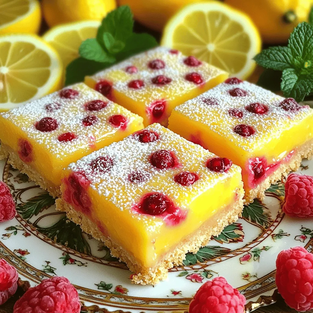 To make Raspberry Lemonade Bars, you will need the following ingredients: - 1 cup all-purpose flour - 1/4 cup powdered sugar - 1/2 cup unsalted butter, melted - 2 large eggs - 1 cup granulated sugar - 1/4 cup fresh lemon juice (about 2 lemons) - 1 teaspoon lemon zest - 1 cup fresh raspberries (or frozen, thawed) - 1/2 teaspoon baking powder - Pinch of salt - Extra powdered sugar for dusting Each ingredient plays a key role in the flavor and texture of the bars. The flour forms the crust, while the butter adds richness. Eggs create the creamy filling, and the sugars sweeten everything. Fresh lemon juice and zest bring zesty brightness. Raspberries add a burst of flavor and color, making these bars a true delight. Make sure to use fresh lemons for the best taste. If you can't find fresh raspberries, frozen ones work too. Just thaw them and drain the excess water. This recipe combines all these elements for a refreshing summer treat. For the full recipe, see the instructions. Preheating the Oven Start by preheating your oven to 350°F (175°C). This step is key for baking. Mixing and Pressing Ingredients In a medium bowl, mix 1 cup of all-purpose flour with 1/4 cup of powdered sugar. Stir in 1/2 cup of melted unsalted butter until the mixture looks crumbly. Next, press this mixture evenly into the bottom of a greased or lined 8x8 inch baking dish. Baking the Crust Bake the crust for about 15 minutes. Look for it to be lightly golden. This crust will hold all the yummy filling. Whisking Eggs and Sugar While the crust bakes, whisk together 2 large eggs and 1 cup of granulated sugar in a bowl. Mix until it's well combined. Adding Lemon Juice and Zest Add in 1/4 cup of fresh lemon juice and 1 teaspoon of lemon zest. Also, mix in 1/2 teaspoon of baking powder and a pinch of salt. Keep mixing until the filling is smooth and ready for raspberries. Folding in Raspberries Gently fold in 1 cup of fresh raspberries. Be careful not to break them. You want the berries to stay whole for bursts of flavor. Pouring Filling over Crust Once the crust is done, remove it from the oven. Pour the raspberry-lemon filling over the hot crust and spread it evenly. Baking Time and Visual Cues Return the dish to the oven. Bake for 20-25 minutes, until the filling sets and the edges turn golden. You'll know it's done when a toothpick comes out clean. Cooling and Dusting After baking, take the bars out and let them cool in the dish on a wire rack. Once cool, dust the top with extra powdered sugar. This adds a sweet touch. Now, cut into squares and enjoy! For the full recipe, check out the details above. - Avoid Overmixing: When you mix the filling, do it gently. Overmixing can lead to a tough texture. You want a light and airy filling that melts in your mouth. - Correct Baking Temperature: Always preheat your oven to 350°F (175°C). This ensures even cooking. Use an oven thermometer if needed to check the heat. - Using Fresh vs. Frozen Raspberries: Fresh raspberries give a bright taste. If you use frozen, thaw and drain them first. This keeps the filling from being too watery. - Balancing Sweetness and Tartness: Adjust the sugar based on your taste. If you like it tangy, add a little more lemon juice. This gives a nice kick to the bars. - Plating Ideas: Serve the bars on a colorful plate. This makes them look even more inviting. Add fresh raspberries and lemon slices around them. - Garnishing Tips: Dust the top with powdered sugar for a sweet touch. A sprig of mint adds color and freshness. This makes your dessert pop! For more detailed steps, check out the Full Recipe. {{image_2}} Adding Other Fruits You can mix in other fruits to change the taste. Try using blueberries or strawberries. Both will add a new flavor twist. You can also use a mix of berries. This gives you a fun, colorful dessert. Just make sure the total fruit amount stays the same. Incorporating Herbs like Mint Adding fresh mint brings a delightful touch. Mint pairs well with lemon and raspberry. You can finely chop the mint leaves and fold them into the filling. This adds a refreshing note and makes your bars even tastier. Gluten-Free Options To make these bars gluten-free, swap the all-purpose flour. Use a gluten-free flour blend instead. Many work well and create a similar texture. Just ensure it has a binding agent for the best results. Vegan Adaptations For a vegan version, you can replace eggs with flax eggs. Mix one tablespoon of ground flaxseed with three tablespoons of water for each egg. Let it sit until it thickens. You can also use vegan butter instead of regular butter. This way, everyone can enjoy the bars! Pairing with Ice Cream or Whipped Cream These bars taste amazing with ice cream or whipped cream. A scoop of vanilla ice cream adds creaminess. Whipped cream gives a light texture. Both make the dessert feel extra special. Serving with Beverages Serve these bars with refreshing drinks. Lemonade or iced tea are perfect choices. Their flavors match well and enhance the whole experience. You can even make a fun drink with fresh raspberries. This way, you tie your dessert and drink together beautifully. For the complete recipe, check out the [Full Recipe]. - Refrigeration Tips: To keep raspberry lemonade bars fresh, store them in an airtight container. Place a piece of parchment paper between layers to prevent sticking. They can last in the fridge for about a week. - Freezing Options: You can freeze these bars for longer storage. Cut them into squares, wrap each piece in plastic wrap, and place them in a freezer bag. They keep well for up to three months. Just remember to label the bag with the date! - How Long Do They Last?: When stored properly, raspberry lemonade bars last up to one week in the fridge. If frozen, they can last up to three months. - Signs of Spoilage: Check for any off smells, discoloration, or mold. If you see any of these signs, it’s best to toss them out. - Best Methods for Enjoying Leftovers: If you prefer warm bars, reheat them in the oven. Set the oven to 350°F (175°C) and place the bars on a baking sheet for about 10 minutes. You can also enjoy them cold straight from the fridge! Yes, you can use bottled lemon juice. However, fresh juice tastes better. Fresh lemons have a bright flavor. Bottled juice often lacks this zing. If you use bottled juice, check the label for additives. You can tell by looking at the edges. They should be lightly golden and firm. The center should not jiggle when you shake the pan. A toothpick inserted in the center should come out clean. If you don’t have raspberries, you can use other fruits. Blueberries or strawberries work well too. You can also try blackberries or even chopped peaches. Just adjust the sweetness if needed. Yes, you can make these bars ahead of time. They stay fresh for a few days in the fridge. Store them in an airtight container for best results. You can also freeze them for longer storage. Just thaw them in the fridge before serving. Each bar has about 180 calories. They contain around 8 grams of fat and 23 grams of carbs. There is also about 1 gram of protein. For a full breakdown, check the [Full Recipe]. You learned how to make delicious raspberry lemonade bars step by step. From mixing the crust to baking the filling, each step is key for great bars. Don’t forget tips for the perfect texture and great serving ideas. You can even try fun variations and dietary options. Enjoy these sweet and tangy bars fresh or stored for later. They are a treat for any occasion. Happy baking!