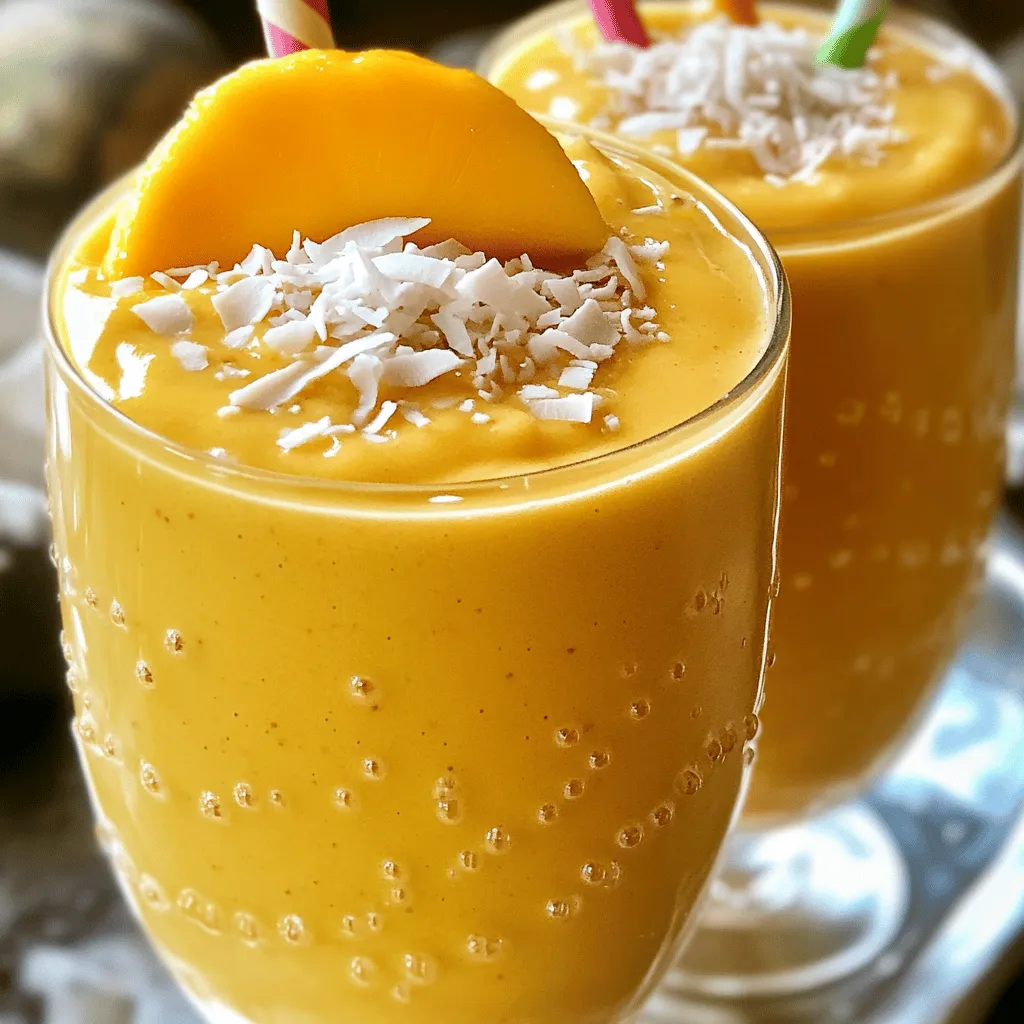 To make a delicious creamy coconut mango smoothie, you need a few simple ingredients. Here’s what you will need: - Ripe mango (peeled and diced) - Coconut milk (canned or fresh) - Banana (sliced) - Sweetener options (honey or maple syrup) - Greek yogurt (optional for creaminess) - Vanilla extract - Ice cubes - Pinch of salt Each of these ingredients plays an important role in creating a smoothie that is both tasty and refreshing. The ripe mango adds a sweet, fruity flavor and a vibrant color. Coconut milk gives a rich creaminess, while the banana adds smoothness and a touch of sweetness. If you want an even creamier texture, you can add Greek yogurt. It also packs in some protein, making your smoothie more filling. The vanilla extract adds a lovely aroma and enhances all the flavors. Don't forget the ice cubes! They chill your drink and make it a perfect treat on a hot day. Finally, a pinch of salt helps to balance the sweetness and brings out the flavors. Now that you know what you need, let’s blend these ingredients together for a delightful drink. For the full recipe, check out the complete details above. To start, grab your blender. First, combine the following ingredients: - 1 ripe mango, peeled and diced - 1 cup coconut milk (canned or fresh) - 1 banana, sliced - 1 tablespoon honey or maple syrup (adjust to taste) - 1/2 cup Greek yogurt (optional) - 1/4 teaspoon vanilla extract - A pinch of salt Blend these until they mix well. Next, add the ice cubes. This gives the smoothie a refreshing chill. Blend again until smooth. You want a silky texture with no lumps. After blending, check the thickness. If it seems too thick, pour in a little more coconut milk. Blend again until it reaches your desired consistency. Now, taste your smoothie. If you want it sweeter, add more honey or maple syrup. Blend once more to mix in the sweetness. Once your smoothie is perfectly blended, pour it into chilled glasses. This keeps it cool for longer. For a lovely presentation, garnish with a slice of fresh mango or a sprinkle of shredded coconut. Colorful straws can add a fun touch. Enjoy this delicious creamy coconut mango smoothie with friends or family! For the full recipe, check out the details above. To make your smoothie creamy, start with a ripe mango. Ripe mangoes are sweet and soft, adding smoothness. If you can, pick one that gives slightly when you press it. Adding Greek yogurt is another way to boost creaminess. It has a thick texture and adds protein, making your smoothie more filling. Use a high-speed blender for the best results. It blends everything evenly and quickly. If your blender has settings, use the high-speed option for a smoother blend. If you want to avoid chunks, blend for longer. Stop and scrape down the sides if needed. You can add more coconut milk if it gets too thick. You can make your smoothie even better by adding extras. Try a little ginger for a kick or some spinach for added nutrients. Both add a new taste without overpowering the mango flavor. You can also sprinkle in spices like cinnamon or nutmeg for a unique twist. These small changes make a big difference in taste. If you want the full recipe, check out the Full Recipe. {{image_2}} If you want a dairy-free smoothie, you have great choices. You can use plant-based yogurt, like almond or coconut yogurt, instead of Greek yogurt. This keeps the creaminess while making it suitable for those who avoid dairy. For milk, consider using almond milk, oat milk, or soy milk. These options provide a similar texture and flavor without any dairy. To boost nutrition, add protein powder. Whey or plant-based protein works well. You can also mix in other fruits. Pineapple adds a sweet tartness. Berries like strawberries or blueberries can enhance the flavor. They also bring extra vitamins and antioxidants. For a tropical twist, include fruits like passion fruit or kiwi. These fruits add bright colors and flavors. During the holidays, think about adding spices. A pinch of cinnamon or nutmeg can create a festive touch. This variation can make your smoothie feel special and seasonal. For the full recipe, check out the Creamy Coconut Mango Smoothie section. To keep your smoothie fresh, store it in the fridge. Use an airtight container to prevent air from spoiling it. Glass jars or plastic bottles work well. Make sure to drink it within 24 hours for the best taste. Freezing is a great option if you want to save some for later. Pour the smoothie into ice cube trays or freezer-safe bags. It can last up to three months in the freezer. When you're ready to enjoy it, thaw it in the fridge overnight or blend it straight from the freezer for a thicker drink. To keep your mangos and coconuts fresh, store them in a cool, dry place. For best flavor, buy ripe fruits. Prepping ingredients ahead of time helps too. You can cut and freeze mango or store coconut milk in the fridge to use later. This way, you can whip up your creamy coconut mango smoothie anytime! For the full recipe, check the earlier section. To make this smoothie vegan, you can swap out a few ingredients. Use plant-based yogurt instead of Greek yogurt. For the milk, choose coconut milk or almond milk. Instead of honey, try maple syrup or agave nectar for sweetness. These simple swaps keep the creamy texture while making it vegan-friendly. Yes, you can use frozen mango! Frozen mango gives your smoothie a thicker and colder texture. It may also add a slight sweetness. If you use frozen mango, you can skip the ice cubes or add less. This keeps your smoothie smooth and creamy. Coconut and mango smoothies offer many health benefits. Mango is rich in vitamins A and C. It supports your immune system and skin health. Coconut milk provides healthy fats for energy. It may also aid digestion. A typical serving of this smoothie has around 300-400 calories, depending on the added ingredients. Enjoying this refreshing drink not only satisfies your sweet tooth but also boosts your nutrition. This blog post covered everything you need to make a delicious mango smoothie. We listed the main ingredients, detailed the steps, and shared tips for perfecting texture and flavor. Remember to try different fruits and spices to find your favorite twist. Store leftovers properly and enjoy this healthy drink whenever you want. With these insights, you're ready to blend a delightful mango smoothie that can fit your taste and dietary needs. Enjoy every sip and get creative in the kitchen!