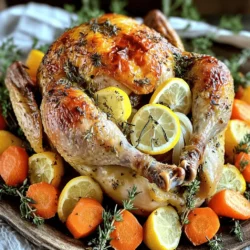 To make this delicious dish, gather the following ingredients: - 1 whole chicken (about 4-5 pounds) - 4 cloves garlic, minced - 2 lemons (one juiced, one sliced) - 1/4 cup olive oil - 2 tablespoons fresh rosemary, chopped (or 1 tablespoon dried) - 1 tablespoon fresh thyme leaves (or 1/2 tablespoon dried) - Salt and pepper to taste - 1 onion, quartered - 2 cups baby carrots (or your choice of vegetables) Each serving of Lemon Garlic Roasted Chicken has around: - Calories: 350 - Protein: 30g - Fat: 20g - Carbohydrates: 10g - Fiber: 2g This meal is not only tasty but also packed with protein and healthy fats. You can easily swap some ingredients if needed: - Chicken: Use chicken parts, like thighs or breasts. - Garlic: Garlic powder can work in a pinch. - Lemon: Use lime juice for a different flavor. - Olive Oil: Avocado oil is a great alternative. - Herbs: Feel free to mix in your favorite herbs like sage or oregano. - Vegetables: Use any veggies you like, such as potatoes or green beans. For more detailed steps, check the Full Recipe. First, gather all your ingredients. You need a whole chicken, garlic, lemons, olive oil, herbs, salt, pepper, onion, and carrots. This makes the dish flavorful and bright. Next, preheat your oven to 425°F (220°C). This step is crucial for the perfect roast. While the oven warms up, prepare your marinade. In a small bowl, mix the olive oil, minced garlic, lemon juice, and chopped herbs. Add salt and pepper for taste. This mixture will bring out the best flavors in your chicken. Now, pat the chicken dry with paper towels. This helps the skin get crispy. Carefully loosen the skin over the chicken breast and thighs. Use your fingers to create space, but be gentle. Rub half of the marinade under the skin. This adds flavor directly to the meat. Next, spread the rest of the marinade all over the chicken's outside. Cover every part, including the wings and legs. Stuff the chicken’s cavity with the quartered onion and lemon slices. This keeps the chicken juicy and adds flavor. Place the baby carrots around the chicken in the roasting pan. They will cook and soak up delicious juices. Finally, tie the chicken legs with kitchen twine. Tuck the wing tips under the body. This helps the chicken cook evenly. Place the chicken in the preheated oven. Roast for about 1 hour and 15 minutes. Use a meat thermometer to check the internal temperature. It should be at least 165°F (75°C) for safety. Halfway through roasting, spoon some juices from the pan over the chicken. This keeps it moist and flavorful. When the chicken is done, take it out of the oven. Let it rest for 10-15 minutes before carving. Resting helps the juices settle back into the meat. To get a golden brown color, keep the oven hot. Avoid opening the oven door too often. This lets heat escape and slows cooking. Using the marinade all over the chicken helps with browning. The oil in the marinade creates a nice crust on the skin. If you want extra crispy skin, try broiling for the last few minutes. Just watch closely so it doesn’t burn. These steps ensure a visually appealing and tasty Lemon Garlic Roasted Chicken. For the full recipe, check the earlier section. To make your chicken juicy, start with a whole bird. A 4-5 pound chicken works best. Before cooking, dry it well with paper towels. This helps the skin crisp up. Use a flavorful marinade made of olive oil, garlic, and lemon juice. Rub the marinade under the skin. This adds flavor directly to the meat. Let the chicken sit for at least 30 minutes before roasting. This allows the flavors to soak in. During roasting, baste the chicken with its juices halfway through. This keeps the meat moist and delicious. One common mistake is not drying the chicken. Wet skin won’t crisp up in the oven. Another mistake is rushing the marinade. If you skip marinating, the chicken lacks flavor. Don’t forget to check the temperature. Use a meat thermometer to ensure the chicken reaches 165°F. Letting the chicken rest before carving is also key. Cutting into it too soon can let all the juices escape. Using the right tools makes cooking easier. A sturdy roasting pan helps the chicken cook evenly. A meat thermometer is essential for checking doneness. Use kitchen twine to tie the legs together. This helps the chicken cook uniformly. I also recommend a sharp knife for carving. A cutting board is important for cutting the chicken safely. For a beautiful presentation, a large platter works best. You can find the full recipe for Lemon Garlic Roasted Chicken in the article. {{image_2}} You can add more flavors by roasting vegetables with the chicken. Use baby carrots, onions, and potatoes. These vegetables soak up the garlic and lemon juices. They add a nice color to your meal too. Just arrange them around the chicken in the roasting pan. This way, they cook in the chicken's juices, making them tasty. You can also try zucchini, bell peppers, or asparagus. Each veggie gives a different taste, so have fun with it! While rosemary and thyme work great, feel free to explore other herbs. Oregano and parsley can add a fresh kick. You might also enjoy adding a pinch of paprika for a bit of heat. For a citrus twist, add some fresh dill or basil. Mix and match these herbs to find your perfect blend. Just remember, fresh herbs yield stronger flavors than dried ones. So adjust your amounts accordingly! You can prepare this dish in different ways. Roasting gives you a crispy skin and juicy meat. It creates a warm, comforting aroma in your kitchen. Grilling, on the other hand, adds a smoky flavor to the chicken. For grilling, marinate the chicken as usual, then cook it on medium heat. This will keep it juicy and tender. Both methods yield delicious results, so choose what fits your mood. Each method has unique flavors and textures, so try them both! After you enjoy your Lemon Garlic Roasted Chicken, let it cool down. Place any leftovers in an airtight container. Make sure to seal it tightly. Store it in the fridge for up to 3 days. This keeps the chicken safe and tasty. If you need more time, consider freezing it. To reheat, use your oven or microwave. If using the oven, preheat it to 350°F (175°C). Place the chicken in a baking dish and cover it with foil. Heat for about 20-25 minutes or until warm. If using a microwave, slice the chicken into smaller pieces. Heat it for 1-2 minutes, checking often. This helps keep it juicy. If you want to freeze the chicken, do it within two days of cooking. Wrap it well in plastic wrap, then place it in a freezer bag. This prevents freezer burn. Label the bag with the date. You can store it in the freezer for up to 3 months. To thaw, move it to the fridge overnight before reheating. For more details, check the Full Recipe. The best way to season chicken is to use a mix of flavors. I love using salt, pepper, and herbs. Fresh herbs like rosemary and thyme work well. You can also add garlic and lemon juice for a bright taste. Rub the seasoning all over the chicken, under the skin, and in the cavity. This allows the flavors to soak in. Remember, the more you season, the better your chicken will taste! Yes, you can use chicken parts! Using thighs, breasts, or drumsticks makes cooking easier. Just adjust the cooking time. Bone-in pieces take longer than boneless ones. You can still use the same marinade from the full recipe. Just coat the chicken parts well and roast them until they are golden and cooked through. This way, you’ll still enjoy that lemon garlic flavor! To know if your chicken is done, check the temperature. Use a meat thermometer to measure. The internal temperature should be at least 165°F (75°C). You can also check the juices. If they run clear, it's a good sign. If the juices are pink, it needs more cooking time. Always let the chicken rest before carving. This helps keep it juicy and tender. You’ve learned how to make a flavorful lemon garlic roasted chicken. We explored ingredients, preparation steps, and ways to keep the chicken juicy. Variations and storage tips can help you serve this dish in many ways. Remember, avoid common mistakes to achieve the best results. With a little practice, you can impress anyone at your table. Enjoy exploring this tasty recipe and make it your own!