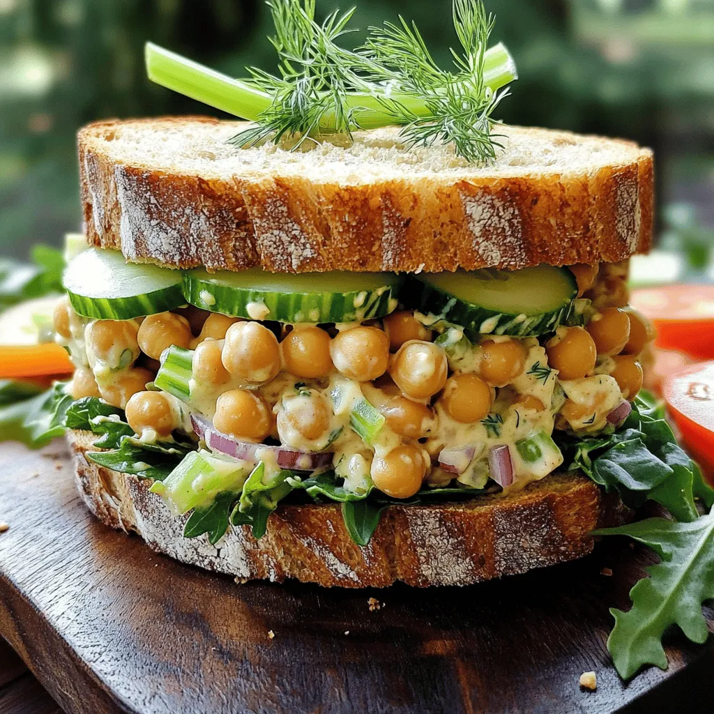 - 1 can (15 oz) chickpeas, drained and rinsed - 1/4 cup vegan mayonnaise - 1 stalk celery, finely chopped - 1/4 red onion, finely chopped - 1/4 cup bell pepper (any color), finely chopped - 1 tablespoon Dijon mustard - 1 tablespoon lemon juice - 1 tablespoon fresh dill or parsley, chopped - Salt and pepper to taste Chickpeas are the star of this salad. They give a nice texture and protein boost. Rinsing them helps remove extra sodium, making your meal healthier. Mixing in vegan mayonnaise adds creaminess. You can use different veggies like celery, red onion, or bell pepper. They add crunch and flavor. - Leafy greens (spinach or lettuce) for serving - Sliced tomatoes or cucumbers for added toppings Adding leafy greens makes your sandwich fresh and colorful. Spinach or lettuce works well. You can also add sliced tomatoes or cucumbers for extra taste and nutrition. These toppings bring a nice balance to the creamy chickpea salad. - Whole grain - Sourdough - Gluten-free options The bread you choose makes a big difference. Whole grain bread adds fiber. Sourdough gives a tangy flavor and a great crunch. If you need gluten-free, look for brands that use almond or rice flour. Each choice can change your sandwich experience. For the full recipe, check out the detailed steps to create this delicious Vegan Chickpea Salad Sandwich! How do I mash chickpeas effectively? To mash chickpeas, use a fork or potato masher. Press down until some chickpeas are smooth and others stay whole. This mix gives your salad the right texture. What steps do I take to mix the chickpea salad ingredients? In a medium mixing bowl, add your mashed chickpeas. Then, pour in 1/4 cup of vegan mayonnaise, 1 tablespoon of Dijon mustard, and 1 tablespoon of lemon juice. Stir to combine these ingredients well. Next, add 1 stalk of finely chopped celery, 1/4 red onion, and 1/4 cup of bell pepper. Finish by adding your herbs, salt, and pepper to taste. Mix everything thoroughly until it looks colorful and tasty. How do I spread the chickpea salad on the bread? Take your favorite bread. If you like it toasted, go ahead and toast it first. Then, spread a good amount of the chickpea salad mixture on one slice. Make sure to cover the slice well. What are some tips for stacking additional toppings? After spreading the chickpea salad, add leafy greens like spinach or lettuce. You can also include sliced tomatoes or cucumbers. These toppings add crunch and freshness. Stack them neatly so each bite is full of flavor. How can I present the sandwich beautifully? Serve your sandwiches on a wooden board or a bright plate. You can add sprigs of dill or parsley for a pop of color. Pair it with carrot sticks or vegetable chips for a fun and healthy lunch. What are some good pairing ideas with sides or drinks? Serve your chickpea salad sandwich with a refreshing drink like iced tea or lemonade. For sides, consider a simple green salad or crunchy veggie sticks. These pair well and make your meal even more delightful. To get the right consistency, mash the chickpeas with a fork. Leave some whole for texture. Too much mashing can make it mushy. Aim for a mix of smooth and chunky. For seasoning, start with a small amount of salt and pepper. Taste as you mix. Add more if needed. Do not over-season. You want to enhance the flavors, not drown them. Fresh herbs add a lot. Consider adding chopped basil or cilantro. You can also add a pinch of garlic powder for a kick. If you want a creamy base but don’t have vegan mayonnaise, use mashed avocado instead. It’s rich and tasty. You can also try tahini for a nutty flavor. Prep ingredients the night before. Chop vegetables and store them in the fridge. This makes mixing easier when you’re ready to eat. Making a larger batch is smart too. You can keep it in the fridge for a few days. This way, you always have a quick meal ready. Just grab your bread and build your sandwich. {{image_2}} You can swap chickpeas for other legumes. Black beans or white beans work great! They add a different flavor and texture. If you want to mix it up, use lentils. They are soft and tasty. Try using different dressings or spreads to change the taste. Instead of vegan mayo, you can use hummus. It adds creaminess and a rich flavor. You can also try using avocado for a fresh twist. Adding tofu or tempeh boosts protein in your sandwich. Cube the tofu and toss it in with the chickpeas. If using tempeh, steam it first for a softer bite. Both options help make your meal more filling. Nuts or seeds add a nice crunch. Almonds or sunflower seeds work well. Just sprinkle them in the salad for extra texture and flavor. Infusing global flavors is easy with this salad. For a Mediterranean twist, add olives and sun-dried tomatoes. Toss in some oregano for a fresh taste. If you want an Asian flair, try adding sesame oil and ginger. You can even mix in some edamame for a fun crunch. Different cultures have their own takes on chickpea salad. In India, you might find spices like cumin and coriander. In the Middle East, they often add tahini. These variations bring unique flavors to your sandwich. For the full recipe, check out the Chickpea Delight Sandwich. Store leftover chickpea salad in an airtight container. This keeps it fresh. It lasts about three to four days in the fridge. Make sure to stir it well before serving. You can serve the salad cold or at room temperature. If you want to heat it, use a microwave for about 30 seconds. Do not heat it too long; it can change the texture. Freezing is another option. Place the salad in a freezer-safe container. It can last up to three months in the freezer. When ready to eat, thaw it in the fridge overnight. To avoid soggy bread, keep the salad and bread separate until you are ready to eat. You can toast the bread just before serving. This adds crunch and keeps it fresh. If you plan to make sandwiches ahead, use sturdy bread like whole grain or sourdough. This type of bread holds up better. Enjoy your chickpea salad sandwich at its best! To make a gluten-free chickpea salad sandwich, choose gluten-free bread. Many stores offer great options. Look for brands made with rice flour, almond flour, or oat flour. You can also use lettuce leaves as a wrap. This keeps it fresh and fun. Yes, you can prepare the chickpea salad in advance. Store it in an airtight container in the fridge. It stays fresh for up to three days. Just wait to assemble the sandwich until you are ready to eat. This keeps the bread from getting soggy. Chickpeas are packed with nutrients. They are high in protein and fiber. This helps keep you full and satisfied. They also contain vitamins and minerals like iron and folate. Eating chickpeas can boost heart health and help with digestion. They are a smart addition to your diet. Yes, this sandwich is fun for kids! You can make it appealing by adding colorful veggies. Let them choose their own toppings, like sliced tomatoes or cucumbers. Serve it with a side of carrot sticks or veggie chips. This makes lunch exciting and healthy. This blog post shared how to create a tasty chickpea sandwich. You learned about key ingredients, preparation steps, and serving ideas. Plus, we covered variations and storage tips for your leftovers. Chickpeas are great for health, and this sandwich is fun to make. You can swap spices, add greens, or choose your favorite bread. Enjoy this recipe with your own twist!