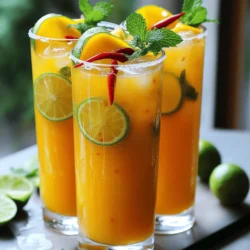 To make a delicious mango chili limeade, gather these main ingredients: - 2 ripe mangoes, peeled and diced - 1/4 cup fresh lime juice (about 2-3 limes) - 1-2 tablespoons agave syrup (adjust to taste) - 2 cups cold water - 1 small red chili, finely minced (adjust to spice preference) - A pinch of salt These ingredients blend together to create a sweet and zesty drink. The mango gives it a rich taste, while the lime adds brightness. The chili gives it an exciting kick. You can add more flavors to your mango chili limeade with these options: - Ginger, grated (for warmth) - Coconut water (for a tropical twist) - Other fruits, like pineapple or lime (for extra flavor) Try these to make your drink even more special. Each one offers a unique taste that pairs well with mango. Garnishes make your drink look nice and add flavor. Consider these options: - Lime slices for a fresh look - Chili slices for an extra kick - Fresh mint leaves for a pop of color These garnishes not only enhance the visual appeal but also add a burst of flavor. They make your mango chili limeade look fancy and inviting. For the full recipe, check out the details to create this refreshing drink. To make Mango Chili Limeade, start by gathering your ingredients. You will need ripe mangoes, lime juice, agave syrup, cold water, a small red chili, salt, and some fresh herbs for garnish. This drink is quick to prepare and full of flavor. First, peel and dice your mangoes. Then, in a blender, combine the diced mangoes with lime juice, agave syrup, cold water, and a pinch of salt. Blend everything until smooth and frothy. If you like a smoother drink, strain the mixture through a fine mesh sieve. This step is optional, but it helps remove any pulp. Next, stir in the finely minced chili. This adds a spicy kick to the drink. Let the mixture sit for about 10 minutes. This resting time allows the flavors to mix well. After that, taste your limeade. You can adjust the sweetness or spice by adding more agave syrup or chili if needed. When ready to serve, pour the limeade over ice in tall glasses. Garnish each glass with lime slices, chili slices, and fresh mint leaves. This not only looks nice but also adds extra flavor. For the full recipe, refer to the earlier section. Enjoy your refreshing summer beverage! To get the right sweetness, start with ripe mangoes. They add a natural sweetness that shines through. I recommend using 1 to 2 tablespoons of agave syrup at first. Blend it in and taste as you go. If it needs more sweetness, add a little more syrup. Remember, you can always add more but can't take it out! When it comes to spice, start small. I use one small red chili in my recipe. If you want it spicier, add more chili little by little. Let the limeade sit for about 10 minutes after mixing. This time lets the flavors blend well. Always taste before serving. Adjust the spice to match your taste. Serve the Mango Chili Limeade over ice in tall glasses. Add lime slices and chili slices for a colorful touch. A sprig of fresh mint on top gives a nice pop. The mint also adds a fresh aroma. You can prepare your glasses ahead of time. This way, when guests arrive, you can pour and enjoy right away. For the full recipe, check out the details above. {{image_2}} You can change the fruit in your limeade to mix things up. Try using pineapple, peach, or even strawberries. Each fruit brings its own taste and vibe. If you pick a sweeter fruit, you may need less sweetener. Be bold and experiment with your favorite fruits! Do you like it hot? You can adjust the spice level. Use more chilies for a stronger kick. If you want it mild, use less or skip the chilies. You can also try different chilies, like jalapeños or serranos, for unique heat levels. Remember, start small and taste as you go. Looking for a different sweetness? Swap agave for honey or maple syrup. You can also use stevia or coconut sugar for a healthier option. Just keep in mind, each sweetener has a different flavor, so choose one that matches your taste. Adjust the amount to find what works best for you. For the full recipe of this refreshing drink, check out the Full Recipe section! To store leftover Mango Chili Limeade, pour it into a clean jar or container. Make sure to seal it tightly. Keep it in the fridge. This helps the drink stay fresh. Enjoy it within two days for the best taste. Mango Chili Limeade is best cold. It does not need reheating. If you want to enjoy it warm, try adding hot water. This drink tastes great chilled. Its shelf life in the fridge is about two days. After that, the flavors might change. You can freeze Mango Chili Limeade for later use. Pour it into ice cube trays or freezer-safe bags. Leave some space in containers for expansion. When ready to enjoy, thaw it in the fridge. You can blend the frozen cubes into smoothies too. This way, you can enjoy summer flavors anytime! You can find the full recipe to make it fresh again. Mango Chili Limeade comes from Latin American flavors. The mix of sweet mango and spicy chili is common in many dishes. People love to mix fruits with spices in this region. This drink captures that spirit well. It combines freshness with a kick. You can enjoy it as a refreshing drink on hot days. Yes, you can make Mango Chili Limeade vegan. The recipe is already vegan-friendly. It uses mango, lime, and agave syrup as sweeteners. Just ensure that the chili you use is also vegan. This drink is safe for anyone who avoids animal products. You can sip it without worry. To reduce the spiciness, use less chili in the recipe. Start with just a small amount. You can always add more if you want extra heat later. Another way is to strain the drink. This removes some of the chili bits. You can also add more mango or lime juice to balance the spice. Enjoy your drink just the way you like it! Mango Chili Limeade combines sweet, spicy, and tangy flavors for a refreshing drink. We covered its main and optional ingredients, along with garnishes to make it pop. I shared easy steps for blending and infusing flavors, plus tips for sweetness and spice adjustment. You can also explore fruit variations and learn how to store leftovers effectively. Enjoy this drink at your next gathering! It’s fun, easy to make, and always a hit. Just remember to adjust the spice and sweetness to suit your taste.