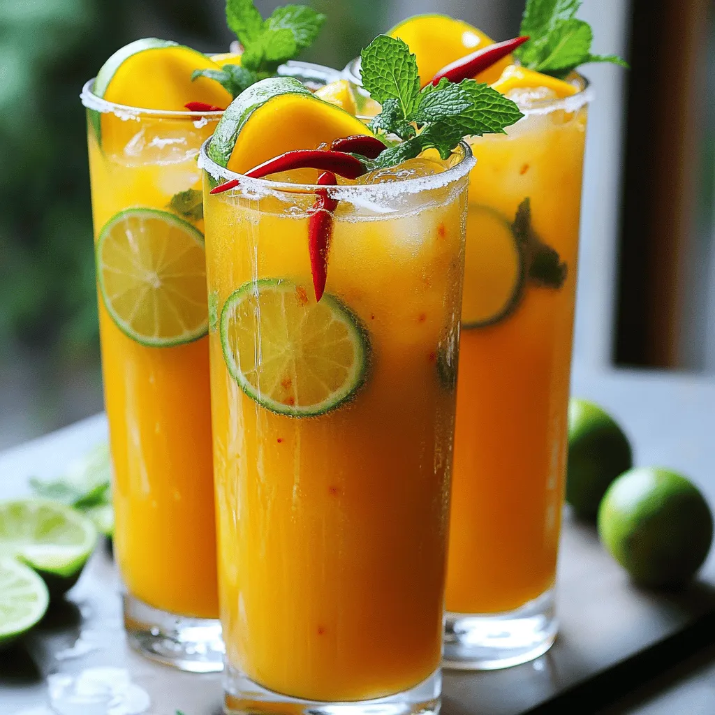 To make a delicious mango chili limeade, gather these main ingredients: - 2 ripe mangoes, peeled and diced - 1/4 cup fresh lime juice (about 2-3 limes) - 1-2 tablespoons agave syrup (adjust to taste) - 2 cups cold water - 1 small red chili, finely minced (adjust to spice preference) - A pinch of salt These ingredients blend together to create a sweet and zesty drink. The mango gives it a rich taste, while the lime adds brightness. The chili gives it an exciting kick. You can add more flavors to your mango chili limeade with these options: - Ginger, grated (for warmth) - Coconut water (for a tropical twist) - Other fruits, like pineapple or lime (for extra flavor) Try these to make your drink even more special. Each one offers a unique taste that pairs well with mango. Garnishes make your drink look nice and add flavor. Consider these options: - Lime slices for a fresh look - Chili slices for an extra kick - Fresh mint leaves for a pop of color These garnishes not only enhance the visual appeal but also add a burst of flavor. They make your mango chili limeade look fancy and inviting. For the full recipe, check out the details to create this refreshing drink. To make Mango Chili Limeade, start by gathering your ingredients. You will need ripe mangoes, lime juice, agave syrup, cold water, a small red chili, salt, and some fresh herbs for garnish. This drink is quick to prepare and full of flavor. First, peel and dice your mangoes. Then, in a blender, combine the diced mangoes with lime juice, agave syrup, cold water, and a pinch of salt. Blend everything until smooth and frothy. If you like a smoother drink, strain the mixture through a fine mesh sieve. This step is optional, but it helps remove any pulp. Next, stir in the finely minced chili. This adds a spicy kick to the drink. Let the mixture sit for about 10 minutes. This resting time allows the flavors to mix well. After that, taste your limeade. You can adjust the sweetness or spice by adding more agave syrup or chili if needed. When ready to serve, pour the limeade over ice in tall glasses. Garnish each glass with lime slices, chili slices, and fresh mint leaves. This not only looks nice but also adds extra flavor. For the full recipe, refer to the earlier section. Enjoy your refreshing summer beverage! To get the right sweetness, start with ripe mangoes. They add a natural sweetness that shines through. I recommend using 1 to 2 tablespoons of agave syrup at first. Blend it in and taste as you go. If it needs more sweetness, add a little more syrup. Remember, you can always add more but can't take it out! When it comes to spice, start small. I use one small red chili in my recipe. If you want it spicier, add more chili little by little. Let the limeade sit for about 10 minutes after mixing. This time lets the flavors blend well. Always taste before serving. Adjust the spice to match your taste. Serve the Mango Chili Limeade over ice in tall glasses. Add lime slices and chili slices for a colorful touch. A sprig of fresh mint on top gives a nice pop. The mint also adds a fresh aroma. You can prepare your glasses ahead of time. This way, when guests arrive, you can pour and enjoy right away. For the full recipe, check out the details above. {{image_2}} You can change the fruit in your limeade to mix things up. Try using pineapple, peach, or even strawberries. Each fruit brings its own taste and vibe. If you pick a sweeter fruit, you may need less sweetener. Be bold and experiment with your favorite fruits! Do you like it hot? You can adjust the spice level. Use more chilies for a stronger kick. If you want it mild, use less or skip the chilies. You can also try different chilies, like jalapeños or serranos, for unique heat levels. Remember, start small and taste as you go. Looking for a different sweetness? Swap agave for honey or maple syrup. You can also use stevia or coconut sugar for a healthier option. Just keep in mind, each sweetener has a different flavor, so choose one that matches your taste. Adjust the amount to find what works best for you. For the full recipe of this refreshing drink, check out the Full Recipe section! To store leftover Mango Chili Limeade, pour it into a clean jar or container. Make sure to seal it tightly. Keep it in the fridge. This helps the drink stay fresh. Enjoy it within two days for the best taste. Mango Chili Limeade is best cold. It does not need reheating. If you want to enjoy it warm, try adding hot water. This drink tastes great chilled. Its shelf life in the fridge is about two days. After that, the flavors might change. You can freeze Mango Chili Limeade for later use. Pour it into ice cube trays or freezer-safe bags. Leave some space in containers for expansion. When ready to enjoy, thaw it in the fridge. You can blend the frozen cubes into smoothies too. This way, you can enjoy summer flavors anytime! You can find the full recipe to make it fresh again. Mango Chili Limeade comes from Latin American flavors. The mix of sweet mango and spicy chili is common in many dishes. People love to mix fruits with spices in this region. This drink captures that spirit well. It combines freshness with a kick. You can enjoy it as a refreshing drink on hot days. Yes, you can make Mango Chili Limeade vegan. The recipe is already vegan-friendly. It uses mango, lime, and agave syrup as sweeteners. Just ensure that the chili you use is also vegan. This drink is safe for anyone who avoids animal products. You can sip it without worry. To reduce the spiciness, use less chili in the recipe. Start with just a small amount. You can always add more if you want extra heat later. Another way is to strain the drink. This removes some of the chili bits. You can also add more mango or lime juice to balance the spice. Enjoy your drink just the way you like it! Mango Chili Limeade combines sweet, spicy, and tangy flavors for a refreshing drink. We covered its main and optional ingredients, along with garnishes to make it pop. I shared easy steps for blending and infusing flavors, plus tips for sweetness and spice adjustment. You can also explore fruit variations and learn how to store leftovers effectively. Enjoy this drink at your next gathering! It’s fun, easy to make, and always a hit. Just remember to adjust the spice and sweetness to suit your taste.
