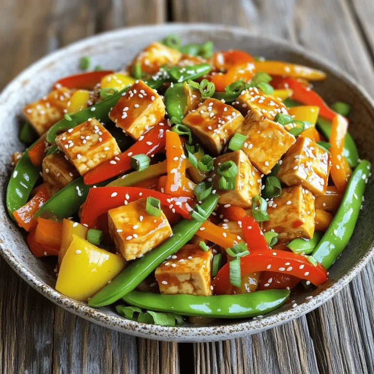 - 14 oz firm tofu, pressed and cubed - 2 tablespoons cornstarch - 2 tablespoons vegetable oil - 1 bell pepper (any color), sliced - 1 cup snap peas, trimmed - 1 carrot, julienned - 3 green onions, chopped - 2 cloves garlic, minced - 1 tablespoon ginger, minced - 1/4 cup sweet chili sauce - 1 tablespoon soy sauce - 1 tablespoon sesame oil - Sesame seeds for garnish - Fresh cilantro for garnish (optional) This Sweet Chili Tofu Stir Fry is a fun dish to make. You get a great mix of colors and flavors in every bite. The firm tofu makes it filling, while the veggies add crunch and color. Pressing the tofu helps it soak up the sweet chili sauce. You can find the full recipe if you want to see how it all comes together. The sweetness from the chili sauce pairs nicely with the fresh veggies. Don't forget the garlic and ginger; they add depth to the dish. Using sesame oil at the end gives it a rich taste. You can customize this dish with your favorite veggies, but these ingredients work perfectly together. - Press the tofu for at least 30 minutes. This helps remove excess water. - Cut the tofu into 1-inch cubes. Uniform sizes help it cook evenly. - Coat the tofu with cornstarch. This gives it a nice crispy texture when cooked. - Heat vegetable oil in a skillet or wok over medium-high heat. The oil should shimmer when hot. - Pan-fry the tofu until golden brown. This takes about 4-5 minutes. Turn it occasionally for even cooking. - Stir-fry the vegetables until tender-crisp. This should take about 3-4 minutes. You want them colorful and slightly crunchy. - Add garlic and ginger to the skillet. Stir for about a minute until fragrant. This step adds a warm flavor. - Return the tofu to the skillet with sweet chili sauce and soy sauce. Toss everything together to coat. - Drizzle with sesame oil for extra flavor. Mix everything well to combine the tastes. Now you have a tasty Sweet Chili Tofu Stir Fry! For detailed steps, check the Full Recipe. Enjoy the vibrant flavors and textures in this dish! - Use firm tofu for the best texture in this stir fry. - To get a crispy exterior, press the tofu for at least 30 minutes. After pressing, cut it into 1-inch cubes and coat them in cornstarch. This coating helps create a crunchy bite. - Cook the tofu at medium-high heat. This temperature allows it to brown evenly without burning. - For added flavor, consider using bell peppers in different colors. You can also add mushrooms or broccoli for variety. - Adjust the seasoning to fit your taste. If you like more spice, add red pepper flakes or sriracha. If you prefer sweetness, increase the amount of sweet chili sauce. - Balance the sweetness and spice by adding a splash of lime juice. This adds freshness and cuts through the sweetness nicely. Follow these tips to make your Sweet Chili Tofu Stir Fry even more delicious. Check out the Full Recipe for detailed steps and measurements! {{image_2}} You can switch tofu with tempeh for a nutty flavor. Tempeh has a firmer texture and absorbs sauces well. If you want a meat option, use chicken or shrimp. Cut the chicken into small pieces. Cook it until it's golden and cooked through. Shrimp cooks quickly, usually in just a few minutes. You might also try plant-based chicken alternatives. These mimic the texture and taste of meat. They work great in stir fries and are often easier to find. Feel free to mix in other veggies. Broccoli, zucchini, and bell peppers add great color and taste. Try seasonal variations to keep it fresh. In summer, add corn or cherry tomatoes. In the fall, use squash or Brussels sprouts. Adding more greens boosts nutrition and flavor. Spinach, bok choy, or kale can mix in easily. Toss them in at the end to keep them vibrant and crunchy. For the full recipe, check out the Sweet Chili Tofu Stir Fry . To keep your Sweet Chili Tofu Stir Fry fresh, store it in the fridge. Use an airtight container. This helps keep moisture in and air out. Make sure it cools before sealing. Leftovers will taste best within three days. Yes, you can freeze Sweet Chili Tofu Stir Fry. Place it in a freezer-safe container. Be sure to leave some space for expansion. It will last for about three months in the freezer. When you’re ready to eat, thaw it in the fridge overnight. Reheat in a skillet over low heat. Add a splash of water to help it steam. Stir until heated through. You’ll enjoy a tasty meal even after freezing! What is the best way to press tofu? To press tofu, wrap it in a clean kitchen towel. Place a heavy object on top, like a cast iron skillet. Leave it for at least 30 minutes. This helps remove excess moisture and makes it firmer. Can I make Sweet Chili Tofu Stir Fry ahead of time? You can prepare the tofu and veggies in advance. Store them in the fridge for up to two days. Wait to cook until you're ready to eat. This keeps everything fresh and tasty. How can I make it spicy? Add sliced chili peppers or a dash of red pepper flakes. You can also use a spicier sweet chili sauce. Adjust the heat to your liking for a kick. Is this recipe gluten-free? Yes, this recipe is gluten-free if you use tamari instead of soy sauce. Always check labels to ensure no gluten ingredients are present. Suggestions for a low-carb version Swap out the carrots for zucchini noodles. You can also use more low-carb veggies like bell peppers and broccoli. These changes keep the dish light and fresh. Vegan-friendly ingredients to consider All the ingredients in this recipe are vegan. Use firm tofu, fresh veggies, and plant-based sauces. This dish is perfect for vegan diets. Can I bake the tofu instead of frying? Yes, you can bake the tofu for a healthier option. Toss the cubes in cornstarch and oil, then bake at 400°F (200°C) for 25 minutes. Flip halfway through for even crispiness. How to achieve a one-pan version of this recipe Start by cooking the tofu first, then add veggies to the same pan. This keeps flavors rich and saves on clean-up. Ensure to stir often for even cooking. Tips for perfecting the stir-frying technique Use high heat and a good wok or skillet. Cut veggies into similar sizes for even cooking. Keep stirring to avoid burning and to mix flavors well. In summary, we've explored the tasty world of Sweet Chili Tofu Stir Fry. You learned about essential ingredients, step-by-step cooking tips, and ways to elevate your dish. Consider swapping proteins or veggies for fun variations. Remember to store leftovers correctly and enjoy them later. This dish is simple, healthy, and perfect for any meal. You can make it your own while following the guidance here. Try it out and make your cooking experience enjoyable and rewarding!