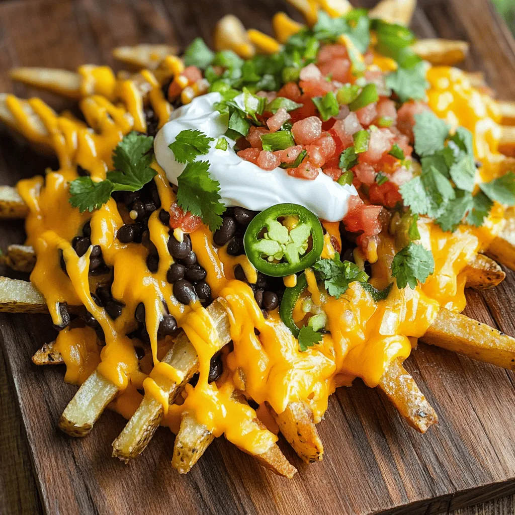 - 4 large russet potatoes - 1 cup shredded cheddar cheese - 1 cup black beans - 1 jalapeño - Additional toppings: sour cream, pico de gallo, fresh cilantro - 2 tablespoons olive oil - 1 teaspoon garlic powder - 1 teaspoon smoked paprika - Salt and pepper to taste - Baking sheet - Parchment paper - Large mixing bowl When I make loaded nacho fries, I love to start with fresh, crispy russet potatoes. They fry up perfectly and hold all the toppings well. For the cheese, I always go for sharp cheddar. It melts beautifully and adds a great flavor. Black beans are a must for a hearty touch. The jalapeño adds just the right kick. You can slice it thin for more heat or leave it off if you prefer milder flavors. Don’t forget the toppings! Sour cream adds creaminess, while pico de gallo gives a fresh taste. Fresh cilantro brightens everything up! For seasoning, I use olive oil to help everything stick together. Garlic powder and smoked paprika give the fries a nice depth of flavor. Adjust salt and pepper to your taste. You’ll need a baking sheet lined with parchment paper for easy cleanup. A large mixing bowl helps with tossing the fries in oil and seasonings. I find this setup makes the whole cooking process smooth and simple. For the full recipe, check out the detailed instructions to create these tasty loaded nacho fries! - Step 1: Preheat your oven to 425°F (220°C). This helps the fries get crispy. - Step 2: In a large bowl, toss the cut fries with 2 tablespoons of olive oil, 1 teaspoon of garlic powder, 1 teaspoon of smoked paprika, salt, and pepper. Make sure each fry has plenty of flavor. - Step 3: Spread the fries out on a baking sheet lined with parchment paper. This keeps them from sticking. - Step 4: Bake for 25-30 minutes until the fries turn golden brown and crispy. Flip them halfway for even cooking. - Step 5: Take the fries out of the oven and sprinkle 1 cup of shredded cheddar cheese over them. Then, add 1 cup of black beans and sliced jalapeños on top. - Step 6: Return the fries to the oven for another 5 minutes. This melts the cheese and blends the flavors. - Step 7: Drizzle the fries with 1/2 cup of sour cream. Add 1/2 cup of pico de gallo and some fresh cilantro for a bright touch. Enjoy your loaded nacho fries while they are hot! For a complete guide to make this dish, refer to the Full Recipe. To make great fries, start by cutting your potatoes evenly. This helps them cook at the same rate. Aim for pieces about 1/4 inch thick. A sharp knife works best for this. After cutting, soak the fries in cold water for at least 30 minutes. This step removes extra starch and makes fries crispier. When it comes to cooking, you can choose to bake or fry. Baking is healthier and easier. Preheat your oven to 425°F (220°C) and line a baking sheet with parchment paper. Toss fries with olive oil and seasonings before spreading them in a single layer. Bake for 25-30 minutes, flipping halfway through. If you prefer frying, heat oil in a deep pot. Fry the fries in small batches until golden brown. To add more flavor, try using different spices. Besides garlic powder and smoked paprika, consider chili powder or cumin. These spices can give your fries a nice kick. You can also mix in some herbs like oregano or thyme for a fresh taste. Homemade pico de gallo makes a great topping for loaded nacho fries. To make it, chop fresh tomatoes, onions, and cilantro. Add a squeeze of lime juice and a pinch of salt. This fresh mix brightens up your fries and adds a burst of flavor. Cheese is key to loaded nacho fries. I recommend using sharp cheddar for its strong flavor. You can also mix in Monterey Jack or pepper jack for a spicy twist. For the best melt, grate your cheese instead of using pre-shredded. Pre-shredded cheese often has anti-caking agents that can prevent it from melting well. When it's time to melt the cheese, add it to the fries while they are still hot. Return the fries to the oven for a few minutes. This ensures that the cheese melts evenly and creates that gooey topping everyone loves. {{image_2}} You can easily make Loaded Nacho Fries vegetarian. Start by substituting cheese. Use plant-based cheese for a dairy-free option. You can also replace black beans with lentils or chickpeas for extra protein. Mix in different vegetables too. Try bell peppers, corn, or mushrooms. These add color and flavor. Roasting them enhances their taste, making your nacho fries even better. For meat lovers, add some seasoned ground beef or chicken. You can also use shredded rotisserie chicken for a quick option. If you prefer meat alternatives, consider tempeh or tofu. Just season them with taco spices for more flavor. When cooking protein, use spices like cumin and chili powder. These will amp up the taste of your Loaded Nacho Fries. Want to spice things up? Adjust the amount of jalapeño. Remove the seeds for less heat or keep them for more. You can also use hot sauce as a topping to bring some fire. For alternative spicy toppings, try pickled jalapeños or spicy salsa. You can also add a sprinkle of crushed red pepper flakes. This lets you control the heat to match your taste. Experimenting with these variations can create a dish everyone loves. Check out the Full Recipe for more details on making these tasty Loaded Nacho Fries! To keep your loaded nacho fries fresh, follow these tips. Let the fries cool down first. Place them in an airtight container. This keeps moisture out and helps them stay crispy. You can store them in the fridge for up to 3 days. Reheating fries can be tricky. I recommend using an oven or an air fryer. Preheat the oven to 375°F (190°C). Lay the fries on a baking sheet and bake for about 10-15 minutes. If you use an air fryer, set it to 350°F (175°C) for 5-7 minutes. This helps retain their crunch. Spritz with a little oil before reheating for a fresher taste. You can freeze loaded nacho fries, but timing matters. If you freeze before baking, spread the fries on a baking sheet. Freeze them until solid, then transfer them to a freezer bag. This keeps them from sticking together. If you freeze after baking, let them cool completely. Wrap the fries securely in plastic wrap, then place them in a freezer-safe container. Thaw them in the fridge overnight before reheating. This method helps maintain their flavor and texture. Loaded nacho fries are crispy fries topped with cheese, beans, and other toppings. They blend the fun of fries with the tasty flavors of nachos. Some popular variations include adding guacamole, salsa, or even grilled chicken. You can explore different cheese types or spicy toppings to make it your own. Yes, you can prepare loaded nacho fries ahead of time. For meal prep, cook the fries and store them in the fridge. Put them in an airtight container. When you’re ready to eat, just reheat and add your toppings. This way, you save time and enjoy delicious snacks quickly. To make loaded nacho fries healthier, consider these tips: - Use sweet potatoes instead of russet potatoes. - Bake instead of frying for fewer calories. - Choose low-fat cheese or skip it for a lighter version. - Add more veggies, like bell peppers or onions, for extra flavor and nutrition. You can find loaded nacho fries at many popular chains. Places like Taco Bell and Buffalo Wild Wings offer great versions. Additionally, local pubs or sports bars often have their own take on this dish. Check your area for unique recipes and flavors. Yes, you can easily customize loaded nacho fries for dietary needs. For gluten-free options, ensure your toppings and sauces are gluten-free. Use dairy-free cheese or yogurt for those avoiding dairy. If you want a vegan version, skip the cheese and add more veggies or beans for protein. Loaded nacho fries are a fun and tasty dish. We covered the main ingredients like russet potatoes, cheese, and jalapeños. You learned how to season, bake, and assemble them for the best flavor. Tips included how to get perfect fries and enhance their taste. Plus, I shared ways to customize for different diets or heat levels. Now, it's time to make these loaded nacho fries your own. Enjoy experimenting with your flavors, toppings, and personal touches. Happy cooking!