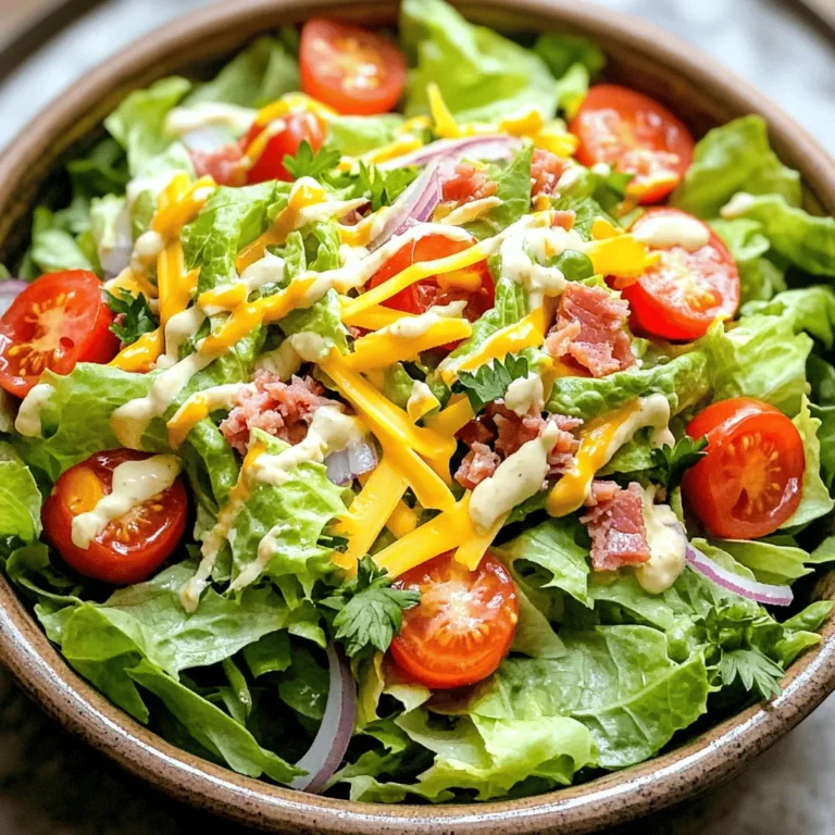 - 4 cups romaine lettuce, chopped - 1 cup cherry tomatoes, halved - 1 cup cooked turkey bacon, crumbled - 1/2 cup sharp cheddar cheese, shredded - 1/4 cup red onion, thinly sliced - 1/4 cup mayonnaise - 1 tablespoon Dijon mustard - 2 tablespoons apple cider vinegar - Salt and pepper to taste - Fresh parsley for garnish When making a Classic BLT Salad, fresh ingredients matter. The romaine lettuce should be crisp and vibrant. Cherry tomatoes add a sweet burst. Turkey bacon gives a smoky flavor without too much fat. Sharp cheddar cheese adds richness, while red onion brings a nice crunch. - If you don’t have romaine, try spinach or kale instead. - You can swap turkey bacon for regular bacon or even veggie bacon. - For a dairy-free option, use a nut-based cheese. Using these substitutions can change the flavor and texture. Feel free to experiment based on what you have! - Always choose fresh produce. Look for bright colors and firm textures. - For bacon, look for thick cuts for more flavor. - High-quality dressings make a big difference, so pick one you enjoy. Quality matters in every bite. The better the ingredients, the better the salad! You can find the full recipe for this refreshing dish [here](#). - Step 1: Combining salad base Start by taking a large bowl. Add 4 cups of chopped romaine lettuce. Next, toss in 1 cup of halved cherry tomatoes. This mix forms the fresh base of your salad. - Step 2: Adding proteins and cheese Now, add 1 cup of crumbled cooked turkey bacon to the bowl. This gives your salad a nice crunch. Then, sprinkle in 1/2 cup of shredded sharp cheddar cheese. This adds creaminess and flavor. - Step 3: Mixing the dressing In a small bowl, combine 1/4 cup of mayonnaise, 1 tablespoon of Dijon mustard, and 2 tablespoons of apple cider vinegar. Mix until smooth. This dressing brings all the flavors together nicely. - Step 4: Drizzling dressing Take the dressing you mixed and drizzle it over the salad. Be sure to coat everything evenly. This step is key for great taste. - Step 5: Tossing the salad Gently toss the salad with your hands or a spoon. Make sure all the ingredients are well-coated with the dressing. This ensures every bite is full of flavor. - Step 6: Garnishing with parsley Finally, sprinkle some fresh parsley over the top. This not only adds color but also a fresh taste. It makes your salad look beautiful. - Tips for crispy bacon Cook your turkey bacon in a skillet until it’s crispy. This adds crunch to your salad. - Ensuring the salad is well-dressed If your salad seems dry, add more dressing. A well-dressed salad is always more enjoyable. - Cooling ingredients before serving If you have time, chill the salad for a few minutes. This makes it refreshing, especially on hot days. For the complete recipe, check out the Full Recipe. To make your Classic BLT Salad shine, consider these tips: - Lightening the recipe: Swap out regular bacon for turkey bacon. This change keeps the flavor while cutting calories. You can also use Greek yogurt instead of mayonnaise for a tangy twist. - Adding extra crunch: Toss in some sliced cucumbers or crispy croutons. They add a nice texture and keep the salad lively. You can even add sunflower seeds for more crunch. - Balancing flavors with seasoning: Don’t be shy with salt and pepper. A sprinkle of each enhances the taste. You can add a pinch of garlic powder for extra flavor. Pair your salad with these ideas: - Ideal pairings with the salad: Serve it with grilled chicken or fish for a full meal. It also goes great with a bowl of soup on a chilly day. - Presentation tips for gatherings: Use a large, colorful platter. Layer the ingredients in sections for a beautiful display. Garnish with extra tomatoes or parsley for a pop of color. - Customizing portion sizes: Adjust the serving size based on your guests. For a small group, keep it simple. For larger gatherings, double the recipe to ensure everyone enjoys. Prepare your salad ahead of time with these tips: - Preparing ingredients in advance: Wash and chop your veggies the night before. This saves time and keeps everything fresh. - Best storage practices: Store salad ingredients in separate containers. Keep the dressing in a small jar. This helps maintain freshness until you're ready to eat. - Using leftovers for other dishes: If you have leftover salad, use it in a wrap or mix it into an omelet. This way, you waste nothing and create new meals with ease. For the full recipe, be sure to check out the details above! {{image_2}} You can switch up the proteins in your Classic BLT Salad to keep things fresh. Use different types of bacon, like crispy pork bacon or even flavored bacon, for a new twist. If you want something heartier, add grilled chicken or shrimp for extra protein. For a vegetarian option, try using tempeh bacon or smoked tofu. These choices still give that savory flavor without meat. The dressing can change the whole taste of your salad. You can try different dressings like ranch, blue cheese, or a tangy vinaigrette. Adding spices such as garlic powder, paprika, or even a pinch of cayenne can enhance the flavor. You can also create a creamy dressing with yogurt or buttermilk for a rich taste, or stick to a light vinaigrette for a fresh lift. You don’t have to stick with just lettuce. Incorporate grains like quinoa for added texture and nutrition. Including beans like chickpeas or black beans can boost protein too. For a fruity twist, add diced apples or berries. These changes make your salad not just tasty, but also unique and fun. If you want to dive deeper into the Classic BLT Salad, check out the [Full Recipe]. To keep your Classic BLT Salad fresh, store it in the fridge. Use an airtight container to seal in the flavors. This will help keep the lettuce crisp and the tomatoes juicy. I recommend using glass containers for easy cleaning and clarity. If you have any leftover dressing, store it separately. This keeps the salad from getting soggy. You may wonder, can you freeze a BLT salad? I do not recommend freezing this salad. The lettuce and tomatoes do not freeze well. They become mushy when thawed. However, you can freeze cooked turkey bacon. Just make sure to cool it first. Store it in a freezer bag to save space. How long does the salad stay fresh? In the fridge, your salad can last about 2 to 3 days. Keep an eye on it. Signs of spoilage include wilting lettuce or slimy tomatoes. If you see these signs, it is best to toss the salad. Enjoy it fresh for the best taste! For the full recipe, check the earlier section. What is the best type of lettuce for a BLT salad? I recommend using romaine lettuce. It stays crisp and adds a great crunch. You can also try iceberg for a lighter bite. Can I use regular bacon instead of turkey bacon? Yes, you can use regular bacon. It will add a richer flavor. Just cook it until crispy for the best texture. How can I make this salad vegan-friendly? To make it vegan, swap turkey bacon for tempeh or coconut bacon. Use a vegan mayo too. How to adjust serving sizes? To change the serving size, multiply or divide each ingredient. For two servings, cut each amount in half. Is the dressing gluten-free? Yes, the dressing is gluten-free. Mayonnaise and apple cider vinegar do not contain gluten. How to make the salad spicier? Add sliced jalapeños or a dash of hot sauce. You can also mix in some cayenne pepper for heat. What can I serve with this salad? This salad pairs well with grilled chicken or fish. You can also add crusty bread for a complete meal. How do I keep my salad fresh for longer? Store the salad in an airtight container. Keep the dressing separate until you serve it. Can I meal prep this salad for the week? Yes, you can prep the salad. Keep the ingredients separate, then mix before eating. This keeps everything fresh. For more detailed instructions, check the Full Recipe. The classic BLT salad combines fresh ingredients and bold flavors to delight every palate. You learned about tasty ingredient options, easy preparation steps, and storage tips to keep it fresh. Try out variations with proteins and dressings to add your twist. Remember, quality matters in every bite. With the right choices, you can elevate this salad for any occasion. Enjoy making this dish and share it with others for a fun meal experience.