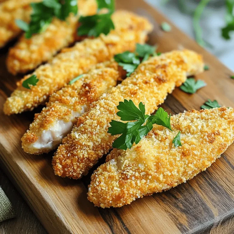 - 1 lb chicken tenders - 1 cup buttermilk - 1 cup all-purpose flour - 1/2 cup breadcrumbs (preferably panko) - 2 teaspoons garlic powder - 1 teaspoon onion powder - 1 teaspoon paprika - 1/2 teaspoon salt - 1/2 teaspoon black pepper - Cooking spray - Optional garnish: Fresh parsley, chopped - Air fryer - Mixing bowls - Whisk - Measuring cups and spoons - Cooking spray bottle To make these chicken tenders, you need fresh chicken tenders as the base. The buttermilk adds moisture and flavor. It helps the chicken stay juicy inside. The flour and breadcrumbs create a crunchy outside. I like using panko because it provides extra crispiness. Gather your spices too. Garlic powder gives depth, while onion powder adds sweetness. Paprika offers a hint of warmth and color. Salt and pepper enhance all the flavors. For tools, an air fryer is a must. It cooks the chicken quickly and evenly. Mixing bowls help you combine the buttermilk and spices. A whisk ensures your dry ingredients mix well. Finally, use measuring cups and spoons for accuracy. With these ingredients and tools ready, you can move on to the fun part: cooking! Check out the full recipe for detailed steps. First, grab your chicken tenders. Place them in a mixing bowl and pour in one cup of buttermilk. This step is key. The buttermilk makes the chicken juicy and tender. Let the tenders soak for at least 30 minutes. You can let them marinate for up to two hours if you want more flavor. Next, we need to make the coating. In another bowl, mix one cup of all-purpose flour, half a cup of panko breadcrumbs, and your spices. Use two teaspoons of garlic powder, one teaspoon of onion powder, one teaspoon of paprika, half a teaspoon of salt, and half a teaspoon of black pepper. Make sure the spices blend well. An even mix gives each tender great flavor. Now, it’s time to cook! Preheat your air fryer to 400°F (200°C). This usually takes about five minutes. While it heats, take each chicken tender from the buttermilk. Let any extra buttermilk drip off. Then, coat each tender in the flour and breadcrumb mix. Ensure they are fully covered. Place them in the air fryer basket without overlapping. If needed, cook them in batches. Lightly spray the tenders with cooking spray to help them crisp. Cook the chicken tenders for 10 to 12 minutes. Flip them halfway through for even cooking. They should turn golden brown and reach an internal temperature of 165°F (74°C). Once done, remove them from the air fryer and let them sit for a few minutes before serving. For an added touch, sprinkle chopped fresh parsley on top. Enjoy your crunchy and flavorful dish! For the complete process, check out the Full Recipe. To make your chicken tenders extra crunchy, use panko breadcrumbs. Panko gives that perfect crisp. Before cooking, lightly spray the tenders with cooking spray. This helps create a golden crust. Don’t overcrowd the air fryer basket. If you stack the tenders, they won’t cook evenly. For best results, cook them in batches. Always check the internal temperature. The chicken should reach 165°F or 74°C to be safe to eat. Want to boost the taste? Try adding spices like cayenne for heat. You can also marinate the chicken with different herbs. This simple step adds depth and flavor. For the full recipe, check the detailed instructions! {{image_2}} You can change the texture of your chicken tenders by trying different coatings. Use crushed cornflakes or nuts for a unique crunch. Both options add a nice twist to the classic taste. If you want gluten-free tenders, swap regular flour for a gluten-free flour mix. This will still give you a tasty and crispy coating. Want to spice things up? Add hot sauce to the buttermilk when marinating the chicken. This will give your tenders a nice spicy kick. You can also try different seasoning blends. Cajun and Italian mixes can make your chicken tenders exciting. Experiment with these flavors to find your favorite. Pair your chicken tenders with fun dipping sauces. Honey mustard and ranch are great choices. They add extra flavor and make each bite enjoyable. You can also serve the tenders alongside fresh salads or fried vegetables. These sides balance the meal and add color to your plate. To keep your air fryer chicken tenders fresh, store them in an airtight container. They will last for up to 3 days. Let them cool down before sealing. This ensures they stay crispy and tasty. When you're ready to enjoy leftovers, reheat them in the air fryer. This method keeps them crispy. If you don’t have an air fryer, use your oven. Set it to a low temperature to gently warm them up. If you want to save time, freeze uncooked coated tenders. They make quick meals later. When you're ready to cook, just take them out of the freezer. Cook them straight from frozen but add some extra time to make sure they are done. For the full recipe, check out the details above! Check for an internal temperature of 165°F (74°C). Use a meat thermometer for accuracy. This ensures your chicken is safe to eat and juicy. Overcooking can make them dry, so keep an eye on the time. Yes, adjust cooking time for frozen tenders. Increase the cooking time by a few minutes. Always check the internal temperature as well. Using frozen tenders makes for a quick meal option. Recommended sides include fries, coleslaw, or veggies. You can also serve them with a salad for a lighter meal. Dipping sauces like honey mustard or ranch are great choices. They enhance the flavor and add fun to your meal. Yes, follow similar coating and seasoning but adjust temperatures and time. Preheat your oven to 425°F (220°C). Bake for about 20-25 minutes, flipping halfway. The result may not be as crispy as the air fryer, but they will still be delicious. For the full recipe, check out the details above! In this post, I covered how to create crispy air fryer chicken tenders. You need simple ingredients like chicken, buttermilk, and spices. I shared tips for flavor and texture and even offered variations. Remember to check the doneness for perfect results. These tenders are easy to make and great for meals. Enjoy this simple recipe and have fun experimenting with flavors!