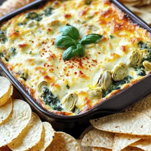 To make a great spinach artichoke dip, you need the right ingredients. Here’s what to gather: - 1 cup fresh spinach, chopped - 1 cup artichoke hearts, drained and chopped - 1 cup cream cheese, softened - 1 cup Greek yogurt - 1 cup shredded mozzarella cheese - 1/2 cup grated Parmesan cheese - 2 cloves garlic, minced - 1/2 teaspoon onion powder - 1/2 teaspoon red pepper flakes (optional for heat) - Salt and pepper to taste - Fresh basil or parsley, for garnish - Tortilla chips or sliced baguette, for serving These ingredients work together to create a creamy and flavorful dip. Fresh spinach gives it a vibrant color and a healthy twist. The artichoke hearts add a unique taste that pairs well with the cheese. Cream cheese and Greek yogurt make the dip rich and smooth. The mozzarella and Parmesan bring in that cheesy goodness we all love. Garlic and spices, like onion powder and red pepper flakes, bring depth to the flavor. You can adjust the heat by adding or removing the red pepper flakes. For a nice finish, use fresh herbs like basil or parsley as a garnish. Serve this dip warm with tortilla chips or sliced baguette. It’s perfect for parties or family gatherings. For the full recipe, check out the complete instructions above. Enjoy your cooking! 1. Mixing the cream cheese and Greek yogurt: Start with a large bowl. Add the softened cream cheese and Greek yogurt. Use a fork or mixer to blend them until smooth and creamy. This mix gives the dip its rich texture. 2. Combining ingredients: Next, add the chopped spinach and artichoke hearts to the bowl. Then, toss in the mozzarella and Parmesan cheese. Don't forget the minced garlic, onion powder, and optional red pepper flakes for some heat. Stir everything together until well mixed. 3. Transfer to baking dish: Once your mixture is ready, scoop it into a baking dish. Spread it out evenly with a spatula. This step helps it bake evenly and become golden on top. 1. Preheating oven: Now, preheat your oven to 375°F (190°C). This step is crucial. A hot oven ensures your dip cooks properly and gets that bubbly top. 2. Baking time and temperature: Place your baking dish in the oven. Bake for about 25 to 30 minutes. Watch for the top to become golden and bubbly. This is when your dip is at its best. 3. Cooling and garnishing: After baking, take it out and let it cool for a few minutes. This cooling time helps prevent burns. Then, sprinkle fresh basil or parsley on top for a nice touch. This Spinach Artichoke Dip is simple yet flavorful. Enjoy it warm with your favorite chips or bread. For the full recipe, check out the main section above. To make your spinach artichoke dip creamy, ensure your cream cheese is softened. Cold cream cheese does not mix well. Leave it out for about 30 minutes before you start. This makes blending easier and your dip smoother. Preventing a watery dip is key. Use fresh spinach and drain the artichokes well. Squeeze out extra moisture from the spinach before mixing. This keeps your dip thick and rich. You want every bite to be packed with flavor, not liquid. When it comes to dippers, tortilla chips and sliced baguette are perfect. They add a nice crunch and flavor. You can also try fresh veggies like carrots or cucumber for a healthier option. For creative serving, consider a bread bowl. Hollow out a round loaf and fill it with the dip. Surround it with smaller pieces of bread for dipping. This not only looks great but also makes it easy to enjoy every last bit of your spinach artichoke dip. You can find the Full Recipe to guide you through this delightful dish. {{image_2}} You can easily change the cheese in this dip. Cheddar adds a sharp taste. Gouda gives a smoky flavor. These swaps keep the dip fresh and fun. You can also add more veggies. Bell peppers bring a sweet crunch. Mushrooms add an earthy taste that blends well. Want to kick up the flavor? Try adding spices like cumin or paprika. These spices add warmth and depth. If you like meat, consider adding chicken or bacon. Chicken makes the dip heartier, while bacon adds a crispy, salty bite. Mixing in these ingredients helps you create a dish that suits your taste. For the Full Recipe, check the main sections of the article. After you enjoy your creamy spinach artichoke dip, store any leftovers in the fridge. - Refrigeration tips: Let the dip cool completely before you store it. Place it in an airtight container to keep it fresh. This helps prevent drying out or absorbing odors from other foods. - Recommended storage containers: Glass or BPA-free plastic containers work well. Choose containers that fit the amount of dip you have. This keeps the dip packed tightly, maintaining its creamy texture. To enjoy your dip again, you need to reheat it properly. - Best methods for reheating without losing texture: The oven is the best way to reheat. Preheat your oven to 350°F (175°C). Place the dip in an oven-safe dish. Cover with foil to keep it from drying out. - Duration and temperature for reheating: Heat for about 15-20 minutes. Check it often to make sure it’s warm throughout but not overcooked. Stir halfway to ensure even heating. Enjoy your dip like it was fresh! Yes, you can make this dip ahead. Prepare it and store it in the fridge. Just cover the dish tightly. When you're ready to serve, bake it as directed in the Full Recipe. Spinach artichoke dip can last about 3 to 5 days in the fridge. Keep it in a sealed container to stay fresh. You can freeze this dip, but it may change texture. Store it in an airtight container. Thaw it in the fridge overnight before reheating. This dip pairs well with tortilla chips or sliced baguette. You can also serve it with fresh veggies like carrots and celery. Yes, you can make a lighter dip. Use low-fat cream cheese and Greek yogurt. Add more veggies like bell peppers or mushrooms for extra nutrition. The blog covered how to make a tasty spinach artichoke dip. We explored the best ingredients and shared easy step-by-step instructions. I offered helpful tips to improve flavor and serving ideas. You can get creative with variations and learn how to store leftovers effectively. In summary, this dip is fun to make and enjoy with friends. It adds flavor to any gathering and is easy to adapt. Don't hesitate to try it in your kitchen!