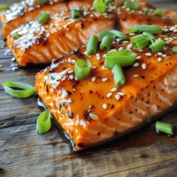 To make this tasty dish, you need the following main ingredients: - 4 salmon fillets - 1/4 cup sweet chili sauce - 2 tablespoons soy sauce - 1 tablespoon honey - 1 tablespoon minced fresh ginger - 2 cloves garlic, minced - 1 tablespoon sesame oil - 1 tablespoon lime juice - Salt and pepper to taste These ingredients come together to form a rich and flavorful glaze. The sweet chili sauce gives it a nice kick, while the ginger and garlic add depth. You will love how easy it is to prepare. You can make your meal even better with these optional garnishes: - 2 tablespoons chopped green onion (for garnish) - Sesame seeds (for garnish) These garnishes not only look great but also add extra flavor and texture. You can serve this dish with steamed rice or a fresh salad. This recipe serves four people. Each serving has about: - Calories: 300 - Protein: 25g - Carbohydrates: 15g - Fat: 15g This meal is healthy and packed with protein. It fits well in a balanced diet. For the full recipe, check out the earlier sections of this article. Enjoy cooking! To start, gather your ingredients. You need: - 1/4 cup sweet chili sauce - 2 tablespoons soy sauce - 1 tablespoon honey - 1 tablespoon minced fresh ginger - 2 cloves garlic, minced - 1 tablespoon sesame oil - 1 tablespoon lime juice In a small bowl, whisk together the sweet chili sauce, soy sauce, honey, minced ginger, garlic, sesame oil, and lime juice. This mix creates a rich glaze. It adds sweetness and a hint of spice to the salmon. Set the glaze aside while you prepare the salmon. Now, preheat your grill or stovetop grill pan over medium-high heat. It's important to make sure it gets hot. While the grill heats, pat the salmon fillets dry with paper towels. This helps them get a nice crust. Season both sides with salt and pepper. Place the salmon fillets skin-side down on the grill. Brush a generous amount of the sweet chili glaze over the top of each fillet. Grill the salmon for about 5-7 minutes. After that, carefully flip the fillets over. Brush more glaze on the skin side. Grill for an additional 4-5 minutes. The salmon should be cooked through and flake easily with a fork. Once the salmon is done, remove it from the grill. Let it rest for a minute. This step allows the juices to settle. To serve, drizzle any remaining glaze over the fillets. Garnish with chopped green onions and sesame seeds for a pop of color. Pair your sweet chili glazed salmon with rice or steamed veggies for a complete meal. Enjoy the delicious flavors and beautiful presentation! For the full recipe, check out the details above. To get the best grilled salmon, start by preheating your grill. Medium-high heat works best. Make sure to pat the salmon dry with paper towels. This helps the glaze stick better. Use a grill brush to oil the grates. It prevents sticking and gives great char marks. Place the salmon skin-side down first. This helps the fish hold together better. Marinades add a punch of flavor. For this dish, you mix sweet chili sauce, soy sauce, honey, ginger, garlic, sesame oil, and lime juice. Let the salmon sit in this mix for at least 15 minutes. This allows the flavors to soak in well. If you have time, marinate it longer for deeper taste. Remember to reserve some glaze for later. You can drizzle it on after grilling. One big mistake is overcooking the salmon. Keep an eye on the time. Salmon cooks fast, usually in 5-7 minutes on each side. Another mistake is not using enough seasoning. Salt and pepper are key. Don’t forget to garnish with green onions and sesame seeds. This adds color and crunch. Lastly, avoid flipping the salmon too soon. Let it sear properly before turning. For more details on making the best Sweet Chili Glazed Salmon, check the Full Recipe. {{image_2}} You can change the sweet chili sauce to make this dish your own. Try using teriyaki sauce for a sweet twist. You can also mix in some sriracha for heat. A peanut sauce gives a nutty flavor that works well too. If you want a fresh taste, use a lemon herb sauce. Each sauce will change the taste but keep the dish delicious. Salmon is great, but other fish work too. Try using trout for a milder flavor. If you want something richer, go for mackerel. Tuna steaks are also a good option. Each type of fish will cook a bit differently, so adjust your cooking time. Fish like tilapia or cod can also pick up the glaze well. Just remember to watch how long you cook them. Grilling gives a nice char, but baking is easier. If you bake, use a foil packet to keep moisture. Set the oven to 375°F and cook for about 15-20 minutes. This method keeps the fish tender and juicy. Grilling, on the other hand, adds a smoky flavor. Both ways can be tasty and fun. Choose what fits your style best. For the full recipe, refer to the Sweet Chili Glazed Salmon section. After you enjoy your sweet chili glazed salmon, store any leftovers right away. Place the fillets in an airtight container. This keeps the salmon fresh and tasty. Make sure to refrigerate it within two hours of cooking. The salmon will stay good for 3 to 4 days in the fridge. If you have more than a few pieces, consider freezing some. To reheat the salmon, use the oven or a skillet. The oven keeps the fish moist. Preheat your oven to 350°F (175°C). Place the salmon on a baking sheet and cover it with foil. Heat for about 10-15 minutes, or until warm. If using a skillet, add a little water and cover it. Heat on low until it's warm. Avoid the microwave, as it can dry out the fish. Freezing salmon is easy and great for meal prep. Wrap each fillet in plastic wrap, then place it in a freezer bag. Remove as much air as possible. You can freeze the salmon for up to three months. When you're ready to cook, thaw it overnight in the fridge. This method keeps the salmon fresh and tasty. Enjoy your sweet chili glazed salmon anytime! For the full recipe, check out the ingredients and instructions above. Grill salmon for 5-7 minutes on one side. Then flip and grill for 4-5 more minutes. This timing helps the fish cook evenly. You want it to flake easily with a fork. Use a medium-high heat for best results. Yes, you can use frozen salmon. Just be sure to thaw it first. Thaw salmon in the fridge overnight or place it in cold water for quicker thawing. Pat it dry before grilling. This helps the glaze stick better. Serve your salmon with rice or quinoa for a filling meal. Steamed broccoli or green beans add a fresh touch. A simple salad with citrus dressing also works well. These sides balance the sweet flavors of the dish. Add red pepper flakes or sriracha to the glaze for heat. You can mix in chopped jalapeños for a fresh kick. Adjust the amount to fit your taste. A little spice enhances the sweet chili flavor beautifully. Check the full recipe for all the details! This article covered how to make sweet chili glazed salmon, from ingredients to cooking tips. You learned about garnishes, nutritional info, and variations to try. With these step-by-step instructions, you'll grill a delicious meal. Remember to avoid common mistakes for the best flavor. Proper storage ensures you enjoy leftovers, too. Cooking should be fun and easy, so use these tips to impress everyone at your table. Enjoy your tasty salmon adventure!