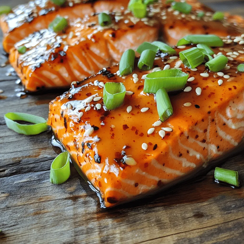 To make this tasty dish, you need the following main ingredients: - 4 salmon fillets - 1/4 cup sweet chili sauce - 2 tablespoons soy sauce - 1 tablespoon honey - 1 tablespoon minced fresh ginger - 2 cloves garlic, minced - 1 tablespoon sesame oil - 1 tablespoon lime juice - Salt and pepper to taste These ingredients come together to form a rich and flavorful glaze. The sweet chili sauce gives it a nice kick, while the ginger and garlic add depth. You will love how easy it is to prepare. You can make your meal even better with these optional garnishes: - 2 tablespoons chopped green onion (for garnish) - Sesame seeds (for garnish) These garnishes not only look great but also add extra flavor and texture. You can serve this dish with steamed rice or a fresh salad. This recipe serves four people. Each serving has about: - Calories: 300 - Protein: 25g - Carbohydrates: 15g - Fat: 15g This meal is healthy and packed with protein. It fits well in a balanced diet. For the full recipe, check out the earlier sections of this article. Enjoy cooking! To start, gather your ingredients. You need: - 1/4 cup sweet chili sauce - 2 tablespoons soy sauce - 1 tablespoon honey - 1 tablespoon minced fresh ginger - 2 cloves garlic, minced - 1 tablespoon sesame oil - 1 tablespoon lime juice In a small bowl, whisk together the sweet chili sauce, soy sauce, honey, minced ginger, garlic, sesame oil, and lime juice. This mix creates a rich glaze. It adds sweetness and a hint of spice to the salmon. Set the glaze aside while you prepare the salmon. Now, preheat your grill or stovetop grill pan over medium-high heat. It's important to make sure it gets hot. While the grill heats, pat the salmon fillets dry with paper towels. This helps them get a nice crust. Season both sides with salt and pepper. Place the salmon fillets skin-side down on the grill. Brush a generous amount of the sweet chili glaze over the top of each fillet. Grill the salmon for about 5-7 minutes. After that, carefully flip the fillets over. Brush more glaze on the skin side. Grill for an additional 4-5 minutes. The salmon should be cooked through and flake easily with a fork. Once the salmon is done, remove it from the grill. Let it rest for a minute. This step allows the juices to settle. To serve, drizzle any remaining glaze over the fillets. Garnish with chopped green onions and sesame seeds for a pop of color. Pair your sweet chili glazed salmon with rice or steamed veggies for a complete meal. Enjoy the delicious flavors and beautiful presentation! For the full recipe, check out the details above. To get the best grilled salmon, start by preheating your grill. Medium-high heat works best. Make sure to pat the salmon dry with paper towels. This helps the glaze stick better. Use a grill brush to oil the grates. It prevents sticking and gives great char marks. Place the salmon skin-side down first. This helps the fish hold together better. Marinades add a punch of flavor. For this dish, you mix sweet chili sauce, soy sauce, honey, ginger, garlic, sesame oil, and lime juice. Let the salmon sit in this mix for at least 15 minutes. This allows the flavors to soak in well. If you have time, marinate it longer for deeper taste. Remember to reserve some glaze for later. You can drizzle it on after grilling. One big mistake is overcooking the salmon. Keep an eye on the time. Salmon cooks fast, usually in 5-7 minutes on each side. Another mistake is not using enough seasoning. Salt and pepper are key. Don’t forget to garnish with green onions and sesame seeds. This adds color and crunch. Lastly, avoid flipping the salmon too soon. Let it sear properly before turning. For more details on making the best Sweet Chili Glazed Salmon, check the Full Recipe. {{image_2}} You can change the sweet chili sauce to make this dish your own. Try using teriyaki sauce for a sweet twist. You can also mix in some sriracha for heat. A peanut sauce gives a nutty flavor that works well too. If you want a fresh taste, use a lemon herb sauce. Each sauce will change the taste but keep the dish delicious. Salmon is great, but other fish work too. Try using trout for a milder flavor. If you want something richer, go for mackerel. Tuna steaks are also a good option. Each type of fish will cook a bit differently, so adjust your cooking time. Fish like tilapia or cod can also pick up the glaze well. Just remember to watch how long you cook them. Grilling gives a nice char, but baking is easier. If you bake, use a foil packet to keep moisture. Set the oven to 375°F and cook for about 15-20 minutes. This method keeps the fish tender and juicy. Grilling, on the other hand, adds a smoky flavor. Both ways can be tasty and fun. Choose what fits your style best. For the full recipe, refer to the Sweet Chili Glazed Salmon section. After you enjoy your sweet chili glazed salmon, store any leftovers right away. Place the fillets in an airtight container. This keeps the salmon fresh and tasty. Make sure to refrigerate it within two hours of cooking. The salmon will stay good for 3 to 4 days in the fridge. If you have more than a few pieces, consider freezing some. To reheat the salmon, use the oven or a skillet. The oven keeps the fish moist. Preheat your oven to 350°F (175°C). Place the salmon on a baking sheet and cover it with foil. Heat for about 10-15 minutes, or until warm. If using a skillet, add a little water and cover it. Heat on low until it's warm. Avoid the microwave, as it can dry out the fish. Freezing salmon is easy and great for meal prep. Wrap each fillet in plastic wrap, then place it in a freezer bag. Remove as much air as possible. You can freeze the salmon for up to three months. When you're ready to cook, thaw it overnight in the fridge. This method keeps the salmon fresh and tasty. Enjoy your sweet chili glazed salmon anytime! For the full recipe, check out the ingredients and instructions above. Grill salmon for 5-7 minutes on one side. Then flip and grill for 4-5 more minutes. This timing helps the fish cook evenly. You want it to flake easily with a fork. Use a medium-high heat for best results. Yes, you can use frozen salmon. Just be sure to thaw it first. Thaw salmon in the fridge overnight or place it in cold water for quicker thawing. Pat it dry before grilling. This helps the glaze stick better. Serve your salmon with rice or quinoa for a filling meal. Steamed broccoli or green beans add a fresh touch. A simple salad with citrus dressing also works well. These sides balance the sweet flavors of the dish. Add red pepper flakes or sriracha to the glaze for heat. You can mix in chopped jalapeños for a fresh kick. Adjust the amount to fit your taste. A little spice enhances the sweet chili flavor beautifully. Check the full recipe for all the details! This article covered how to make sweet chili glazed salmon, from ingredients to cooking tips. You learned about garnishes, nutritional info, and variations to try. With these step-by-step instructions, you'll grill a delicious meal. Remember to avoid common mistakes for the best flavor. Proper storage ensures you enjoy leftovers, too. Cooking should be fun and easy, so use these tips to impress everyone at your table. Enjoy your tasty salmon adventure!