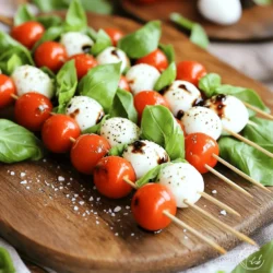 - 12 cherry tomatoes - 12 fresh basil leaves - 12 small mozzarella balls (bocconcini) - 3 tablespoons balsamic glaze - 1 tablespoon extra-virgin olive oil - Salt and pepper to taste - Skewers or toothpicks You can change the cheese if you want. Use feta or goat cheese for a twist. If you can't find basil, try arugula. It gives a nice peppery taste. For tomatoes, feel free to use heirloom or grape tomatoes. They add different flavors and colors. Picking ripe tomatoes is key. Look for shiny, firm tomatoes with no blemishes. Quality mozzarella makes a big difference too. Choose fresh mozzarella for the best taste. When it comes to basil, look for vibrant green leaves. Avoid wilted or brown ones for the best flavor. - Rinse and dry cherry tomatoes and basil. - Assemble ingredients on skewers. Start by rinsing the cherry tomatoes under cold water. Clean them well and pat them dry with a clean towel. Next, do the same for the fresh basil leaves. This step ensures that your ingredients are clean and ready to go. Once everything is dry, grab your skewers or toothpicks. You are now ready to assemble the skewers. This is where the fun begins! - Threading order: tomato, basil, mozzarella. - Number of ingredients per skewer. Begin threading each skewer with one cherry tomato. After that, slide on a fresh basil leaf. Next, add a small mozzarella ball. Repeat this process until you have three of each ingredient on each skewer. This order keeps the flavors balanced and the colors bright. Make sure to space the ingredients evenly. This helps with both presentation and flavor. You can make as many skewers as you want, depending on how many you need! - Arranging skewers on a platter. - Drizzling oil and balsamic glaze. Now, it’s time to arrange the skewers on a serving platter. Make them look nice and neat. Once they are all set, drizzle olive oil over the skewers. Season them with a sprinkle of salt and pepper. Finally, add a drizzle of balsamic glaze for extra flavor. This step not only enhances taste but also makes your dish look beautiful. For a final flourish, consider garnishing with fresh basil leaves or microgreens around the platter. For the full recipe, check out the Easy Caprese Skewers section. Enjoy your fresh and flavorful appetizer! To make these skewers quickly, prep your ingredients ahead of time. Rinse the cherry tomatoes and basil leaves the night before. Dry them well and store them in the fridge. This saves time when you’re ready to assemble. Assembling the skewers is simple. Grab a skewer or toothpick and thread a cherry tomato, a basil leaf, and a mozzarella ball. Repeat until you fill the skewer. Aim for three of each item per skewer for a good bite. This keeps the work fast and easy. When it comes to plating, make it look fun. Use a large white platter to allow the colors to pop. Place the skewers in a cluster or in a line. Drizzle balsamic glaze over the skewers for a shiny look. For garnishing, fresh herbs do wonders. Sprinkle some extra basil leaves around the skewers. You could also add a few greens like arugula for color. This makes your dish stand out on any table. These skewers pair well with drinks. A light white wine or sparkling water works best. You can also serve them with other appetizers like bruschetta or a cheese board. These skewers fit any occasion. They shine at parties, picnics, or family gatherings. Whether it's a summer barbecue or a cozy dinner, they’re always a hit. Enjoy every bite of your Easy Caprese Skewers! For the complete recipe, check out the [Full Recipe]. {{image_2}} You can switch up the flavor of your Caprese skewers easily. Adding prosciutto or salami gives a savory kick. Just layer these meats with the tomatoes and mozzarella on the skewer. You can also try different marinades. A garlic-infused oil can add depth. A herbed olive oil brings freshness. Experiment with your favorite flavors to find a mix you adore. If you want a vegan version, use plant-based cheese instead of mozzarella. There are many tasty options available. Look for nut-based or soy-based cheeses. They melt well and taste great. For gluten-free options, just ensure your skewers and any added ingredients are gluten-free. Fresh veggies and fruits work well too, keeping it light and fun. Using seasonal produce makes your skewers fresh and vibrant. In summer, add ripe heirloom tomatoes. In fall, roasted butternut squash cubes are tasty. Adjust your skewers based on local ingredients. Visit farmers' markets for fresh finds. You can make each skewer a tribute to the season, showcasing nature's best. For the full recipe, check out the Easy Caprese Skewers section. To keep your Easy Caprese Skewers fresh, store them in the fridge. Use an airtight container to keep them safe. They will last up to two days. After that, the ingredients may lose their taste and texture. Freezing these skewers is not the best choice. The tomatoes and mozzarella can become mushy. If you do freeze them, wrap each skewer in plastic wrap. When you reheat them, use a low heat setting. This helps preserve flavor, but they may still not taste fresh. If you have leftover skewers, you can use them in many ways. Chop them up and add to salads for extra flavor. You can also mix them into pasta dishes or grain bowls. This way, nothing goes to waste, and you create new meals! To make your skewers pop for a party, add festive colors. You can use colorful cherry tomatoes like yellow or orange. Try adding mini bell peppers for crunch and color. You can also layer in some cooked shrimp or prosciutto. For a holiday theme, use red and green ingredients. Think red tomatoes and green basil for a fun look. Yes, you can prepare these skewers ahead of time. Assemble them a few hours before your event. Keep them in the fridge until it’s time to serve. Just wait to drizzle the balsamic glaze until right before serving. This keeps the skewers fresh and tasty. Serve Caprese skewers cold or at room temperature. Arrange them on a nice platter for a pretty display. You can add bowls of balsamic glaze or pesto for dipping. This adds flavor and lets guests customize their taste. You can add protein by including cooked chicken or turkey. Cubes of grilled chicken taste great with the fresh flavors. If you want a vegetarian option, use chickpeas or beans. These choices make your skewers more filling and nutritious. Making Caprese skewers is simple and fun. We covered fresh ingredients, step-by-step assembly, and tips to impress. You learned how to swap ingredients and enhance flavors for any occasion. Remember, using ripe tomatoes and quality mozzarella makes a big difference. Pack leftovers smartly for future meals or salads. Enjoy this easy, tasty appetizer at your next gathering. With these tips, you’ll create delightful bites everyone will love. Your Caprese skewers will stand out and leave a lasting impression. Keep experimenting with flavors and enjoy!