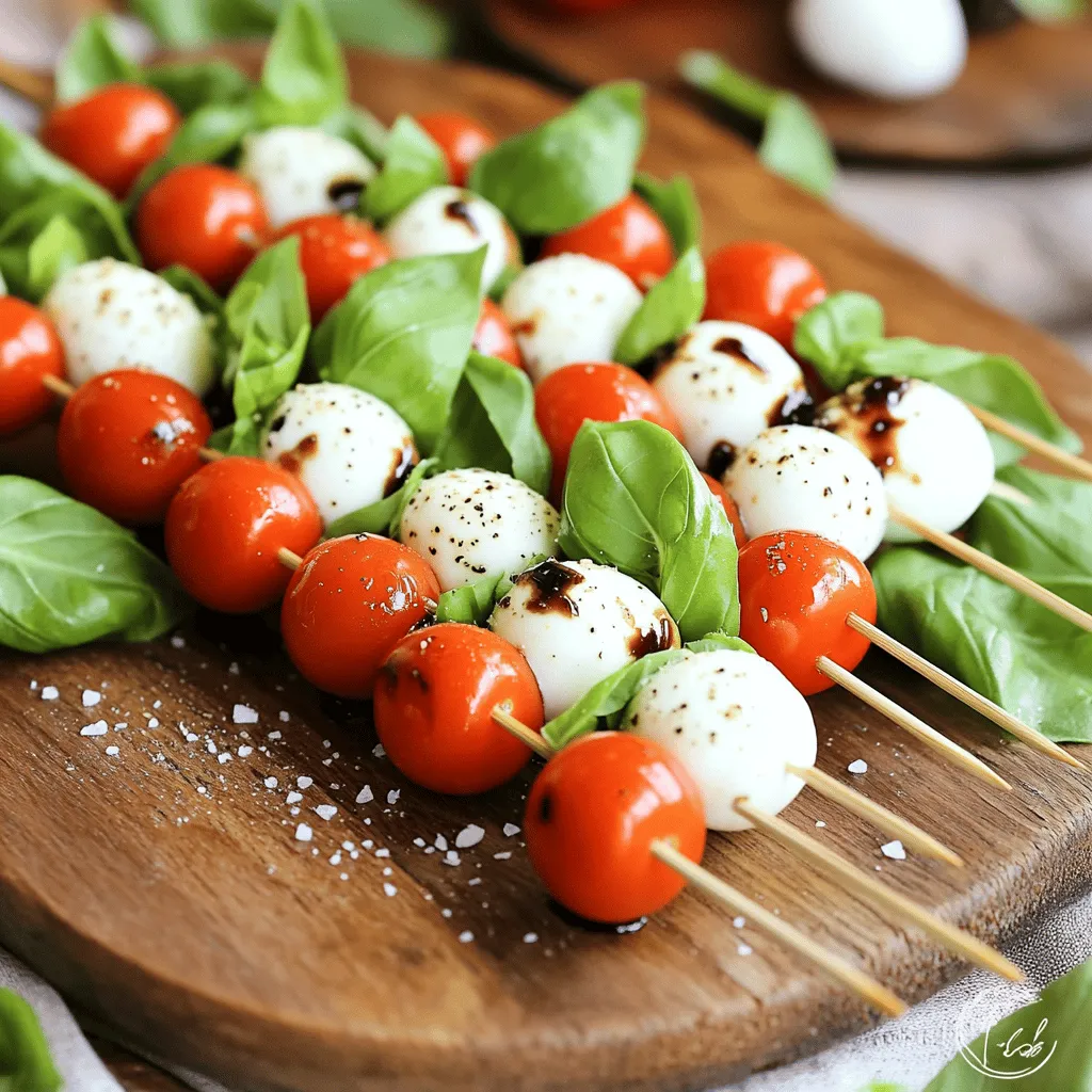 - 12 cherry tomatoes - 12 fresh basil leaves - 12 small mozzarella balls (bocconcini) - 3 tablespoons balsamic glaze - 1 tablespoon extra-virgin olive oil - Salt and pepper to taste - Skewers or toothpicks You can change the cheese if you want. Use feta or goat cheese for a twist. If you can't find basil, try arugula. It gives a nice peppery taste. For tomatoes, feel free to use heirloom or grape tomatoes. They add different flavors and colors. Picking ripe tomatoes is key. Look for shiny, firm tomatoes with no blemishes. Quality mozzarella makes a big difference too. Choose fresh mozzarella for the best taste. When it comes to basil, look for vibrant green leaves. Avoid wilted or brown ones for the best flavor. - Rinse and dry cherry tomatoes and basil. - Assemble ingredients on skewers. Start by rinsing the cherry tomatoes under cold water. Clean them well and pat them dry with a clean towel. Next, do the same for the fresh basil leaves. This step ensures that your ingredients are clean and ready to go. Once everything is dry, grab your skewers or toothpicks. You are now ready to assemble the skewers. This is where the fun begins! - Threading order: tomato, basil, mozzarella. - Number of ingredients per skewer. Begin threading each skewer with one cherry tomato. After that, slide on a fresh basil leaf. Next, add a small mozzarella ball. Repeat this process until you have three of each ingredient on each skewer. This order keeps the flavors balanced and the colors bright. Make sure to space the ingredients evenly. This helps with both presentation and flavor. You can make as many skewers as you want, depending on how many you need! - Arranging skewers on a platter. - Drizzling oil and balsamic glaze. Now, it’s time to arrange the skewers on a serving platter. Make them look nice and neat. Once they are all set, drizzle olive oil over the skewers. Season them with a sprinkle of salt and pepper. Finally, add a drizzle of balsamic glaze for extra flavor. This step not only enhances taste but also makes your dish look beautiful. For a final flourish, consider garnishing with fresh basil leaves or microgreens around the platter. For the full recipe, check out the Easy Caprese Skewers section. Enjoy your fresh and flavorful appetizer! To make these skewers quickly, prep your ingredients ahead of time. Rinse the cherry tomatoes and basil leaves the night before. Dry them well and store them in the fridge. This saves time when you’re ready to assemble. Assembling the skewers is simple. Grab a skewer or toothpick and thread a cherry tomato, a basil leaf, and a mozzarella ball. Repeat until you fill the skewer. Aim for three of each item per skewer for a good bite. This keeps the work fast and easy. When it comes to plating, make it look fun. Use a large white platter to allow the colors to pop. Place the skewers in a cluster or in a line. Drizzle balsamic glaze over the skewers for a shiny look. For garnishing, fresh herbs do wonders. Sprinkle some extra basil leaves around the skewers. You could also add a few greens like arugula for color. This makes your dish stand out on any table. These skewers pair well with drinks. A light white wine or sparkling water works best. You can also serve them with other appetizers like bruschetta or a cheese board. These skewers fit any occasion. They shine at parties, picnics, or family gatherings. Whether it's a summer barbecue or a cozy dinner, they’re always a hit. Enjoy every bite of your Easy Caprese Skewers! For the complete recipe, check out the [Full Recipe]. {{image_2}} You can switch up the flavor of your Caprese skewers easily. Adding prosciutto or salami gives a savory kick. Just layer these meats with the tomatoes and mozzarella on the skewer. You can also try different marinades. A garlic-infused oil can add depth. A herbed olive oil brings freshness. Experiment with your favorite flavors to find a mix you adore. If you want a vegan version, use plant-based cheese instead of mozzarella. There are many tasty options available. Look for nut-based or soy-based cheeses. They melt well and taste great. For gluten-free options, just ensure your skewers and any added ingredients are gluten-free. Fresh veggies and fruits work well too, keeping it light and fun. Using seasonal produce makes your skewers fresh and vibrant. In summer, add ripe heirloom tomatoes. In fall, roasted butternut squash cubes are tasty. Adjust your skewers based on local ingredients. Visit farmers' markets for fresh finds. You can make each skewer a tribute to the season, showcasing nature's best. For the full recipe, check out the Easy Caprese Skewers section. To keep your Easy Caprese Skewers fresh, store them in the fridge. Use an airtight container to keep them safe. They will last up to two days. After that, the ingredients may lose their taste and texture. Freezing these skewers is not the best choice. The tomatoes and mozzarella can become mushy. If you do freeze them, wrap each skewer in plastic wrap. When you reheat them, use a low heat setting. This helps preserve flavor, but they may still not taste fresh. If you have leftover skewers, you can use them in many ways. Chop them up and add to salads for extra flavor. You can also mix them into pasta dishes or grain bowls. This way, nothing goes to waste, and you create new meals! To make your skewers pop for a party, add festive colors. You can use colorful cherry tomatoes like yellow or orange. Try adding mini bell peppers for crunch and color. You can also layer in some cooked shrimp or prosciutto. For a holiday theme, use red and green ingredients. Think red tomatoes and green basil for a fun look. Yes, you can prepare these skewers ahead of time. Assemble them a few hours before your event. Keep them in the fridge until it’s time to serve. Just wait to drizzle the balsamic glaze until right before serving. This keeps the skewers fresh and tasty. Serve Caprese skewers cold or at room temperature. Arrange them on a nice platter for a pretty display. You can add bowls of balsamic glaze or pesto for dipping. This adds flavor and lets guests customize their taste. You can add protein by including cooked chicken or turkey. Cubes of grilled chicken taste great with the fresh flavors. If you want a vegetarian option, use chickpeas or beans. These choices make your skewers more filling and nutritious. Making Caprese skewers is simple and fun. We covered fresh ingredients, step-by-step assembly, and tips to impress. You learned how to swap ingredients and enhance flavors for any occasion. Remember, using ripe tomatoes and quality mozzarella makes a big difference. Pack leftovers smartly for future meals or salads. Enjoy this easy, tasty appetizer at your next gathering. With these tips, you’ll create delightful bites everyone will love. Your Caprese skewers will stand out and leave a lasting impression. Keep experimenting with flavors and enjoy!