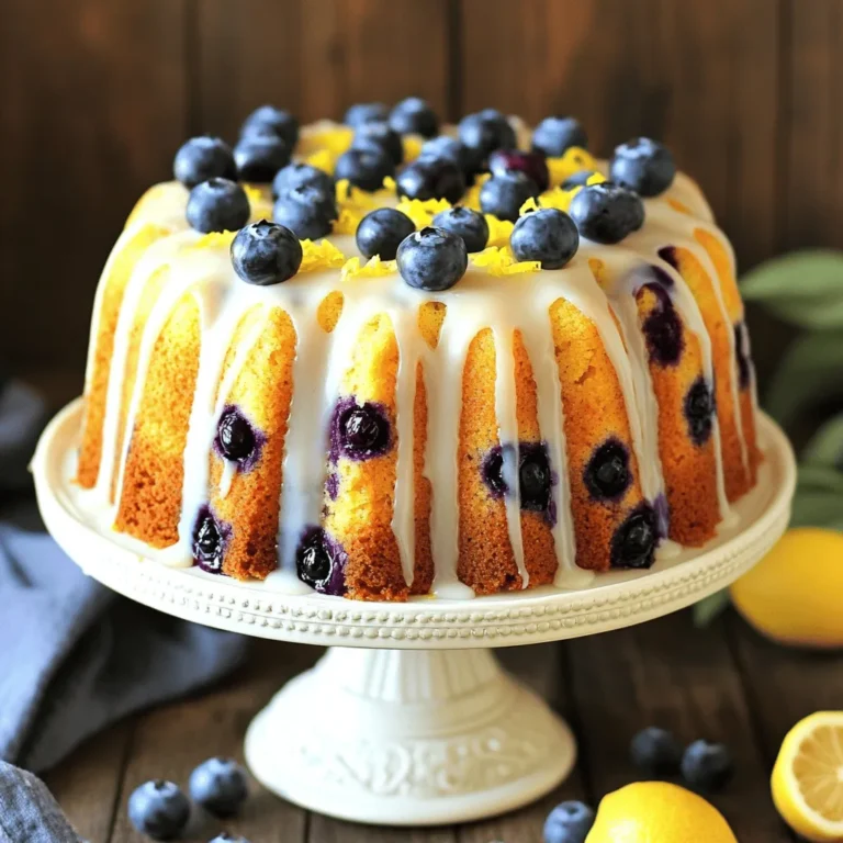 To create the perfect lemon blueberry pound cake, you need the following ingredients: - 1 ¾ cups all-purpose flour - 1 teaspoon baking powder - ½ teaspoon baking soda - ¼ teaspoon salt - 1 cup unsalted butter, softened - 1 ½ cups granulated sugar - 4 large eggs - 1 tablespoon lemon zest - 2 tablespoons lemon juice - 1 teaspoon vanilla extract - 1 cup fresh blueberries Each ingredient plays a key role in the flavor and texture of the cake. The all-purpose flour gives structure, while baking powder and baking soda help it rise. The butter adds richness, and sugar sweetens the cake. Eggs bind everything together, and lemon zest and juice bring a bright flavor. Fresh blueberries add juicy bursts of sweetness. For a lovely finish, you can use these optional ingredients for a glaze: - ½ cup powdered sugar - 1 tablespoon lemon juice This glaze adds a sweet and tangy touch. Mixing powdered sugar with lemon juice creates a smooth, shiny topping. You can drizzle it over the cake once it cools. This extra step enhances the lemon flavor and makes the cake look beautiful. For the full recipe, check out the details in the recipe section. 1. First, preheat your oven to 350°F (175°C). This helps the cake rise well. 2. Next, grease and flour a 9x5 inch loaf pan. This prevents sticking. 3. In a medium bowl, whisk together the flour, baking powder, baking soda, and salt. Set this aside to mix later. 1. In a large bowl, cream the softened butter and granulated sugar together. Use an electric mixer for about 3-5 minutes until it looks light and fluffy. 2. Add the eggs one at a time, mixing well after each. Then, mix in the lemon zest, lemon juice, and vanilla extract until everything is combined. This helps the flavors blend. 1. Gradually add the dry ingredients to the wet mixture. Stir gently until just combined. Be careful not to overmix, as this can make the cake tough. 2. Now, fold in the fresh blueberries gently. This keeps them from breaking apart. 3. Pour the batter into the prepared loaf pan. Smooth the top with a spatula. 4. Bake in the preheated oven for 50-60 minutes. Check with a toothpick; it should come out clean. 5. After baking, let the cake cool in the pan for about 10 minutes. Then transfer it to a wire rack to cool completely. 6. For the glaze, mix powdered sugar and lemon juice in a small bowl until smooth. Drizzle it over the cooled cake. Allow the glaze to set for about 15 minutes before slicing. For the full recipe, check out the ingredients and instructions listed above. Enjoy your delicious lemon blueberry pound cake! To make a great lemon blueberry pound cake, you must mix it just right. Avoiding overmixing is key. Overmixing adds too much air and can make the cake tough. Stir the batter gently until the ingredients blend. This will keep your cake tender and moist. Checking for doneness is easy. Use a toothpick. Insert it into the center of the cake. If it comes out clean, the cake is ready. If not, give it a few more minutes. Each oven is a bit different, so keep an eye on your cake. Using fresh versus frozen blueberries can change the taste. Fresh blueberries tend to burst and spread their flavor throughout the cake. They also add a nice texture. Frozen blueberries can work too, but rinse and dry them first. This helps avoid too much juice in the batter. Adjusting the lemon flavor can make your cake special. If you want a stronger lemon taste, add more lemon zest or juice. Start with an extra half tablespoon of lemon juice. Taste as you go, and find the balance that you enjoy. For more details, check out the Full Recipe for Lemon Blueberry Pound Cake. {{image_2}} You can change the taste of your lemon blueberry pound cake easily. Adding nuts, like walnuts or almonds, gives a crunchy texture. Chopped nuts mix well with the soft cake. You can also try different fruits. Raspberries or blackberries add a twist. These berries bring their own unique flavor. They pair nicely with lemon. Feel free to mix and match fruits for fun flavors. Glazes can change how the cake looks and tastes. You can make a simple lemon glaze with powdered sugar and lemon juice. This sweet and tangy glaze fits well with the cake's flavor. You can also try a cream cheese glaze for a richer taste. It adds a creamy texture. Serving suggestions are just as fun. You can serve the cake with whipped cream or fresh fruit. This adds freshness and color. You might even want to sprinkle some lemon zest on top for a bright finish. These choices make your pound cake special. For the full recipe, check out the complete instructions earlier. After you slice your lemon blueberry pound cake, store it in an airtight container. This keeps the cake moist and fresh. You can also wrap it tightly in plastic wrap. If you want to refrigerate it, use a cake dome or a sealed bag. This helps prevent the cake from drying out in the fridge. If you have more cake than you can eat, consider freezing it. Wrap slices in plastic wrap and then foil. This extra layer protects the cake from freezer burn. Place the wrapped slices in a freezer bag. You can keep the cake frozen for up to three months. When ready to eat, thaw it in the fridge overnight or at room temperature for a few hours. At room temperature, lemon blueberry pound cake lasts about three days. Keep it in a cool, dry spot. If you see any signs of mold or a change in smell, it’s time to toss it. When stored in the fridge, the cake can last up to a week. Check for dryness or any off smells to ensure it’s still good. A fresh slice should smell lemony and sweet, with a burst of blueberry flavor. Enjoy your delicious cake while it’s still fresh! Can I substitute ingredients (gluten-free options, vegan, etc.)? Yes, you can! For a gluten-free option, use a gluten-free flour blend. Make sure it has xanthan gum for structure. For a vegan version, use plant-based butter and flax eggs. To make a flax egg, mix one tablespoon of ground flaxseed with three tablespoons of water. Let it sit for five minutes to thicken. How do I know when the cake is done baking? To check for doneness, insert a toothpick in the center. If it comes out clean or with a few crumbs, the cake is ready. You can also gently press the top; it should spring back. If it leaves an indention, it needs more time. Can I make this recipe in advance? Absolutely! You can bake the cake a day ahead. Let it cool and wrap it tightly in plastic wrap. Store it at room temperature. You can also freeze the cake for up to three months. Just wrap it well to prevent freezer burn. Best beverages to enjoy with the cake This cake pairs well with a range of drinks. Try it with a cup of hot tea or coffee. For a refreshing choice, enjoy it with iced lemonade. A glass of sweetened almond milk also complements the flavors nicely. Ideas for complementary desserts You can serve this pound cake with fresh whipped cream or vanilla ice cream. A scoop of lemon sorbet adds a nice zing. For a fun twist, try fresh fruit salad on the side. It adds color and extra flavor. For the complete recipe, check out the Full Recipe section! You learned how to make a delicious lemon blueberry pound cake. We covered the essential ingredients and optional glaze for added sweetness. You discovered step-by-step instructions for preparing the batter and baking the cake to perfection. I shared tips to enhance flavor and avoid common mistakes. Don’t forget variations, like adding nuts or different fruits. Lastly, I provided helpful storage info and answered common questions. Now, you can impress your friends and family with this tasty treat! Enjoy your baking adventure and savor every bite!