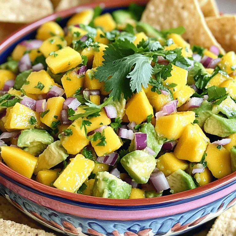 - Ripe mango - Ripe avocados - Small red onion - Fresh jalapeño - Fresh cilantro - Limes - Seasoning (salt, black pepper, cumin) When making mango avocado salsa, use ripe fruits for the best flavor. A ripe mango should feel soft but not mushy. The same goes for avocados. They should give slightly when you press them gently. If you want more sweetness, try pineapple or peaches. For herbs, you can use parsley or mint. If you want less heat, remove the jalapeño seeds or skip it altogether. Choose ripe mangoes by looking for a slight give when pressed. Their color can vary, so trust your touch. For avocados, check for firmness and dark skin. Use fresh veggies for the best taste. Always look for bright green cilantro and firm onions. To make Mango Avocado Salsa, you need a few tools. Grab a sharp knife, a cutting board, and a mixing bowl. You will also want a citrus juicer to get the juice out of the limes easily. When chopping, keep your fingers tucked in. This helps you avoid cuts. Always chop on a stable surface. If your cutting board slides, place a damp cloth under it for safety. 1. Start by placing your mixing bowl on a clean surface. 2. Dice the ripe mango into small pieces and add it to the bowl. 3. Next, dice the ripe avocados. Carefully add them to the bowl. 4. Chop the small red onion finely. Toss it in with the mango and avocado. 5. Mince the fresh jalapeño and add it for some heat. 6. Chop the fresh cilantro and sprinkle it over the mixture. 7. Squeeze the juice of two limes over everything. This adds flavor and keeps the avocados from browning. 8. Season the salsa with salt, black pepper, and cumin if you like. 9. Gently mix everything together. Be careful not to mash the avocados. 10. Taste the salsa and adjust the seasoning if needed. Let your salsa rest for about 10 minutes at room temperature. This helps the flavors blend well. For even better taste, refrigerate the salsa for 30 minutes before serving. This cools it down and lets the flavors shine. Enjoy your fresh and vibrant Mango Avocado Salsa! To get the best salsa, you need perfect dicing. Use a sharp knife for clean cuts. Cut the mango into strips, then dice into small cubes. For avocados, keep the pit in while you slice. After slicing, scoop the flesh out with a spoon. This helps you keep the shape and size even. To stop avocados from browning, use lime juice. Lime juice keeps the color bright and fresh. Cover the salsa tightly if you plan to store it. Use plastic wrap pressed against the salsa. This reduces air exposure. Adding spices can give your salsa a tasty kick. Try adding a pinch of cayenne pepper for heat. You can also mix in some smoked paprika for a deeper flavor. For customization, think about adding fresh fruits. Pineapple or diced bell peppers can add sweetness. You can also toss in black beans for protein. This makes the salsa heartier and more filling. Mango Avocado Salsa pairs well with grilled chicken or fish. It also tastes great with tacos or burritos. For a fun twist, serve it with tortilla chips in a colorful bowl. To present the salsa creatively, consider using a large lettuce leaf as a bowl. This adds a fresh touch and makes it look appealing. You can also serve it on a platter with a variety of dips and snacks. For the full recipe, check out the detailed steps above. {{image_2}} You can easily switch ingredients in this salsa. Try using different fruits like pineapple or peaches. These fruits add a sweet twist to the mix. They also bring new textures and flavors. You can also add black beans or white beans for protein. Beans make the salsa more filling and hearty. This recipe can fit many diets. It's already vegan and gluten-free, which is great for many people. If you want a low-carb option, skip the mango. Use cucumber instead for a fresh crunch. Your salsa will still taste bright and delicious. Give your salsa a Mexican twist by adding corn or diced tomatoes. These ingredients enhance the flavor and add color. For a tropical flair, mix in some diced kiwi or papaya. These fruits bring unique flavor profiles that surprise your palate. You can also add spices like chili powder or paprika for extra zing. Feel free to explore these variations to make the salsa your own. For the complete recipe, check out the [Full Recipe]. To keep your Mango Avocado Salsa fresh, use airtight containers. Glass or plastic containers work well. They prevent air from getting inside and keep your salsa tasty. For short-term storage, refrigerate the salsa. It lasts up to three days in the fridge. If you want to keep it longer, consider freezing it. Use freezer-safe bags or containers. Just remember that freezing may change the texture of the avocado. Mango Avocado Salsa is best when fresh. It stays good for about three days in the fridge. After that, it may start to spoil. Look for signs like discoloration or an off smell. If the salsa looks brown or smells strange, it's time to toss it. Don't let any leftover salsa go to waste! You can use it in many ways. Here are some ideas: - Tacos: Add it to fish or chicken tacos for a fresh kick. - Salads: Mix it into green salads or grain bowls. - Sandwiches: Spread it on sandwiches or wraps for extra flavor. - Rice Dishes: Stir into rice or quinoa for a zesty touch. These ideas help you enjoy your Mango Avocado Salsa long after you make it. Check out the Full Recipe for more details on making this delicious treat! Can I use frozen mango for this recipe? Yes, you can use frozen mango. Just thaw it first. Fresh mango adds the best flavor, but frozen works in a pinch. How spicy is this salsa? The salsa has a mild kick. Jalapeños give it a nice warmth. You can adjust the spice by adding more or less jalapeño. What's the best way to ripen avocados quickly? Place avocados in a brown paper bag. The bag traps ethylene gas, which helps them ripen faster. You can also add an apple or banana for speed. What to do if the salsa is too bland? If it tastes bland, add more lime juice or salt. You can also mix in more fresh cilantro or jalapeño for extra flavor. Fixing mushy avocado issues If your avocado is mushy, you can balance it with more crunchy ingredients. Try adding more diced onion or adding fresh bell peppers for texture. How many servings does this recipe yield? This recipe yields about 4 to 6 servings. It’s perfect for a small gathering or a family meal. Can I double the recipe for a larger gathering? Yes, you can easily double the recipe. Just keep the same ratios for each ingredient. This way, everyone can enjoy your delicious salsa. Feel free to check out the Full Recipe for more details! In this guide, we explored how to make fresh Mango Avocado Salsa. We covered key ingredients, tips for picking ripe produce, detailed instructions, and clever variations. Quality matters for flavor and freshness. Remember, adjusting spice levels and using different fruits can personalize your salsa. Also, learn to store it properly to keep it fresh longer. Use leftovers creatively in other dishes. Enjoy making this vibrant salsa to brighten meals. It’s a fun way to explore flavors!