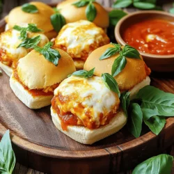 To make Chicken Parmesan Sliders, you will need: - 1 lb ground chicken - 1 cup breadcrumbs - 1/2 cup grated Parmesan cheese - 1/2 teaspoon garlic powder - 1/2 teaspoon dried oregano - 1/2 teaspoon salt - 1/4 teaspoon black pepper - 1/4 cup fresh parsley, chopped - 1/2 cup marinara sauce - 1 cup shredded mozzarella cheese - 12 slider buns - 2 tablespoons olive oil - Fresh basil leaves for garnish (optional) Ground chicken is the star of this dish. It is lean and cooks quickly. You can find it in most grocery stores. Breadcrumbs add texture and help bind the chicken patties. I prefer using plain breadcrumbs, but seasoned ones work too. Parmesan cheese gives a salty, nutty flavor. Fresh parsley adds brightness and color to the sliders. Marinara sauce offers a rich, tomato flavor that complements the chicken well. Finally, mozzarella cheese melts beautifully, creating that gooey, cheesy aspect we all love. You can easily swap some ingredients if needed: - Ground turkey can replace ground chicken. - If you don’t have breadcrumbs, crushed crackers work well. - Use Pecorino Romano cheese instead of Parmesan for a sharper taste. - If you need a gluten-free option, try gluten-free bread or almond flour. - For a dairy-free version, use vegan cheese and skip the Parmesan. Using these substitutions can help you make the recipe fit your needs while still being delicious. For the full recipe, you can check the provided details above. Start by preheating your oven to 375°F (190°C). This makes sure your sliders bake perfectly. While the oven heats, gather all your ingredients. You need ground chicken, breadcrumbs, Parmesan cheese, garlic powder, dried oregano, salt, black pepper, parsley, marinara sauce, mozzarella cheese, slider buns, and olive oil. Having everything ready saves time and makes cooking fun. In a large bowl, mix the ground chicken with breadcrumbs, Parmesan cheese, garlic powder, oregano, salt, black pepper, and chopped parsley. Use your hands to combine everything well. This lets all the flavors mix together. After mixing, form the chicken mixture into 12 small patties. Make them slightly smaller than the slider buns. This ensures they fit nicely. Heat 1 tablespoon of olive oil in a large skillet over medium heat. Once hot, place the patties in the skillet. Cook them for about 5-7 minutes on each side. You want a nice golden brown color, indicating they're cooked through. If your skillet is small, cook in batches. This keeps them from crowding and ensures even cooking. After cooking, set the patties on a baking sheet lined with parchment paper. Add a tablespoon of marinara sauce on each patty. Then, sprinkle mozzarella cheese on top. Now, place the baking sheet in the preheated oven. Bake for 5-7 minutes until the cheese is melted and bubbly. Slice the slider buns in half and place a patty on the bottom half of each bun. Add more marinara sauce if you like, and top with a basil leaf for a touch of fresh flavor. Finally, place the top half of the bun over the chicken. Brush the tops with remaining olive oil for extra shine and flavor. Serve warm and enjoy! Check out the Full Recipe for detailed steps. To keep your sliders juicy, use ground chicken with some fat. Fat adds flavor and moisture. Mix your chicken with breadcrumbs and cheese well. This helps bind the ingredients and keeps the patties moist. When shaping the patties, make them a bit smaller than the buns. This way, they will not spill out when you bite into them. Cook the patties until they are golden brown. This adds a nice crunch and flavor. These chicken parmesan sliders shine on their own, but you can enhance your meal. Serve them with a side of marinara sauce for dipping. A fresh green salad adds a nice crunch and balances the meal. You can also pair the sliders with crispy sweet potato fries. They add a fun twist to your meal. For drinks, try serving sparkling water with lemon or iced tea. For a stunning display, arrange your sliders on a large platter. Stack them neatly and add fresh basil leaves on top. You can also drizzle extra marinara sauce over the sliders for color. Use small flags or toothpicks to hold each slider together. This makes them easy to grab. Consider using a wooden board for a rustic look. It adds charm to your table setting. For the full recipe, check out the complete guide! {{image_2}} Want to add some heat? You can make spicy chicken Parmesan sliders easily. Just mix in some crushed red pepper flakes or chopped jalapeños into the chicken mixture. This will give your sliders a nice kick. You can also use spicy marinara sauce for extra flavor. The heat balances well with the melted cheese and soft buns. Not everyone eats meat, but you can still enjoy sliders! Use a mix of black beans and quinoa as a base. Add breadcrumbs, cheese, and seasonings to create a tasty patty. You can also try using eggplant or zucchini slices instead of meat. Bake or grill them to get a nice texture. Top with marinara sauce and cheese just like the chicken sliders. Cheese can change the whole flavor of your sliders. While mozzarella is classic, try using provolone or fontina for a twist. Each cheese brings its own taste and meltability. For the sauce, you don't have to stick with marinara. Pesto is a great choice, or even a creamy Alfredo sauce for a richer flavor. Mix and match to find your favorite combinations. For more ideas, check out the Full Recipe for delicious chicken Parmesan sliders! After you enjoy your Chicken Parmesan Sliders, store any leftovers in an airtight container. Keep the sliders in the fridge. They will stay fresh for up to three days. If you want to keep them longer, consider freezing them. To reheat the sliders, preheat your oven to 350°F (175°C). Place the sliders on a baking sheet. Cover them with foil to keep them moist. Heat for about 10-15 minutes or until warmed through. You can also use a microwave for a quick option. Heat each slider for about 30-45 seconds. If you want to freeze your sliders, it’s easy! Wrap each slider tightly in plastic wrap. Then, place them in a freezer bag. They can last up to three months in the freezer. When you're ready to enjoy them, thaw them in the fridge overnight before reheating. This helps keep the flavors intact. For a quick meal, just grab what you need from the freezer. This recipe makes it all simple and fun! For the full recipe, check the section above. Yes, you can prepare Chicken Parmesan Sliders ahead of time. You can mix the chicken and shape the patties. Store them in the fridge until you are ready to cook. This makes it easy for a busy day or a party. If you want, you can also bake them and then reheat when needed. Just remember to cover them to keep them moist. You can tell when the patties are done by checking their color. They should be golden brown on the outside. Use a meat thermometer to check the inside. The chicken should reach 165°F (74°C) for safety. If you cut one open, the meat should be white, not pink. This way, you are sure they are cooked fully. You can serve Chicken Parmesan Sliders with several sides. A fresh salad pairs well, adding crunch and color. Sweet potato fries also make a great match for their flavor. You can even serve them with extra marinara sauce for dipping. For a fun twist, try a side of garlic bread. This will keep your meal both tasty and filling. Check out the Full Recipe for more ideas! In this post, I covered ingredients, step-by-step cooking, and tips for perfect sliders. You learned how to choose ingredients and their substitutes. We also explored tasty variations and ways to store leftovers. Remember to have fun with your sliders. Experiment with flavors and pairings. The joy of cooking lies in trying new things. Keep this guide handy, and enjoy each delicious bite!