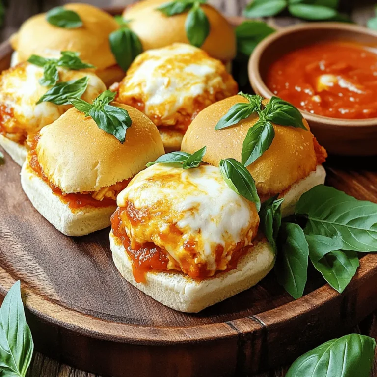 To make Chicken Parmesan Sliders, you will need: - 1 lb ground chicken - 1 cup breadcrumbs - 1/2 cup grated Parmesan cheese - 1/2 teaspoon garlic powder - 1/2 teaspoon dried oregano - 1/2 teaspoon salt - 1/4 teaspoon black pepper - 1/4 cup fresh parsley, chopped - 1/2 cup marinara sauce - 1 cup shredded mozzarella cheese - 12 slider buns - 2 tablespoons olive oil - Fresh basil leaves for garnish (optional) Ground chicken is the star of this dish. It is lean and cooks quickly. You can find it in most grocery stores. Breadcrumbs add texture and help bind the chicken patties. I prefer using plain breadcrumbs, but seasoned ones work too. Parmesan cheese gives a salty, nutty flavor. Fresh parsley adds brightness and color to the sliders. Marinara sauce offers a rich, tomato flavor that complements the chicken well. Finally, mozzarella cheese melts beautifully, creating that gooey, cheesy aspect we all love. You can easily swap some ingredients if needed: - Ground turkey can replace ground chicken. - If you don’t have breadcrumbs, crushed crackers work well. - Use Pecorino Romano cheese instead of Parmesan for a sharper taste. - If you need a gluten-free option, try gluten-free bread or almond flour. - For a dairy-free version, use vegan cheese and skip the Parmesan. Using these substitutions can help you make the recipe fit your needs while still being delicious. For the full recipe, you can check the provided details above. Start by preheating your oven to 375°F (190°C). This makes sure your sliders bake perfectly. While the oven heats, gather all your ingredients. You need ground chicken, breadcrumbs, Parmesan cheese, garlic powder, dried oregano, salt, black pepper, parsley, marinara sauce, mozzarella cheese, slider buns, and olive oil. Having everything ready saves time and makes cooking fun. In a large bowl, mix the ground chicken with breadcrumbs, Parmesan cheese, garlic powder, oregano, salt, black pepper, and chopped parsley. Use your hands to combine everything well. This lets all the flavors mix together. After mixing, form the chicken mixture into 12 small patties. Make them slightly smaller than the slider buns. This ensures they fit nicely. Heat 1 tablespoon of olive oil in a large skillet over medium heat. Once hot, place the patties in the skillet. Cook them for about 5-7 minutes on each side. You want a nice golden brown color, indicating they're cooked through. If your skillet is small, cook in batches. This keeps them from crowding and ensures even cooking. After cooking, set the patties on a baking sheet lined with parchment paper. Add a tablespoon of marinara sauce on each patty. Then, sprinkle mozzarella cheese on top. Now, place the baking sheet in the preheated oven. Bake for 5-7 minutes until the cheese is melted and bubbly. Slice the slider buns in half and place a patty on the bottom half of each bun. Add more marinara sauce if you like, and top with a basil leaf for a touch of fresh flavor. Finally, place the top half of the bun over the chicken. Brush the tops with remaining olive oil for extra shine and flavor. Serve warm and enjoy! Check out the Full Recipe for detailed steps. To keep your sliders juicy, use ground chicken with some fat. Fat adds flavor and moisture. Mix your chicken with breadcrumbs and cheese well. This helps bind the ingredients and keeps the patties moist. When shaping the patties, make them a bit smaller than the buns. This way, they will not spill out when you bite into them. Cook the patties until they are golden brown. This adds a nice crunch and flavor. These chicken parmesan sliders shine on their own, but you can enhance your meal. Serve them with a side of marinara sauce for dipping. A fresh green salad adds a nice crunch and balances the meal. You can also pair the sliders with crispy sweet potato fries. They add a fun twist to your meal. For drinks, try serving sparkling water with lemon or iced tea. For a stunning display, arrange your sliders on a large platter. Stack them neatly and add fresh basil leaves on top. You can also drizzle extra marinara sauce over the sliders for color. Use small flags or toothpicks to hold each slider together. This makes them easy to grab. Consider using a wooden board for a rustic look. It adds charm to your table setting. For the full recipe, check out the complete guide! {{image_2}} Want to add some heat? You can make spicy chicken Parmesan sliders easily. Just mix in some crushed red pepper flakes or chopped jalapeños into the chicken mixture. This will give your sliders a nice kick. You can also use spicy marinara sauce for extra flavor. The heat balances well with the melted cheese and soft buns. Not everyone eats meat, but you can still enjoy sliders! Use a mix of black beans and quinoa as a base. Add breadcrumbs, cheese, and seasonings to create a tasty patty. You can also try using eggplant or zucchini slices instead of meat. Bake or grill them to get a nice texture. Top with marinara sauce and cheese just like the chicken sliders. Cheese can change the whole flavor of your sliders. While mozzarella is classic, try using provolone or fontina for a twist. Each cheese brings its own taste and meltability. For the sauce, you don't have to stick with marinara. Pesto is a great choice, or even a creamy Alfredo sauce for a richer flavor. Mix and match to find your favorite combinations. For more ideas, check out the Full Recipe for delicious chicken Parmesan sliders! After you enjoy your Chicken Parmesan Sliders, store any leftovers in an airtight container. Keep the sliders in the fridge. They will stay fresh for up to three days. If you want to keep them longer, consider freezing them. To reheat the sliders, preheat your oven to 350°F (175°C). Place the sliders on a baking sheet. Cover them with foil to keep them moist. Heat for about 10-15 minutes or until warmed through. You can also use a microwave for a quick option. Heat each slider for about 30-45 seconds. If you want to freeze your sliders, it’s easy! Wrap each slider tightly in plastic wrap. Then, place them in a freezer bag. They can last up to three months in the freezer. When you're ready to enjoy them, thaw them in the fridge overnight before reheating. This helps keep the flavors intact. For a quick meal, just grab what you need from the freezer. This recipe makes it all simple and fun! For the full recipe, check the section above. Yes, you can prepare Chicken Parmesan Sliders ahead of time. You can mix the chicken and shape the patties. Store them in the fridge until you are ready to cook. This makes it easy for a busy day or a party. If you want, you can also bake them and then reheat when needed. Just remember to cover them to keep them moist. You can tell when the patties are done by checking their color. They should be golden brown on the outside. Use a meat thermometer to check the inside. The chicken should reach 165°F (74°C) for safety. If you cut one open, the meat should be white, not pink. This way, you are sure they are cooked fully. You can serve Chicken Parmesan Sliders with several sides. A fresh salad pairs well, adding crunch and color. Sweet potato fries also make a great match for their flavor. You can even serve them with extra marinara sauce for dipping. For a fun twist, try a side of garlic bread. This will keep your meal both tasty and filling. Check out the Full Recipe for more ideas! In this post, I covered ingredients, step-by-step cooking, and tips for perfect sliders. You learned how to choose ingredients and their substitutes. We also explored tasty variations and ways to store leftovers. Remember to have fun with your sliders. Experiment with flavors and pairings. The joy of cooking lies in trying new things. Keep this guide handy, and enjoy each delicious bite!