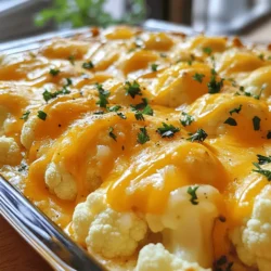 - 1 large head of cauliflower - 2 cups shredded cheddar cheese - 1 cup cream cheese - 1/2 cup milk - 1 teaspoon garlic powder - 1/2 teaspoon onion powder - 1/4 cup grated Parmesan cheese - Fresh parsley, chopped This cheesy cauliflower bake uses simple ingredients. You start with a large head of cauliflower. I love using fresh cauliflower for the best taste. It adds a nice crunch. Shredded cheddar cheese is key for flavor. I use two cups, but feel free to add more. Cream cheese makes the dish creamy and rich. One cup is enough to bind everything. You can add optional ingredients to boost flavor. Milk helps thin the mix. Garlic powder and onion powder give it a nice kick. They add depth without much work. For toppings, grated Parmesan cheese adds a salty bite. I sprinkle it on top before baking. Fresh parsley not only looks nice but adds freshness. It’s a great way to finish the dish. You can find the full recipe in the main article. - Preheat your oven to 375°F (190°C). - Steam the cauliflower florets for about 5–7 minutes. They should be tender but firm. Steaming helps to keep the cauliflower's nutrients intact. I like to steam until they are bright white. This makes the dish look fresh and appetizing. - In a large mixing bowl, combine 1 cup of softened cream cheese, 1/2 cup of milk, 1 teaspoon of garlic powder, 1/2 teaspoon of onion powder, and 1/2 teaspoon of paprika. Add salt and pepper to taste. Mix until smooth. - Stir in 1 1/2 cups of shredded cheddar cheese until it blends well. This cheese mixture is creamy and full of flavor. The spices add depth, making the dish even better. - Gently fold in the steamed cauliflower florets. Ensure each piece gets coated in the cheese mixture. I love this part because you can see the cauliflower transform into something special. - Pour the cauliflower mixture into a greased baking dish. Spread it out evenly. - Top with the remaining 1/2 cup of shredded cheddar cheese and 1/4 cup of grated Parmesan cheese. This topping creates a rich, golden crust when baked. - Bake for 25–30 minutes. Watch for the cheese to bubble and turn golden brown. The aroma fills the kitchen, and you’ll know it’s almost ready. Once it’s out, let it cool for a few minutes. It’s a great comfort dish that everyone will love. For the full recipe, check out the earlier section. To make your Cheesy Cauliflower Bake even tastier, try adding spices. I love using: - 1 teaspoon garlic powder - 1/2 teaspoon onion powder - 1/2 teaspoon paprika These spices bring warmth and depth to the dish. You can also add herbs like thyme or oregano for freshness. For cheese, I recommend using: - Sharp cheddar cheese for a strong flavor - Gruyère cheese for a nutty taste - Mozzarella cheese for creaminess Mixing different cheeses adds layers of flavor. Want a lighter version? Use low-fat cream cheese and low-fat milk. This cuts calories without losing taste. You can also boost nutrients by adding vegetables. Try mixing in: - Spinach for iron - Broccoli florets for extra crunch - Carrots for sweetness These veggies make your dish colorful and healthy. Steaming cauliflower is simple. Place chopped florets in a pot with a bit of water. Cover and steam for 5–7 minutes until tender. This keeps the cauliflower firm and flavorful. Avoid overcooking! If you cook it too long, it can turn mushy. You want it slightly crisp before mixing it with cheese. This keeps your dish from getting watery and helps it bake perfectly. {{image_2}} Adding bacon to your cheesy cauliflower bake brings great flavor. The salty, smoky taste pairs well with the cheese and cauliflower. Use crispy, cooked bacon bits. You can add about 1 cup to the cheese mixture. This will make your dish even more special. When you add bacon, reduce the salt in the recipe. Bacon is already salty, so you want to avoid an overly salty dish. Keep an eye on the bake time as well. If you notice the bacon browning quickly, cover it with foil. This helps prevent burning while the cheese melts. For a vegan version, you can swap out the cheese and cream. Use plant-based cheese shreds and vegan cream cheese. Coconut milk or almond milk works well in place of regular milk. These swaps keep the dish creamy and delicious. Adjust cooking times slightly. You may need to bake a bit longer for the cheese to melt. Check it often, and remove it once the cheese is bubbly. This way, you'll get that tasty vegan comfort without losing flavor. To make sure your dish is gluten-free, check all your ingredients. Many pre-packaged cheese products are safe, but read the labels. Use gluten-free breadcrumbs if you want a crunchy topping. If you want to add a crust, consider using ground nuts or gluten-free oats. These add texture and taste without gluten. Just spread them over the top before baking to get a nice crunch. Enjoy your cheesy cauliflower bake, knowing it fits your diet! To store your leftover cheesy cauliflower bake, let it cool first. Place it in an airtight container. Make sure to keep it in the fridge. It will stay good for about three to five days. Always check for any signs of spoilage before eating. If you want to reheat it, try using an oven for the best results. This keeps the cheese nice and melty. If you want to save some for later, freezing works well. First, let the dish cool completely. Then, cut it into portions. Wrap each piece tightly in plastic wrap. Place the wrapped pieces in a freezer bag. This will help keep the flavors fresh. You can freeze it for up to three months. When you are ready to enjoy it again, take a piece out. Let it thaw in the fridge overnight. For reheating, put it in the oven at 350°F (175°C) until heated through. This usually takes about 20 minutes. You can add a little extra cheese on top if you like it extra cheesy. 1. Preheat your oven to 375°F (190°C). 2. Steam the cauliflower florets for 5–7 minutes. They should be tender but firm. 3. Mix softened cream cheese, milk, garlic powder, onion powder, paprika, salt, and pepper until smooth. 4. Add 1 1/2 cups of shredded cheddar cheese to the mixture. Stir well. 5. Gently fold in the steamed cauliflower until coated. 6. Pour the mixture into a greased baking dish. Spread it evenly. 7. Top with the remaining cheddar cheese and grated Parmesan cheese. 8. Bake for 25–30 minutes until the cheese is bubbly and golden. 9. Let it cool for a few minutes before serving. 10. Garnish with fresh parsley. This will help you create a cheesy delight that everyone loves. For the full recipe, check out the detailed instructions above. Yes, you can prepare the Cheesy Cauliflower Bake ahead of time. Here’s how: - Steam the cauliflower and make the cheese mixture. - Combine them and pour into the baking dish. - Cover the dish with plastic wrap and store it in the fridge. - You can bake it later when you're ready. Just add a few extra minutes to the baking time. This method saves time and adds ease to your meal prep. This dish pairs well with many side items. Here are a few ideas: - Roasted chicken or turkey for a hearty meal. - A fresh garden salad for a light touch. - Garlic bread for a comforting addition. - Steamed broccoli for extra veggies. These options complement the creamy flavors of the bake nicely. Enjoy! This article explored how to make a delicious Cheesy Cauliflower Bake. We covered the main and optional ingredients, including simple toppings. You learned step-by-step instructions for preparation, mixing, baking, and helpful tips. I shared ideas for variations, like adding bacon or making it vegan. Finally, we discussed storage tips to keep leftovers fresh. This dish is easy to make, and you can customize it. Enjoy your tasty creation and feel free to experiment!
