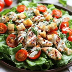 To make a Classic Chicken Caesar Salad, you need fresh and tasty ingredients. Here is the list of what you'll need: - Boneless, skinless chicken breasts - Romaine lettuce - Cherry tomatoes - Parmesan cheese - Homemade or store-bought ranch dressing - Croutons - Olive oil - Garlic powder - Salt and black pepper - Fresh herbs for garnish Each ingredient plays a key role in this salad. The chicken provides protein, while romaine gives crunch. Cherry tomatoes add a pop of color and sweetness. Parmesan cheese brings a salty, nutty flavor. Dressing binds everything together and adds creaminess. When choosing your ingredients, freshness is important. Look for vibrant romaine and ripe cherry tomatoes. High-quality cheese makes a big difference too. If you have time, consider making your own ranch dressing for a personal touch. Now you have your ingredients ready! You can find the Full Recipe to prepare this delightful dish. Enjoy your cooking! To start, we need to marinate the chicken. Rub the chicken breasts with olive oil, garlic powder, salt, and black pepper. Let it marinate for 15 minutes. This step adds flavor and keeps the chicken juicy. Next, let's cook the chicken. You can grill or bake it. If you choose to grill, preheat to medium-high heat. Place the chicken on the grill and cook for about 6-7 minutes on each side. Make sure it reaches 165°F (75°C). If you prefer baking, preheat your oven to 400°F (200°C). Bake the chicken for 20-25 minutes until fully cooked. After cooking, let the chicken rest for 5 minutes. This helps the juices settle, making the meat tender when you slice it. Now, we can assemble the salad. In a large mixing bowl, combine chopped romaine lettuce, halved cherry tomatoes, and half of the shaved Parmesan cheese. This mix adds a fresh crunch. Next, it’s time to dress the salad. Drizzle your ranch dressing over the salad ingredients. Toss gently until everything is well coated. You want each bite to have that creamy flavor. Finally, add the sliced chicken on top of the tossed salad. Sprinkle croutons and the remaining Parmesan cheese over the salad for extra texture and flavor. For serving, you can plate the salad individually or serve it family-style in a large bowl. This makes it fun and easy for everyone to enjoy. To finish, garnish with fresh herbs like parsley or basil. This adds a pop of color and freshness. Your Classic Chicken Caesar Salad is now ready to be enjoyed! For the full recipe, check out the detailed instructions above. Resting chicken is key to juicy meat. When you cook chicken, it loses some juices. Letting it rest for about 5 minutes helps those juices return. This makes each bite tender and full of flavor. For safety, the internal temperature of chicken must reach 165°F (75°C). Use a meat thermometer to check the temperature. This ensures that all harmful bacteria are gone. Trust me, a perfectly cooked chicken makes your salad shine. Making your own ranch dressing is easy and fun. Just mix together: - 1 cup mayonnaise - 1 cup buttermilk - 1 teaspoon garlic powder - 1 teaspoon onion powder - Salt and pepper to taste This dressing pairs wonderfully with your salad. If you want something different, try a zesty vinaigrette instead. You can mix olive oil, vinegar, and herbs for a fresh spin. You can choose between store-bought and homemade croutons. Homemade croutons are simple and tasty. Just cut bread into cubes, toss them in olive oil, and season with garlic powder, salt, and pepper. Bake them in the oven until crispy. If you want to save time, store-bought croutons work just fine. Look for options that have good flavor. You can also season your croutons with herbs like oregano or thyme for extra taste. For the full recipe, check out the Crispy Ranch Chicken Caesar Salad. {{image_2}} You can change the main protein in your salad. Shrimp or tofu work well. They add unique flavors and textures. If you want a lighter option, try grilled shrimp. For a plant-based choice, use tofu. You can also change the greens. While romaine is classic, kale or spinach adds a new twist. Toss in some bell peppers or cucumbers for extra crunch. The dressing can change the whole taste of your salad. While the classic Caesar dressing is rich and creamy, a vinaigrette offers a lighter touch. Try a lemon vinaigrette for a fresh taste. You can even mix your own dressings at home. Combine yogurt, garlic, and lemon juice for a healthy twist. Using local ingredients can make your salad special. If you are near the coast, add fresh seafood. Fresh herbs from your garden can enhance flavor. Incorporate spices from local cuisine to create a unique blend. Think about adding chili flakes or smoked paprika. This way, you can enjoy your Chicken Caesar Salad with a local flair. For a full recipe, check out the Crispy Ranch Chicken Caesar Salad recipe. To keep your Chicken Caesar Salad fresh, follow these steps: - Use airtight containers: Glass or plastic containers with tight lids work best. - Separate ingredients: Store the salad and dressing apart to avoid sogginess. - Cover chicken strips: Wrap them in plastic wrap or foil to keep moisture in. Your Chicken Caesar Salad stays fresh in the fridge for about 3 days. After that, the quality might drop. Always check for any odd smells or changes in texture before eating leftovers. When you reheat chicken, you want it juicy and tender. Here’s how: - Use low heat: Reheat in a pan on low heat, adding a splash of water or broth for moisture. - Cover with a lid: This traps steam, keeping the chicken from drying out. - Check often: Heat until just warm, about 5-7 minutes, to avoid overcooking. For the full recipe, check the Crispy Ranch Chicken Caesar Salad section above. You can try many options if you want to skip chicken. Here are some good choices: - Grilled shrimp: Quick and tasty. - Tofu: Great for a plant-based meal. - Grilled steak: Adds rich flavor. - Seared scallops: A fancy touch. - Chickpeas: Easy and filling. Each option brings a unique taste and texture. Pick what you like best! Yes, you can prepare parts of this salad ahead of time. Here are some tips: - Chicken: Cooked chicken stays fresh for up to three days in the fridge. - Lettuce: Wash and dry it. Store it in a sealed bag to keep it crisp. - Dressing: Make your ranch dressing a day before. Keep it in an airtight container. - Croutons: Store croutons in a dry place. They stay crunchy longer. Assemble the salad just before serving. This keeps everything fresh and tasty! A classic Chicken Caesar Salad has about 500 to 600 calories per serving. Here’s a quick breakdown: - Chicken breast: Around 200 calories. - Romaine lettuce: About 15 calories. - Cherry tomatoes: Roughly 30 calories. - Parmesan cheese: Around 110 calories. - Ranch dressing: About 150 calories. - Croutons: Approximately 100 calories. The total can change based on the amount of dressing and toppings you use. Enjoy this tasty salad without worry! This blog post covered how to make a tasty Chicken Caesar Salad. We talked about the key ingredients, cooking and assembling steps, and tips for perfecting your dish. You learned about ingredient swaps, storage tips, and variations to keep things fun. With this knowledge, you can enjoy your salad in many ways. Experiment with flavors, and make it your own! Get ready to impress your family and friends with your cooking skills.