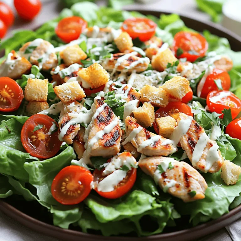 To make a Classic Chicken Caesar Salad, you need fresh and tasty ingredients. Here is the list of what you'll need: - Boneless, skinless chicken breasts - Romaine lettuce - Cherry tomatoes - Parmesan cheese - Homemade or store-bought ranch dressing - Croutons - Olive oil - Garlic powder - Salt and black pepper - Fresh herbs for garnish Each ingredient plays a key role in this salad. The chicken provides protein, while romaine gives crunch. Cherry tomatoes add a pop of color and sweetness. Parmesan cheese brings a salty, nutty flavor. Dressing binds everything together and adds creaminess. When choosing your ingredients, freshness is important. Look for vibrant romaine and ripe cherry tomatoes. High-quality cheese makes a big difference too. If you have time, consider making your own ranch dressing for a personal touch. Now you have your ingredients ready! You can find the Full Recipe to prepare this delightful dish. Enjoy your cooking! To start, we need to marinate the chicken. Rub the chicken breasts with olive oil, garlic powder, salt, and black pepper. Let it marinate for 15 minutes. This step adds flavor and keeps the chicken juicy. Next, let's cook the chicken. You can grill or bake it. If you choose to grill, preheat to medium-high heat. Place the chicken on the grill and cook for about 6-7 minutes on each side. Make sure it reaches 165°F (75°C). If you prefer baking, preheat your oven to 400°F (200°C). Bake the chicken for 20-25 minutes until fully cooked. After cooking, let the chicken rest for 5 minutes. This helps the juices settle, making the meat tender when you slice it. Now, we can assemble the salad. In a large mixing bowl, combine chopped romaine lettuce, halved cherry tomatoes, and half of the shaved Parmesan cheese. This mix adds a fresh crunch. Next, it’s time to dress the salad. Drizzle your ranch dressing over the salad ingredients. Toss gently until everything is well coated. You want each bite to have that creamy flavor. Finally, add the sliced chicken on top of the tossed salad. Sprinkle croutons and the remaining Parmesan cheese over the salad for extra texture and flavor. For serving, you can plate the salad individually or serve it family-style in a large bowl. This makes it fun and easy for everyone to enjoy. To finish, garnish with fresh herbs like parsley or basil. This adds a pop of color and freshness. Your Classic Chicken Caesar Salad is now ready to be enjoyed! For the full recipe, check out the detailed instructions above. Resting chicken is key to juicy meat. When you cook chicken, it loses some juices. Letting it rest for about 5 minutes helps those juices return. This makes each bite tender and full of flavor. For safety, the internal temperature of chicken must reach 165°F (75°C). Use a meat thermometer to check the temperature. This ensures that all harmful bacteria are gone. Trust me, a perfectly cooked chicken makes your salad shine. Making your own ranch dressing is easy and fun. Just mix together: - 1 cup mayonnaise - 1 cup buttermilk - 1 teaspoon garlic powder - 1 teaspoon onion powder - Salt and pepper to taste This dressing pairs wonderfully with your salad. If you want something different, try a zesty vinaigrette instead. You can mix olive oil, vinegar, and herbs for a fresh spin. You can choose between store-bought and homemade croutons. Homemade croutons are simple and tasty. Just cut bread into cubes, toss them in olive oil, and season with garlic powder, salt, and pepper. Bake them in the oven until crispy. If you want to save time, store-bought croutons work just fine. Look for options that have good flavor. You can also season your croutons with herbs like oregano or thyme for extra taste. For the full recipe, check out the Crispy Ranch Chicken Caesar Salad. {{image_2}} You can change the main protein in your salad. Shrimp or tofu work well. They add unique flavors and textures. If you want a lighter option, try grilled shrimp. For a plant-based choice, use tofu. You can also change the greens. While romaine is classic, kale or spinach adds a new twist. Toss in some bell peppers or cucumbers for extra crunch. The dressing can change the whole taste of your salad. While the classic Caesar dressing is rich and creamy, a vinaigrette offers a lighter touch. Try a lemon vinaigrette for a fresh taste. You can even mix your own dressings at home. Combine yogurt, garlic, and lemon juice for a healthy twist. Using local ingredients can make your salad special. If you are near the coast, add fresh seafood. Fresh herbs from your garden can enhance flavor. Incorporate spices from local cuisine to create a unique blend. Think about adding chili flakes or smoked paprika. This way, you can enjoy your Chicken Caesar Salad with a local flair. For a full recipe, check out the Crispy Ranch Chicken Caesar Salad recipe. To keep your Chicken Caesar Salad fresh, follow these steps: - Use airtight containers: Glass or plastic containers with tight lids work best. - Separate ingredients: Store the salad and dressing apart to avoid sogginess. - Cover chicken strips: Wrap them in plastic wrap or foil to keep moisture in. Your Chicken Caesar Salad stays fresh in the fridge for about 3 days. After that, the quality might drop. Always check for any odd smells or changes in texture before eating leftovers. When you reheat chicken, you want it juicy and tender. Here’s how: - Use low heat: Reheat in a pan on low heat, adding a splash of water or broth for moisture. - Cover with a lid: This traps steam, keeping the chicken from drying out. - Check often: Heat until just warm, about 5-7 minutes, to avoid overcooking. For the full recipe, check the Crispy Ranch Chicken Caesar Salad section above. You can try many options if you want to skip chicken. Here are some good choices: - Grilled shrimp: Quick and tasty. - Tofu: Great for a plant-based meal. - Grilled steak: Adds rich flavor. - Seared scallops: A fancy touch. - Chickpeas: Easy and filling. Each option brings a unique taste and texture. Pick what you like best! Yes, you can prepare parts of this salad ahead of time. Here are some tips: - Chicken: Cooked chicken stays fresh for up to three days in the fridge. - Lettuce: Wash and dry it. Store it in a sealed bag to keep it crisp. - Dressing: Make your ranch dressing a day before. Keep it in an airtight container. - Croutons: Store croutons in a dry place. They stay crunchy longer. Assemble the salad just before serving. This keeps everything fresh and tasty! A classic Chicken Caesar Salad has about 500 to 600 calories per serving. Here’s a quick breakdown: - Chicken breast: Around 200 calories. - Romaine lettuce: About 15 calories. - Cherry tomatoes: Roughly 30 calories. - Parmesan cheese: Around 110 calories. - Ranch dressing: About 150 calories. - Croutons: Approximately 100 calories. The total can change based on the amount of dressing and toppings you use. Enjoy this tasty salad without worry! This blog post covered how to make a tasty Chicken Caesar Salad. We talked about the key ingredients, cooking and assembling steps, and tips for perfecting your dish. You learned about ingredient swaps, storage tips, and variations to keep things fun. With this knowledge, you can enjoy your salad in many ways. Experiment with flavors, and make it your own! Get ready to impress your family and friends with your cooking skills.