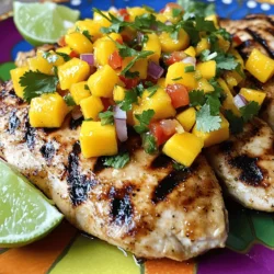 To make mango salsa chicken, you need a few key ingredients. The star of the show is the chicken. Here’s what you’ll need: - 4 boneless, skinless chicken breasts - 1 ripe mango, diced - 1 red bell pepper, finely chopped - 1 small red onion, finely chopped - 1 jalapeño, deseeded and minced - 2 tablespoons fresh cilantro, chopped - 2 tablespoons lime juice These fresh ingredients create a bright and tasty dish. Next, let’s talk about the seasoning and marinade. These add depth to the chicken. Here’s what you will need: - 1 tablespoon olive oil - 1 teaspoon garlic powder - 1 teaspoon ground cumin - Salt and pepper to taste These simple spices enhance the flavor of the chicken. You can also add optional garnishes, like extra cilantro or lime wedges, for a fun touch. For the full recipe, check out the cooking instructions! First, preheat your grill or stovetop grill pan over medium heat. This step is key to getting those nice grill marks. While the grill heats up, prepare a simple seasoning rub. In a small bowl, mix together olive oil, garlic powder, ground cumin, salt, and pepper. This rub will add great flavor to the chicken. Next, take your chicken breasts and coat them evenly with the seasoning mixture. Make sure every inch of chicken is covered. This helps to lock in moisture and flavor during cooking. Now it's time to grill. Place the seasoned chicken on the grill and cook for about 6-7 minutes on each side. You want the chicken to get that beautiful golden color. It's important to check the internal temperature. Use a meat thermometer to ensure it reaches 165°F (75°C). This keeps the chicken safe to eat. Once the chicken is done, remove it from the grill. Let it rest for 3-5 minutes. This helps the juices redistribute for a tender bite. While the chicken cooks, prepare the mango salsa. Start by dicing the ripe mango, red bell pepper, red onion, and jalapeño. Add these to a medium bowl. Then, mix in chopped cilantro and lime juice. Add a pinch of salt to balance the flavors. Stir gently to combine. Taste your salsa and adjust if needed. If you want more heat, add more jalapeño. If it needs more zing, a splash of lime juice works wonders. For the complete recipe, check the Full Recipe section. Enjoy the burst of flavors in every bite! To make the most of your Mango Salsa Chicken, start by prepping your grill. Clean the grill grates well. This step keeps the chicken from sticking. Brush some oil on the grates. It helps create those lovely grill marks. To avoid dryness, use a meat thermometer. Cook the chicken until it reaches 165°F (75°C). Let the chicken rest for a few minutes after grilling. This step locks in the juices and keeps the meat tender. Adjust the spice levels to fit your taste. If you like heat, add more jalapeño. For a milder dish, use less spice. You can also add a bit of chili powder for extra warmth. Fresh herbs make a big difference. Try adding chopped basil or mint to the salsa. These herbs give the dish a bright, fresh taste. You can even switch up the cilantro for a new twist. Want more tips? Check the Full Recipe for more details on making this dish shine! {{image_2}} You can switch up the protein in this dish. Grilled shrimp makes a great choice. Shrimp cooks quickly and pairs well with mango salsa. Just marinate it like the chicken. Tofu is another awesome option. It absorbs flavors well. Use firm tofu for the best texture. Cut it into cubes and grill until golden. You can also try baking or pan-searing for variety. These methods give a nice crust and keep the inside moist. While mango is the star of this salsa, feel free to experiment. Pineapple adds a sweet twist. Papaya offers a lovely tropical flavor too. You can also mix in other vegetables. Diced cucumber brings a refreshing crunch. Chopped tomatoes can enhance the salsa's color and taste. Don't hesitate to try different herbs. Mint or basil can offer a unique flavor profile. Each change can make this dish exciting every time you make it. For the full recipe, check the main section above. After enjoying your mango salsa chicken, store leftovers right. Place them in an airtight container. Refrigerate them within two hours to keep them safe. The chicken stays fresh for up to three days. If you want to save them longer, freezing is a good option. Wrap the chicken tightly in plastic wrap and then foil. This helps prevent freezer burn. You can freeze the salsa too. Just keep it in a separate container. It will last up to three months in the freezer. When it's time to enjoy leftovers, reheating is key. The best method is to use an oven. Preheat it to 350°F (175°C). Place the chicken on a baking sheet and cover it with foil. Heat for about 15-20 minutes. This keeps the chicken moist. If you want to reheat the salsa, do it on the stove over low heat. Stir gently until warm. Avoid microwaving the salsa, as it can lose flavor and texture. Keeping the chicken and salsa warm together helps maintain their delicious taste. How long to marinate chicken for extra flavor? I recommend marinating the chicken for at least 30 minutes. This gives the flavors time to soak in. You can also marinate it longer, up to four hours, for a stronger taste. However, avoid marinating for more than 24 hours to keep the chicken tender and juicy. Can I use frozen chicken breasts? Yes, you can use frozen chicken breasts. Just be sure to thaw them completely before cooking. You can thaw chicken overnight in the fridge or use the microwave. Once thawed, follow the same steps as in the Full Recipe. Best side dishes to serve with Mango Salsa Chicken Mango Salsa Chicken pairs well with many sides. Here are some tasty options: - Rice or quinoa for a hearty base - Grilled vegetables for added color and flavor - A fresh green salad to balance the meal - Tortilla chips with guacamole for a fun crunch Pairing with beverages for a complete meal For drinks, I suggest light and refreshing options. Here are a few ideas: - A crisp white wine like Sauvignon Blanc - Iced tea with a splash of lime - Sparkling water with fruit slices for a non-alcoholic choice - A light beer, like a pilsner, can also complement the dish well Mango Salsa Chicken is easy and fun to make. We covered the main ingredients, including chicken and fresh produce. I shared tips for grilling to ensure juicy chicken every time. You learned how to create a flavorful mango salsa and ways to switch up the recipe. Proper storage and reheating techniques keep your meal tasting fresh. Now, you can enjoy this bright, tasty dish and impress your friends or family. Remember, cooking is about creativity—experiment and make it your own!