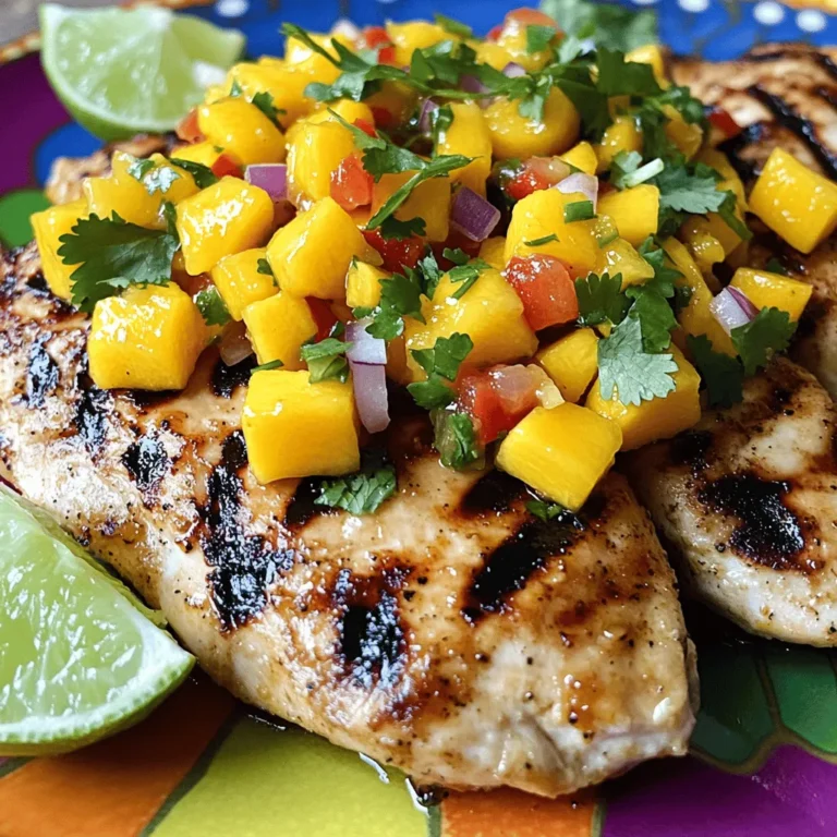 To make mango salsa chicken, you need a few key ingredients. The star of the show is the chicken. Here’s what you’ll need: - 4 boneless, skinless chicken breasts - 1 ripe mango, diced - 1 red bell pepper, finely chopped - 1 small red onion, finely chopped - 1 jalapeño, deseeded and minced - 2 tablespoons fresh cilantro, chopped - 2 tablespoons lime juice These fresh ingredients create a bright and tasty dish. Next, let’s talk about the seasoning and marinade. These add depth to the chicken. Here’s what you will need: - 1 tablespoon olive oil - 1 teaspoon garlic powder - 1 teaspoon ground cumin - Salt and pepper to taste These simple spices enhance the flavor of the chicken. You can also add optional garnishes, like extra cilantro or lime wedges, for a fun touch. For the full recipe, check out the cooking instructions! First, preheat your grill or stovetop grill pan over medium heat. This step is key to getting those nice grill marks. While the grill heats up, prepare a simple seasoning rub. In a small bowl, mix together olive oil, garlic powder, ground cumin, salt, and pepper. This rub will add great flavor to the chicken. Next, take your chicken breasts and coat them evenly with the seasoning mixture. Make sure every inch of chicken is covered. This helps to lock in moisture and flavor during cooking. Now it's time to grill. Place the seasoned chicken on the grill and cook for about 6-7 minutes on each side. You want the chicken to get that beautiful golden color. It's important to check the internal temperature. Use a meat thermometer to ensure it reaches 165°F (75°C). This keeps the chicken safe to eat. Once the chicken is done, remove it from the grill. Let it rest for 3-5 minutes. This helps the juices redistribute for a tender bite. While the chicken cooks, prepare the mango salsa. Start by dicing the ripe mango, red bell pepper, red onion, and jalapeño. Add these to a medium bowl. Then, mix in chopped cilantro and lime juice. Add a pinch of salt to balance the flavors. Stir gently to combine. Taste your salsa and adjust if needed. If you want more heat, add more jalapeño. If it needs more zing, a splash of lime juice works wonders. For the complete recipe, check the Full Recipe section. Enjoy the burst of flavors in every bite! To make the most of your Mango Salsa Chicken, start by prepping your grill. Clean the grill grates well. This step keeps the chicken from sticking. Brush some oil on the grates. It helps create those lovely grill marks. To avoid dryness, use a meat thermometer. Cook the chicken until it reaches 165°F (75°C). Let the chicken rest for a few minutes after grilling. This step locks in the juices and keeps the meat tender. Adjust the spice levels to fit your taste. If you like heat, add more jalapeño. For a milder dish, use less spice. You can also add a bit of chili powder for extra warmth. Fresh herbs make a big difference. Try adding chopped basil or mint to the salsa. These herbs give the dish a bright, fresh taste. You can even switch up the cilantro for a new twist. Want more tips? Check the Full Recipe for more details on making this dish shine! {{image_2}} You can switch up the protein in this dish. Grilled shrimp makes a great choice. Shrimp cooks quickly and pairs well with mango salsa. Just marinate it like the chicken. Tofu is another awesome option. It absorbs flavors well. Use firm tofu for the best texture. Cut it into cubes and grill until golden. You can also try baking or pan-searing for variety. These methods give a nice crust and keep the inside moist. While mango is the star of this salsa, feel free to experiment. Pineapple adds a sweet twist. Papaya offers a lovely tropical flavor too. You can also mix in other vegetables. Diced cucumber brings a refreshing crunch. Chopped tomatoes can enhance the salsa's color and taste. Don't hesitate to try different herbs. Mint or basil can offer a unique flavor profile. Each change can make this dish exciting every time you make it. For the full recipe, check the main section above. After enjoying your mango salsa chicken, store leftovers right. Place them in an airtight container. Refrigerate them within two hours to keep them safe. The chicken stays fresh for up to three days. If you want to save them longer, freezing is a good option. Wrap the chicken tightly in plastic wrap and then foil. This helps prevent freezer burn. You can freeze the salsa too. Just keep it in a separate container. It will last up to three months in the freezer. When it's time to enjoy leftovers, reheating is key. The best method is to use an oven. Preheat it to 350°F (175°C). Place the chicken on a baking sheet and cover it with foil. Heat for about 15-20 minutes. This keeps the chicken moist. If you want to reheat the salsa, do it on the stove over low heat. Stir gently until warm. Avoid microwaving the salsa, as it can lose flavor and texture. Keeping the chicken and salsa warm together helps maintain their delicious taste. How long to marinate chicken for extra flavor? I recommend marinating the chicken for at least 30 minutes. This gives the flavors time to soak in. You can also marinate it longer, up to four hours, for a stronger taste. However, avoid marinating for more than 24 hours to keep the chicken tender and juicy. Can I use frozen chicken breasts? Yes, you can use frozen chicken breasts. Just be sure to thaw them completely before cooking. You can thaw chicken overnight in the fridge or use the microwave. Once thawed, follow the same steps as in the Full Recipe. Best side dishes to serve with Mango Salsa Chicken Mango Salsa Chicken pairs well with many sides. Here are some tasty options: - Rice or quinoa for a hearty base - Grilled vegetables for added color and flavor - A fresh green salad to balance the meal - Tortilla chips with guacamole for a fun crunch Pairing with beverages for a complete meal For drinks, I suggest light and refreshing options. Here are a few ideas: - A crisp white wine like Sauvignon Blanc - Iced tea with a splash of lime - Sparkling water with fruit slices for a non-alcoholic choice - A light beer, like a pilsner, can also complement the dish well Mango Salsa Chicken is easy and fun to make. We covered the main ingredients, including chicken and fresh produce. I shared tips for grilling to ensure juicy chicken every time. You learned how to create a flavorful mango salsa and ways to switch up the recipe. Proper storage and reheating techniques keep your meal tasting fresh. Now, you can enjoy this bright, tasty dish and impress your friends or family. Remember, cooking is about creativity—experiment and make it your own!