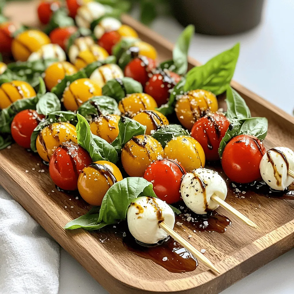 To make tasty Caprese skewers, gather these key ingredients: - 1 cup cherry tomatoes - 1 cup fresh mozzarella balls (bocconcini or ciliegine) - Fresh basil leaves - 2 tablespoons balsamic glaze - 1 tablespoon extra virgin olive oil - Salt and pepper to taste - Skewers (wooden or metal) These ingredients bring bright colors and fresh flavors to your plate. You can add your own twist with these optional ingredients: - Prosciutto for a savory bite - Avocado slices for creaminess - Peppers for a crunchy texture - Pine nuts for added crunch Feel free to mix and match. Your skewers can be as unique as you want! Freshness matters in Caprese skewers. Here’s how to choose the best: - Cherry Tomatoes: Look for bright colors and firm skin. Avoid any that feel soft or have wrinkles. - Mozzarella: Pick mozzarella that feels moist and bouncy. Check for a clean, milky smell. - Basil: Choose basil leaves that are vibrant and green. Avoid any with browning or wilting. Using fresh ingredients makes your skewers taste amazing. Quality matters, so take your time when shopping. For the full recipe, check the earlier section. To start, gather your ingredients. You need cherry tomatoes, fresh mozzarella balls, and basil leaves. Wash the tomatoes and basil under cold water. Use a clean towel to pat them dry. This step is key for keeping the flavors bright. Freshness is crucial for Caprese skewers. Now, grab your skewers. You can use wooden or metal ones. Start by threading a cherry tomato onto the skewer. Next, add a fresh basil leaf. Follow this with a mozzarella ball. Repeat this sequence until the skewer is nearly full. You should fit about three tomatoes and three mozzarella balls on each skewer. Leave a bit of space at both ends. This makes it easier to handle. Once you finish assembling the skewers, it's time for the finishing touches. Drizzle the skewers with extra virgin olive oil and balsamic glaze. This adds depth to the taste. Season with salt and pepper, but don’t overdo it. You want to enhance the freshness, not mask it. Finally, arrange the skewers on a serving platter. For a lovely presentation, drizzle more balsamic glaze on top. You can also serve them upright in a jar with extra basil leaves around. This makes your dish pop with color and flavor! To make your Caprese skewers shine, focus on fresh flavors. Use ripe cherry tomatoes. Choose mozzarella that is soft and creamy. Fresh basil adds a bright taste. Drizzle with good balsamic glaze and olive oil for depth. Don’t forget to season with salt and pepper. This helps bring out the ingredients' natural flavors. A light hand is key; you want the fresh taste to stand out. Prep your ingredients before you start. Wash the tomatoes and basil ahead of time. You can also buy mozzarella balls ready to use. If you're short on time, skip the individual assembly. Instead, layer everything in a bowl. Guests can serve themselves, and it saves time. Use sturdy skewers to keep everything in place and avoid mess. Caprese skewers fit many events. For casual get-togethers, serve them on a platter. They make great appetizers at parties. For a picnic, pack them in a container. If it’s a holiday, arrange them in a festive jar. You can add more flavors for special occasions. Consider adding prosciutto or olives for a twist. Serve with fresh bread or a side salad to round out the meal. {{image_2}} While fresh mozzarella is classic, many other cheeses work well. You can try burrata for its creamy texture. Goat cheese adds a tangy taste. Feta cheese offers a bold flavor and crumbly texture. Each cheese brings a unique twist to your skewers. Feel free to mix in extra ingredients for more taste. Add slices of avocado for creaminess. You can include roasted red peppers for a sweet kick. Sun-dried tomatoes offer a rich flavor. Fresh arugula or spinach adds a peppery bite. Just remember to keep the balance, so each flavor shines. You can easily make Caprese skewers vegan. Use marinated tofu or cashew cheese instead of mozzarella. For gluten-free options, simply stick to the fresh ingredients. Always check the labels on sauces to ensure they fit dietary needs. This way, everyone can enjoy these tasty bites. If you have leftover Caprese skewers, store them in the fridge. Use an airtight container to keep them fresh. They will stay good for about two days. Make sure to cover the skewers with a damp paper towel to keep the basil from wilting. The flavors will still be tasty the next day. Meal prep makes life easier. You can prepare the skewers in advance. Just assemble them without the balsamic glaze. Add the glaze right before serving to keep the flavors fresh. Store the skewers in the fridge until you are ready to serve. This method saves time on busy days or during a party. I do not recommend freezing Caprese skewers. The tomatoes and cheese lose their texture when thawed. It's best to enjoy them fresh. You can always prep the ingredients and freeze them separately. When you're ready, just assemble the skewers again. For more ideas, check the Full Recipe for Caprese Skewers. Caprese skewers stay fresh for about two days in the fridge. Store them in a sealed container. The tomatoes and cheese may lose some texture after that time, but they will still taste good. Yes, you can make Caprese skewers ahead of time. Prepare them a few hours before your event. Just keep them in the fridge until you are ready to serve. This way, the flavors meld together nicely. You can mix and match ingredients for fun flavors. Try using different cheeses like feta or goat cheese. Add olives, peppers, or even fruits like mango for sweetness. For a spicy kick, add jalapeños or drizzle with chili oil. Your skewers can be as creative as you want! For the complete recipe, check out the Full Recipe. Caprese skewers are a fun and tasty treat. We covered required and optional ingredients. Fresh selections can make your skewers shine. I shared steps for prep and assembly. Tips helped enhance flavors and save time. You can explore different cheese and diet options. Proper storage keeps leftovers fresh longer. Now, you can make these skewers easy! Enjoy creating your own delicious versions for any occasion. Simple, fresh, and flavorful, Caprese skewers are sure to impress.