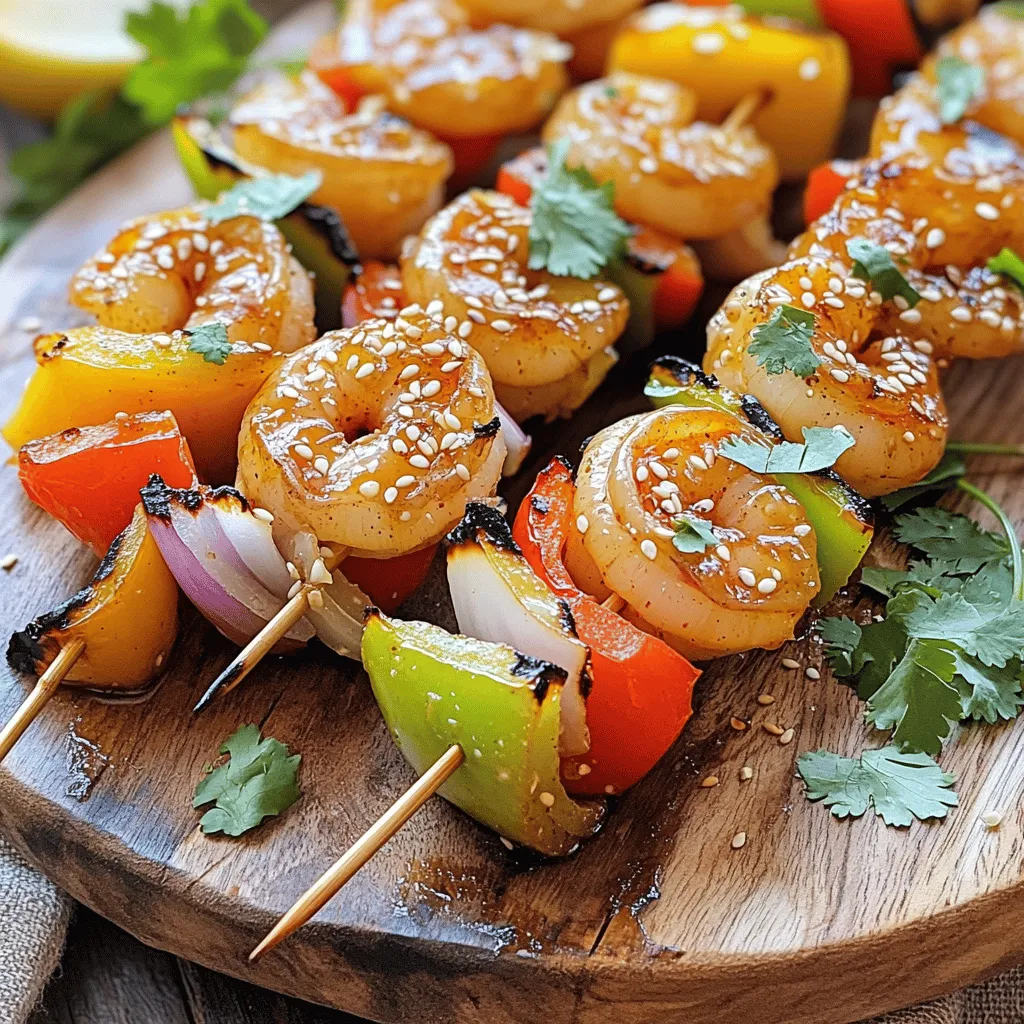 - 1 lb large shrimp, peeled and deveined - 1/4 cup honey - 1/4 cup soy sauce (low sodium preferred) - 3 cloves garlic, minced - 1 tablespoon fresh ginger, grated - 1 tablespoon sesame oil - 1 teaspoon crushed red pepper flakes (adjust to taste) - 1 bell pepper, cut into chunks - 1 onion, cut into chunks - Wooden or metal skewers (if using wooden, soak in water for 30 minutes) The main ingredients for honey garlic shrimp skewers are simple yet full of flavor. The shrimp is the star of the dish. I like to use large shrimp since they hold up well on the skewers. The honey adds a sweet touch that balances the salty soy sauce. Garlic and ginger give a nice kick to the marinade. You can adjust the crushed red pepper flakes to your liking if you want some heat. The bell pepper and onion not only add color but also great flavor. - Sesame seeds - Fresh cilantro or parsley For garnishes, sesame seeds offer a nice crunch. They also look beautiful on the skewers. Fresh cilantro or parsley can brighten the dish and add a fresh taste. You can choose one or both based on your preference. - Wooden vs. metal skewers - Soaking wooden skewers When choosing skewers, you can use either wooden or metal. Metal skewers are sturdy and reusable. Wooden skewers are great for grilling but need soaking. Soak wooden skewers in water for 30 minutes before using. This step helps prevent burning on the grill. It also keeps your shrimp juicy. Make sure to keep these tips in mind. They will help you create a delicious and fun dish that everyone will love. For the full recipe, check out the details above. To start, you need to mix the marinade. In a bowl, combine honey, soy sauce, minced garlic, grated ginger, sesame oil, and crushed red pepper flakes. This mix is the key to flavor. After you mix it, add the shrimp. Make sure each shrimp gets coated well. Let them marinate for at least 30 minutes. If you have time, up to 2 hours in the fridge gives great taste. Next, it’s time to assemble the skewers. Grab your skewers and start by alternating shrimp with chunks of bell pepper and onion. This not only looks good but adds flavor too. For a pretty presentation, try to keep the colors bright. This makes your dish pop and looks great on the grill. Now, let’s get grilling. Preheat your grill or grill pan over medium-high heat. If using a grill, oil the grates lightly. This helps prevent sticking. Grill the skewers for about 2-3 minutes per side. You want the shrimp to turn pink and opaque. Baste with leftover marinade for extra flavor. Just remember to discard any marinade that touched raw shrimp. Once done, let the skewers rest for a few minutes. Garnish with sesame seeds and fresh cilantro or parsley for a tasty finish. Enjoy your honey garlic shrimp skewers! You can find the [Full Recipe] for more details. To make a great marinade, mix honey, soy sauce, garlic, ginger, and sesame oil. You can adjust the flavors to your taste. If you like it sweeter, add more honey. If you want it saltier, add more soy sauce. For a kick, increase the crushed red pepper flakes. I often recommend fresh herbs like cilantro or parsley to brighten the dish. Grilling shrimp skewers can be tricky. One common mistake is grilling on too high heat. It can burn the shrimp quickly. Aim for medium-high heat instead. Lightly oil the grates to prevent sticking. Grill the skewers for about 2-3 minutes on each side. Look for the shrimp to turn pink and opaque. This shows they are done. A nice char adds flavor and texture. These skewers pair well with various sides. Try a fresh salad or grilled vegetables. Rice or quinoa also complements the shrimp. For a fun twist, serve them in tacos with slaw. You can garnish with sesame seeds and fresh herbs for a pop of color. {{image_2}} You can easily swap out shrimp for other proteins. Chicken works well, too. Cut it into cubes and marinate just like shrimp. Tofu is another great option for a plant-based dish. Just remember to press it first to remove excess moisture. For vegetables, you can mix it up. Try zucchini, mushrooms, or cherry tomatoes. They all add great flavor and color. Just make sure to cut them into similar sizes for even cooking. Want more heat? Add sriracha or diced jalapeños to your marinade. This will give your skewers a spicy kick. If you prefer sweeter flavors, try using maple syrup or agave instead of honey. These options can add a unique twist to your dish. You can make these skewers in the oven if you don’t have a grill. Preheat your oven to 400°F (204°C). Place the skewers on a baking sheet lined with foil. Bake for about 10-12 minutes, turning halfway through. Another option is to use a skillet. Heat some oil over medium-high heat. Cook the skewers for about 2-3 minutes on each side. This method gives a nice sear and is quick. Using these variations, you can customize your honey garlic shrimp skewers. Enjoy experimenting with flavors! For the full recipe, check out the detailed instructions above. To keep your honey garlic shrimp skewers fresh, store them in the fridge. Place leftovers in an airtight container. They will stay good for about three days. If you want to save them longer, freezing is a great option. Wrap the skewers tightly in plastic wrap or foil. Then, place them in a freezer bag. They can last up to three months in the freezer. When you want to eat your leftovers, reheat them gently. Avoid high heat to keep the shrimp juicy. The best methods are using the oven or skillet. For the oven, preheat to 350°F. Bake the skewers for about 10 minutes. If using a skillet, heat it on low and add a splash of water. Cover it and warm for about 5 minutes. This helps steam the shrimp without drying them out. Leftover honey garlic shrimp skewers last about three days in the fridge. After that, check for signs of spoilage. Look for any off smells or changes in color. If the shrimp feels slimy or sticky, it’s time to toss it. Always trust your nose and eyes to keep your meals safe. Yes, you can prepare these skewers ahead of time. I recommend marinating the shrimp for up to two hours. This way, they soak up all the tasty flavors. You can also assemble the skewers and store them in the fridge. Just make sure to cover them well. When you are ready to cook, simply grill them straight from the fridge. This saves you time and adds to the fun! For skewers, I like using large shrimp. They stay juicy and cook evenly. You can find them fresh or frozen at your local market. If you use frozen shrimp, thaw them in the fridge overnight. Look for shrimp that are peeled and deveined to make prep easy. Buying wild-caught shrimp is a great choice for taste and sustainability. You can tell shrimp are done when they turn pink and opaque. They will curl slightly when cooked. A good rule is to cook them for 2-3 minutes on each side. If you have a meat thermometer, the internal temp should reach 120°F. Avoid overcooking, as they can become tough. Enjoy your perfectly grilled honey garlic shrimp skewers! For the full recipe, check out Honey Garlic Shrimp Skewers. This blog post shared everything you need for tasty honey garlic shrimp skewers. We covered key ingredients, including shrimp, honey, soy sauce, and optional garnishes. You learned simple steps for marinating and grilling. I also shared tips for perfecting flavor and grilling methods. With these insights, you can easily whip up delicious skewers. Enjoy experimenting with variations and serving them alongside your favorite dishes. Each bite will surely impress everyone around your table.