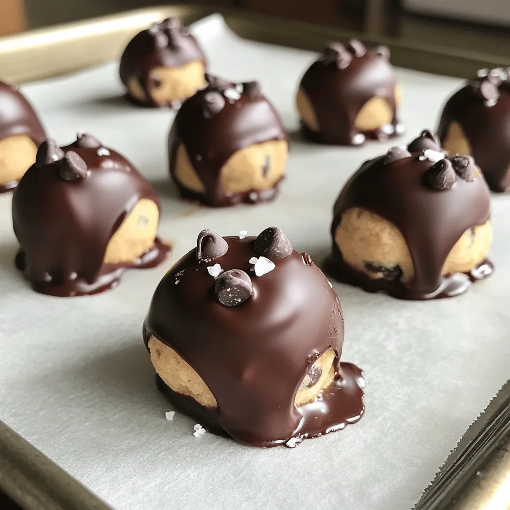 - 1 cup all-purpose flour - 1/2 cup unsalted butter, softened - 1/2 cup brown sugar, packed - 1/4 cup granulated sugar - 1 teaspoon vanilla extract - 1/4 teaspoon salt - 1/2 cup mini chocolate chips - 1/2 cup dark chocolate, melted (for coating) - Sea salt flakes (for garnish, optional) Making chocolate chip cookie dough bites is fun and simple. The key is to use the right ingredients. First, you need all-purpose flour. This gives the bites their structure. It also helps create that classic cookie dough feel. Make sure to heat treat the flour to kill any bacteria. Spread it on a baking sheet and bake it for 5 minutes at 350°F (175°C). Let it cool before using. Next, unsalted butter adds creaminess. It helps blend the sugars well. Soften it before mixing. Then, you have brown sugar and granulated sugar. Brown sugar adds moisture and a rich flavor. Granulated sugar helps the bites hold their shape. Vanilla extract adds a sweet aroma. It enhances the overall taste. Salt balances the sweetness. Just a little salt goes a long way. Don't forget the mini chocolate chips. They give your bites that delightful chocolate burst. Lastly, you need dark chocolate for coating. It adds a rich layer. Melt it carefully for a smooth dip. With these ingredients, you can make tasty chocolate chip cookie dough bites. Each bite is a sweet treat you'll love! For the complete steps, check the Full Recipe. Heat treating the flour To make safe cookie dough, we first need to heat treat the flour. This step removes any bacteria. Spread 1 cup of all-purpose flour on a baking sheet. Bake it in a preheated oven at 350°F (175°C) for about 5 minutes. After baking, let the flour cool completely before using it in the dough. Mixing the butter and sugars In a large mixing bowl, add 1/2 cup of softened unsalted butter, 1/2 cup of packed brown sugar, and 1/4 cup of granulated sugar. Use a hand mixer to beat these together until creamy and smooth. This step is key for a rich flavor. Adding in flavors and remaining ingredients Next, stir in 1 teaspoon of vanilla extract and 1/4 teaspoon of salt. Mix until everything is well combined. Gradually add in the cooled flour, mixing just until you no longer see dry flour. Finally, gently fold in 1/2 cup of mini chocolate chips. This dough is now ready to scoop and shape into bites. For the complete recipe, check the Full Recipe. To create your cookie dough bites, you need to scoop and roll the dough. Start by taking a tablespoon of dough. If you use a cookie scoop, it helps make all your bites the same size. Roll the scoop of dough between your palms to form a smooth ball. This step is fun! You can feel how soft and creamy the dough is. Next, place each dough ball on a baking sheet lined with parchment paper. Make sure to leave some space between them. They will not spread much, but it's good to give them room. This step keeps them from sticking together while they chill. Once you finish scooping and rolling, it's time to chill your dough balls. This makes them firm and easier to coat with chocolate later. You will love how simple it is to form these bites. They are ready to be coated and enjoyed! For the full recipe, check out the details in the earlier section. {{image_2}} Chilling the dough bites is key for a great texture. After you scoop and roll the dough into balls, place them on a parchment-lined baking sheet. Put the sheet in the fridge for about 30 minutes. This step firms them up, making them easier to dip. Next, you'll dip the chilled bites in melted chocolate. Use dark chocolate for a rich flavor. Take a cookie dough ball and gently lower it into the chocolate. Make sure it is fully covered. Then, lift it out with a fork. Let the extra chocolate drip off before placing it back on the parchment. Now, let’s add some flair! While the chocolate is still wet, sprinkle sea salt flakes on top. The salt enhances the sweet flavor of the chocolate. After this, put the bites back in the fridge. Chill them for at least 15 minutes. This helps set the chocolate, making them ready to eat. Want to see the complete process? Check out the Full Recipe for more details! To make chocolate chip cookie dough bites that look great, use a tablespoon for scooping. This size gives you uniform bites that are easy to eat. Each scoop should be heaped but not overflowing. - Use a standard tablespoon or a cookie scoop. - Roll the dough quickly between your hands for a nice shape. - Keep the bites about one inch in diameter. This size helps the bites chill well and coat easily. If they are too big, the chocolate may not set right. If they are too small, they can get lost in your snack bowl. You can also use a scale. Aim for about 20 grams per bite for perfect consistency. Once you get the size right, your cookie dough bites will look as good as they taste! Check the Full Recipe for more tips on making these tasty treats. To get a nice coat of chocolate on your cookie dough bites, you need to avoid clumps. Clumpy chocolate can make your treats look messy and uninviting. Here are some techniques to ensure a smooth coating. - Use Quality Chocolate: Start with good dark chocolate. It melts better and coats more evenly. - Chop Chocolate Finely: Chop your chocolate into small pieces. Smaller bits melt faster and more evenly. - Melt with Care: Use a double boiler or microwave to melt chocolate slowly. Stir it often to keep it smooth. - Add Oil: If your chocolate is thick, add a teaspoon of vegetable oil. This helps it flow better and coat well. - Temperature Matters: Make sure your cookie dough bites are cold before dipping. Cold bites help the chocolate set quickly. - Lift with a Fork: Use a fork to dip each bite. This lets excess chocolate drip off easily. These steps will help you achieve a beautiful finish on your chocolate chip cookie dough bites. Enjoy the process! For the full recipe, check the earlier section. You can easily change the flavor of your chocolate chip cookie dough bites. Here are some fun ideas: - Extracts: Instead of just vanilla, try almond or maple extract. A few drops can add a unique twist that surprises your taste buds. - Nuts: Add chopped nuts for crunch. Walnuts, pecans, or hazelnuts work great. They give texture and a nutty flavor that pairs well with chocolate. - Spices: A pinch of cinnamon or nutmeg can warm up the flavor. These spices add depth without overpowering the chocolate. - Mix-Ins: Consider throwing in some mini marshmallows, dried fruit, or coconut flakes. Each adds a fun element that changes the bite completely. - Different Chocolates: Swap mini chocolate chips for white chocolate or peanut butter chips. This will create a whole new flavor profile. Feel free to experiment with these ideas. Your cookie dough bites will taste unique and special each time you make them. For the full recipe, check out the steps to make your delicious treats. You can easily make vegan chocolate chip cookie dough bites with a few swaps. Here’s what you need: - 1 cup all-purpose flour - 1/2 cup coconut oil, softened - 1/2 cup brown sugar, packed - 1/4 cup granulated sugar - 1 teaspoon vanilla extract - 1/4 teaspoon salt - 1/2 cup mini dairy-free chocolate chips - 1/2 cup vegan dark chocolate, melted (for coating) - Sea salt flakes (for garnish, optional) In this recipe, replace unsalted butter with softened coconut oil. This keeps the bites creamy and rich. Use dairy-free chocolate chips to make sure everything remains vegan. When it comes to coating, choose vegan dark chocolate for that tasty finish. The steps are similar to the original recipe. Start by heat treating the flour. Then, mix the coconut oil and sugars until smooth. Add in the vanilla and salt. Gradually stir in the flour, and fold in the mini chocolate chips. Scoop, roll, and chill the dough just like before. Then, dip each ball into melted vegan chocolate. Set them on parchment paper and sprinkle sea salt if desired. Chill again until the coating sets. This way, you can enjoy a sweet treat that fits a vegan diet. For the full recipe, refer to the original instructions above. You can enjoy chocolate chip cookie dough bites even if you're gluten-free. The key is to use alternative flours that still taste great. Here are some choices: - Almond flour: This flour adds a nice nutty flavor. It makes the bites moist and tender. - Coconut flour: Use this for a tropical twist. It absorbs a lot of moisture, so use less flour. - Oat flour: This flour has a mild taste. It's perfect for a soft texture. Just make sure it's labeled gluten-free. - Chickpea flour: This flour is high in protein. It gives a unique flavor and a denser texture. When using gluten-free flours, you may need to adjust the liquid in your recipe. Each flour behaves differently. Start with less flour and add more as needed. Following this method will help you create delicious bites that everyone can enjoy. For the full recipe, check out the details above. You can make your chocolate chip cookie dough bites even more fun with some tasty add-ins. Here are a few ideas that I love: - Coconut Flakes: Add a tropical twist with sweet, shredded coconut. It gives a nice chewiness. - Peanut Butter: Swirl in creamy peanut butter for a rich flavor. It pairs well with chocolate. - Chopped Nuts: Add some crunch with walnuts or pecans. They make the bites feel hearty. - Mini Marshmallows: For a gooey surprise, fold in mini marshmallows. They add sweetness and fun. - Dried Fruit: Try dried cranberries or cherries for a fruity zing. They balance the sweetness nicely. Mixing in these ingredients can change the taste and texture of your bites. Feel free to experiment with what you have! Just remember, keep your mix-ins small so they blend well. Check out the Full Recipe for more details on making these delicious treats. To keep your chocolate chip cookie dough bites fresh, follow these simple storage tips: - Refrigeration: Place the bites in an airtight container. They keep well in the fridge for up to one week. This helps them stay firm and tasty. - Freezing: For longer storage, freeze the bites. Arrange them in a single layer on a baking sheet. Once frozen, transfer them to a freezer-safe bag. They can last for up to three months in the freezer. These methods help retain flavor and texture. Remember to label your containers with the date. This way, you can enjoy your treats at their best! Want to make these bites again? Just pull them out of the freezer and let them thaw in the fridge. You can even enjoy them slightly frozen for a cool treat. Chocolate chip cookie dough bites can last a while if stored right. In the fridge, they stay fresh for about one week. Just keep them in an airtight container to avoid drying out. If you want them to last longer, try freezing them. When frozen, they can stay good for up to three months. Be sure to wrap each bite in plastic wrap or place them in a freezer-safe bag. This will help keep them fresh and tasty! Remember to thaw them in the fridge before enjoying. This way, they will keep their creamy texture and delicious taste. So, stock up on these bites! They are a fun treat to have on hand anytime. For the full recipe, check out the detailed instructions above. Yes, you can eat cookie dough bites raw, but there are some safety issues to consider. Raw flour and raw eggs can carry bacteria. To reduce this risk, I heat-treat the flour before using it. This process kills any harmful bacteria. Simply spread the flour on a baking sheet and bake it at 350°F (175°C) for five minutes. Let it cool completely before mixing it into your dough. Using heat-treated flour makes these delicious bites safe to enjoy. Plus, I skip the eggs in this recipe, which further lowers health risks. So, you can munch on these treats without worry! To make chocolate chip cookie dough bites nut-free, you can easily swap out certain ingredients. - Butter: Use a dairy-free butter if you want a vegan option. - Chocolate Chips: Look for nut-free chocolate chips. Many brands offer safe options. - Flour: The recipe already uses all-purpose flour, which is safe for nut allergies. If you're using other ingredients, check labels carefully. Some brands may process nuts in their facilities. This step helps you avoid any cross-contamination. You can also add different flavors to enhance your bites. For example, use almond extract instead of vanilla. Just be mindful of any nut allergies. Feel free to get creative! You can add ingredients like dried fruit or seeds for more texture. The Full Recipe gives you a solid base to make these bites perfect for everyone. Yes, you can make cookie dough bites without the chocolate coating. The bites will have a different look and taste. Without the chocolate, you get a chewy, sweet dough that shines on its own. They will taste like classic cookie dough, which many people love. To make uncoated bites, simply follow the same recipe. Skip the step where you dip them in melted chocolate. This will save time and still give you a tasty treat. - Texture: Without the chocolate coating, the bites will be softer. They will not have that crunchy outer layer. Chilling them well helps firm up the texture. - Flavor: You might want to add a little more vanilla extract for a richer taste. A sprinkle of sea salt can also enhance the sweetness of the dough. You can also mix in other flavors. Add nuts or dried fruit for a twist. This way, you create a unique version of the classic cookie dough. Enjoy your cookie dough bites just the way you like! When it comes to pre-made cookie dough bites, you have some tasty options. These brands offer great flavors and convenience. - Nestlé Toll House: This brand is known for its classic chocolate chip cookie dough. Their cookie dough bites are soft and sweet. - Pillsbury: They have a variety of cookie dough bites. Their dough is easy to bake or eat raw. - Duncan Hines: This brand offers unique flavors, such as brownie and cookie dough bites. They mix fun with tradition. - Edoughble: This brand specializes in edible cookie dough. Their bites come in many flavors, including funfetti and chocolate chip. - Sweet Loren’s: Their cookie dough bites are made with clean ingredients. They are a great option for those who want healthier treats. These brands make it easy to enjoy cookie dough bites without the fuss of making them from scratch. Each offers a unique taste that can satisfy your sweet tooth. This blog post covered all you need to make cookie dough bites. We started with the must-have ingredients, then detailed how to prepare the dough and form the bites. I shared tips for a smooth chocolate coating and ideas for quick variations. Don't forget about storage tips to keep your bites fresh for longer. You can enjoy these treats raw or customize them to fit your taste. With these steps, you can whip up a batch of delicious cookie dough bites that everyone will love. Happy baking!