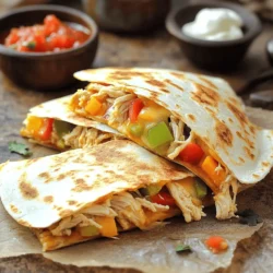 - 2 cups cooked chicken, shredded - 1 cup shredded mozzarella cheese - 1 cup shredded cheddar cheese - 1 bell pepper, diced (any color) - 1 small onion, diced To make tasty chicken quesadillas, you need good ingredients. Shredded chicken gives a great base. I like to use cooked chicken from a rotisserie. It's easy and saves time. The cheeses, mozzarella and cheddar, add creaminess and flavor. Bell peppers and onions give a fresh crunch. - 2 teaspoons taco seasoning - 4 large flour tortillas - 2 tablespoons olive oil Taco seasoning adds a kick to the filling. You can buy it or make your own. Flour tortillas are soft and easy to fold. Olive oil helps cook the quesadilla and adds richness. - Salsa - Sour cream Salsa is a fun dip that adds zest. Sour cream cools down the heat if you like spicy food. Both toppings make the dish better. You can mix and match based on your taste. For the full recipe, check the details above! Combining Ingredients in a Bowl Start by grabbing a large mixing bowl. Add 2 cups of shredded chicken. Then, toss in 1 cup of shredded mozzarella cheese and 1 cup of shredded cheddar cheese. Next, include 1 diced bell pepper and 1 small diced onion. Finally, sprinkle in 2 teaspoons of taco seasoning. Mixing Techniques for Best Results Use a spatula or wooden spoon to mix all the ingredients well. Make sure every piece of chicken gets coated in cheese and seasoning. This step is key for great flavor. Heating the Skillet Put a large skillet on the stove and turn the heat to medium. Once the skillet is warm, add 1 tablespoon of olive oil and let it heat for a minute. This oil helps the quesadilla get that perfect crispiness. Cooking Technique for a Perfect Crispy Texture Place one flour tortilla in the skillet. Spread half of your filling mix on one side. Fold the tortilla in half carefully. Cook for about 3-4 minutes until golden brown. Then, flip it over and cook for another 3-4 minutes. Both sides should be crispy, and the cheese must be melted. Slicing Tips Once cooked, remove the quesadilla from the skillet. Let it cool for a minute. Use a sharp knife or pizza cutter to slice it into wedges. This makes it easy to serve and eat. Recommended Accompaniments Serve your quesadillas warm. You can pair them with salsa and sour cream for extra flavor. These toppings add a nice touch and make the meal even more enjoyable. For the full recipe, check the section above. Adjusting Heat Levels To cook quesadillas well, use medium heat. If the heat is too high, the tortillas burn before the insides heat up. If it's too low, the cheese won't melt. You want a nice golden color on both sides. Start with a warm skillet and adjust as needed. Achieving the Right Cheese Melt For great cheese melt, use a mix of mozzarella and cheddar. Mozzarella gets gooey, while cheddar adds a sharp flavor. Mix them well before spreading. The right heat helps them melt evenly. Flip the quesadilla gently to keep everything inside. Best Chicken Options You can use any cooked chicken for your quesadillas. Rotisserie chicken is a great choice. It saves time, and you get great flavor. If you cook your chicken, season it with taco spices for more taste. Cheese Substitutions for Flavor Variations Try different cheeses to change things up. Pepper jack adds heat, while gouda gives a smoky flavor. You can mix and match to find your favorite combo. Just remember to use cheeses that melt well. Best Skillet or Pan to Use A non-stick skillet works best for quesadillas. It helps prevent sticking and ensures a crispy finish. A cast-iron pan is also great if you want extra heat retention. Both options will get your quesadillas nice and crispy. Tools for Easy Handling Use a spatula to flip your quesadilla carefully. A pizza cutter is perfect for slicing it into wedges. Keep a pair of tongs handy to help with flipping. These tools make cooking easier and less messy. {{image_2}} You can make your chicken quesadillas even better by adding different veggies. Try corn, spinach, or mushrooms. These veggies add color and extra taste. You can also mix different cheeses to change the flavor. Pepper jack cheese gives a nice kick. Or, try feta for a tangy twist. If you want a healthier version, use whole wheat tortillas. They add fiber and nutrients. Low-fat cheese options are also a great idea. They cut down on calories but still taste good. You can use part-skim mozzarella or reduced-fat cheddar. For those who love spice, add jalapeños or hot sauce. These add heat and a lot of flavor. You can also try chipotle seasoning. It gives a smoky taste that pairs well with chicken. Adjust the spice level to fit your taste. To keep your chicken quesadillas fresh, store them correctly. First, let them cool down after cooking. Then, place them in an airtight container. This helps keep moisture out and preserves flavor. You can refrigerate them for up to three days. If you have more quesadillas, freezing is a great option. Wrap each quesadilla tightly in plastic wrap. Then, place them in a freezer bag. This method can keep them fresh for up to three months. When it's time to enjoy your leftover quesadillas, you want them crispy. The best way to reheat them is in a skillet over medium heat. Place the quesadilla in the skillet and heat for about 3-4 minutes on each side. This keeps the tortillas crunchy. If you prefer using a microwave, do it carefully. Heat on medium power for 30 seconds, then check if it's warm. However, this method may make them a bit soft. Knowing how long to store your ingredients is key. Cooked chicken can last in the fridge for up to four days. Keep it in an airtight container for best results. Cheese usually lasts longer. Most shredded cheeses can stay fresh in the fridge for about one week. Make sure to check the date on the package. If you notice any mold or off smells, it's better to throw it away. Enjoy your quesadillas fresh, and follow these tips for storage! To prevent soggy quesadillas, cooking temperature is key. Use medium heat to cook your quesadillas. This helps the tortillas get crispy without burning. Another important tip is to drain your ingredients well. For instance, if you're using fresh veggies, pat them dry with a paper towel. This step removes excess moisture that can make your quesadillas soggy. Yes, you can prepare chicken quesadillas in advance. I suggest assembling them but not cooking them. This way, you can store them in the fridge for a few hours or overnight. To store pre-made quesadillas, wrap them in plastic wrap or foil. This keeps them fresh and prevents them from drying out. You have many great options besides chicken. You can use beef, pork, or even shrimp for tasty quesadillas. If you prefer a meat-free meal, try black beans or tofu. When choosing meats, think about flavor pairings. For beef, add taco seasoning for a spicy kick. For pork, consider a sweet barbecue sauce. Each option can give your quesadillas a unique twist. For the full recipe, check out the earlier section. Easy chicken quesadillas are simple and fun to make. We covered essential ingredients like chicken, cheese, and veggies. You learned how to prepare the filling, cook it right, and serve it well. We also explored tips for perfect quesadillas and fun flavor variations. Now, whether you want a classic or a spicy twist, these quesadillas can fit any taste. With proper storage and reheating tips, leftovers will be just as good. Enjoy creating your own delicious versions and share them with others!