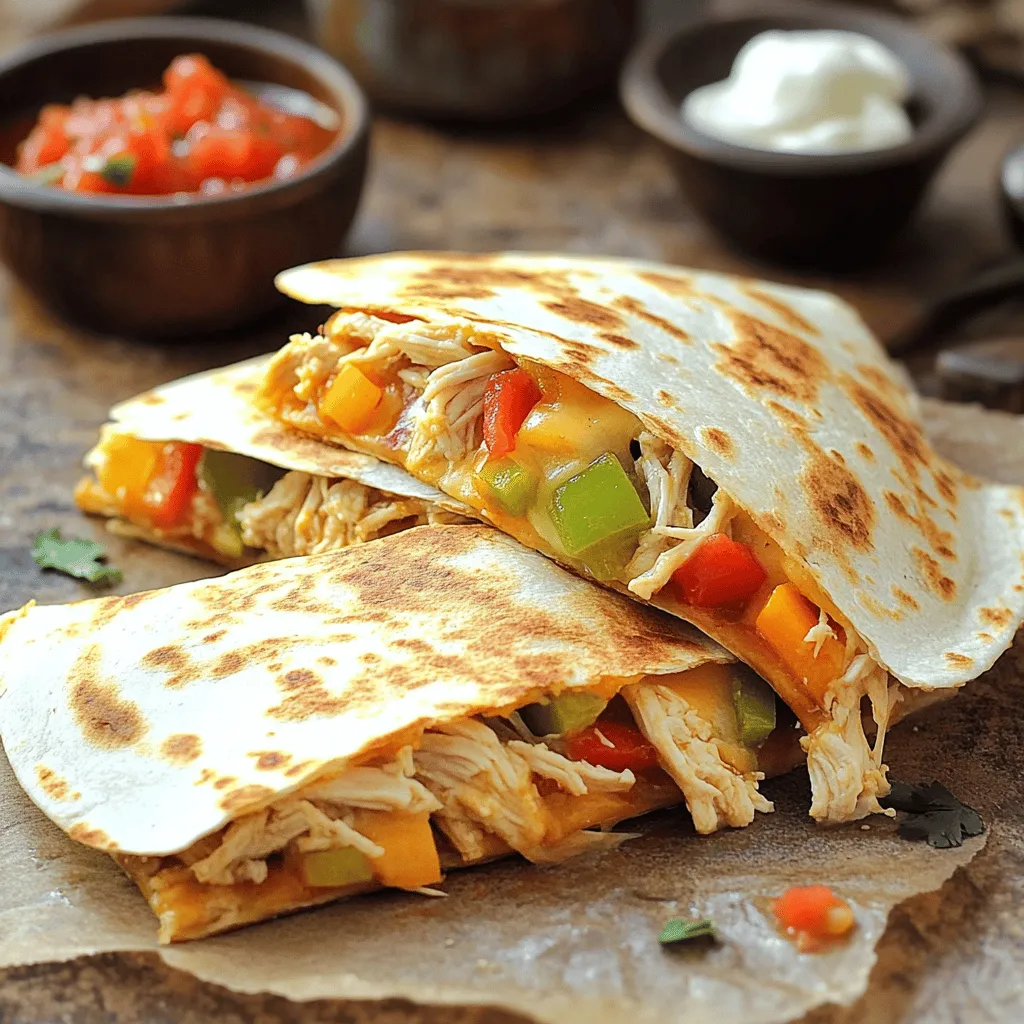 - 2 cups cooked chicken, shredded - 1 cup shredded mozzarella cheese - 1 cup shredded cheddar cheese - 1 bell pepper, diced (any color) - 1 small onion, diced To make tasty chicken quesadillas, you need good ingredients. Shredded chicken gives a great base. I like to use cooked chicken from a rotisserie. It's easy and saves time. The cheeses, mozzarella and cheddar, add creaminess and flavor. Bell peppers and onions give a fresh crunch. - 2 teaspoons taco seasoning - 4 large flour tortillas - 2 tablespoons olive oil Taco seasoning adds a kick to the filling. You can buy it or make your own. Flour tortillas are soft and easy to fold. Olive oil helps cook the quesadilla and adds richness. - Salsa - Sour cream Salsa is a fun dip that adds zest. Sour cream cools down the heat if you like spicy food. Both toppings make the dish better. You can mix and match based on your taste. For the full recipe, check the details above! Combining Ingredients in a Bowl Start by grabbing a large mixing bowl. Add 2 cups of shredded chicken. Then, toss in 1 cup of shredded mozzarella cheese and 1 cup of shredded cheddar cheese. Next, include 1 diced bell pepper and 1 small diced onion. Finally, sprinkle in 2 teaspoons of taco seasoning. Mixing Techniques for Best Results Use a spatula or wooden spoon to mix all the ingredients well. Make sure every piece of chicken gets coated in cheese and seasoning. This step is key for great flavor. Heating the Skillet Put a large skillet on the stove and turn the heat to medium. Once the skillet is warm, add 1 tablespoon of olive oil and let it heat for a minute. This oil helps the quesadilla get that perfect crispiness. Cooking Technique for a Perfect Crispy Texture Place one flour tortilla in the skillet. Spread half of your filling mix on one side. Fold the tortilla in half carefully. Cook for about 3-4 minutes until golden brown. Then, flip it over and cook for another 3-4 minutes. Both sides should be crispy, and the cheese must be melted. Slicing Tips Once cooked, remove the quesadilla from the skillet. Let it cool for a minute. Use a sharp knife or pizza cutter to slice it into wedges. This makes it easy to serve and eat. Recommended Accompaniments Serve your quesadillas warm. You can pair them with salsa and sour cream for extra flavor. These toppings add a nice touch and make the meal even more enjoyable. For the full recipe, check the section above. Adjusting Heat Levels To cook quesadillas well, use medium heat. If the heat is too high, the tortillas burn before the insides heat up. If it's too low, the cheese won't melt. You want a nice golden color on both sides. Start with a warm skillet and adjust as needed. Achieving the Right Cheese Melt For great cheese melt, use a mix of mozzarella and cheddar. Mozzarella gets gooey, while cheddar adds a sharp flavor. Mix them well before spreading. The right heat helps them melt evenly. Flip the quesadilla gently to keep everything inside. Best Chicken Options You can use any cooked chicken for your quesadillas. Rotisserie chicken is a great choice. It saves time, and you get great flavor. If you cook your chicken, season it with taco spices for more taste. Cheese Substitutions for Flavor Variations Try different cheeses to change things up. Pepper jack adds heat, while gouda gives a smoky flavor. You can mix and match to find your favorite combo. Just remember to use cheeses that melt well. Best Skillet or Pan to Use A non-stick skillet works best for quesadillas. It helps prevent sticking and ensures a crispy finish. A cast-iron pan is also great if you want extra heat retention. Both options will get your quesadillas nice and crispy. Tools for Easy Handling Use a spatula to flip your quesadilla carefully. A pizza cutter is perfect for slicing it into wedges. Keep a pair of tongs handy to help with flipping. These tools make cooking easier and less messy. {{image_2}} You can make your chicken quesadillas even better by adding different veggies. Try corn, spinach, or mushrooms. These veggies add color and extra taste. You can also mix different cheeses to change the flavor. Pepper jack cheese gives a nice kick. Or, try feta for a tangy twist. If you want a healthier version, use whole wheat tortillas. They add fiber and nutrients. Low-fat cheese options are also a great idea. They cut down on calories but still taste good. You can use part-skim mozzarella or reduced-fat cheddar. For those who love spice, add jalapeños or hot sauce. These add heat and a lot of flavor. You can also try chipotle seasoning. It gives a smoky taste that pairs well with chicken. Adjust the spice level to fit your taste. To keep your chicken quesadillas fresh, store them correctly. First, let them cool down after cooking. Then, place them in an airtight container. This helps keep moisture out and preserves flavor. You can refrigerate them for up to three days. If you have more quesadillas, freezing is a great option. Wrap each quesadilla tightly in plastic wrap. Then, place them in a freezer bag. This method can keep them fresh for up to three months. When it's time to enjoy your leftover quesadillas, you want them crispy. The best way to reheat them is in a skillet over medium heat. Place the quesadilla in the skillet and heat for about 3-4 minutes on each side. This keeps the tortillas crunchy. If you prefer using a microwave, do it carefully. Heat on medium power for 30 seconds, then check if it's warm. However, this method may make them a bit soft. Knowing how long to store your ingredients is key. Cooked chicken can last in the fridge for up to four days. Keep it in an airtight container for best results. Cheese usually lasts longer. Most shredded cheeses can stay fresh in the fridge for about one week. Make sure to check the date on the package. If you notice any mold or off smells, it's better to throw it away. Enjoy your quesadillas fresh, and follow these tips for storage! To prevent soggy quesadillas, cooking temperature is key. Use medium heat to cook your quesadillas. This helps the tortillas get crispy without burning. Another important tip is to drain your ingredients well. For instance, if you're using fresh veggies, pat them dry with a paper towel. This step removes excess moisture that can make your quesadillas soggy. Yes, you can prepare chicken quesadillas in advance. I suggest assembling them but not cooking them. This way, you can store them in the fridge for a few hours or overnight. To store pre-made quesadillas, wrap them in plastic wrap or foil. This keeps them fresh and prevents them from drying out. You have many great options besides chicken. You can use beef, pork, or even shrimp for tasty quesadillas. If you prefer a meat-free meal, try black beans or tofu. When choosing meats, think about flavor pairings. For beef, add taco seasoning for a spicy kick. For pork, consider a sweet barbecue sauce. Each option can give your quesadillas a unique twist. For the full recipe, check out the earlier section. Easy chicken quesadillas are simple and fun to make. We covered essential ingredients like chicken, cheese, and veggies. You learned how to prepare the filling, cook it right, and serve it well. We also explored tips for perfect quesadillas and fun flavor variations. Now, whether you want a classic or a spicy twist, these quesadillas can fit any taste. With proper storage and reheating tips, leftovers will be just as good. Enjoy creating your own delicious versions and share them with others!