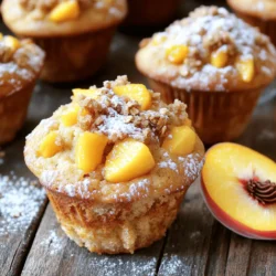 - Ripe peaches: Use 2 ripe peaches, peeled and diced. They add natural sweetness and moisture. The peaches give a lovely flavor and a juicy bite in each muffin. - Dry ingredients: You will need 1 ½ cups of all-purpose flour, ½ cup of granulated sugar, and ½ cup of brown sugar. Add 1 tablespoon of baking powder, ½ teaspoon of baking soda, and ½ teaspoon of salt. These ingredients help the muffins rise and create a soft texture. - Wet ingredients: Melt ½ cup of unsalted butter, and use 2 large eggs, ½ cup of milk, and 1 teaspoon of vanilla extract. The butter and eggs help bind the muffins, while milk adds moisture and richness. Vanilla gives a warm flavor that enhances the peaches. - Oats and flour: For the topping, mix ½ cup of rolled oats with ¼ cup of all-purpose flour. The oats add crunch, while the flour helps bind the topping. - Brown sugar and cinnamon: Use ½ cup of packed brown sugar and 1 teaspoon of cinnamon. Brown sugar gives a deep, caramel flavor, while cinnamon adds warmth and spice. - Butter: Soften ¼ cup of unsalted butter for the topping. This helps create a crumbly texture. Adjust the sugar to your taste for sweetness and the oats for crunch. This recipe is perfect for breakfast or a snack. For the full recipe, check out Peachy Crunch Muffins with Streusel. First, preheat your oven to 375°F (190°C). Line your muffin tin with paper liners or lightly grease them. This step ensures your muffins won’t stick. Next, in a large bowl, mix the dry ingredients. Whisk together 1 ½ cups of flour, ½ cup granulated sugar, ½ cup brown sugar, 1 tablespoon baking powder, ½ teaspoon baking soda, ½ teaspoon salt, and 1 teaspoon cinnamon. This creates a great base for your muffins. In another bowl, combine ½ cup melted butter, 2 large eggs, ½ cup milk, and 1 teaspoon vanilla extract. Whisk until smooth. Pour this wet mix into the dry mix. Stir gently until just combined. It’s key to avoid overmixing; this keeps the muffins light and fluffy. Finally, fold in 2 ripe peaches, diced. Do this carefully to keep the peaches intact. You want even distribution without breaking everything down. For the streusel, mix ½ cup rolled oats, ¼ cup flour, ½ cup brown sugar, and 1 teaspoon cinnamon in a medium bowl. Then, add ¼ cup softened butter. Use your fingers or a fork to mix until the mixture becomes crumbly. This crumbly texture gives the topping that perfect crunch. Set this aside while you prepare to fill your muffin tins. Now, spoon the batter into the muffin tins. Fill each cup about two-thirds full. This allows room for the muffins to rise without overflowing. Sprinkle a generous amount of streusel topping over each muffin. Bake for 20-25 minutes. To check for doneness, insert a toothpick into the center of a muffin. If it comes out clean, your muffins are ready. Let them cool in the tin for about 5 minutes. After that, transfer them to a wire rack to cool completely. Enjoy the warm, peachy goodness of your Classic Peach Streusel Muffins! For the complete recipe, refer to the Full Recipe provided. To get the best muffins, avoid overmixing. Overmixing can make your muffins dense. Mix the wet and dry ingredients until just combined. This keeps them light and fluffy. Measure your ingredients carefully. Too much flour can lead to dry muffins. For fluffy muffins, use room temperature eggs and milk. Cold ingredients can slow down the rising process. Preheat your oven to 375°F (190°C) before you start. This ensures an even bake. To achieve a beautifully domed muffin top, fill each muffin cup two-thirds full. This allows room for rising. Avoid opening the oven door while baking. This can cause the muffins to sink. Present your muffins warm for the best taste. A sprinkle of powdered sugar on top makes them look special. Serve with a slice of fresh peach on the side for a lovely touch. Pair these muffins with a cup of coffee or tea. They also go well with yogurt or a scoop of ice cream. For added flavor, drizzle with honey or maple syrup. Store your muffins in an airtight container. This keeps them fresh for up to three days. If you want to keep them longer, freeze them. Just make sure to wrap them well to prevent freezer burn. {{image_2}} You can use other fruits in these muffins. Blueberries, apples, or even raspberries work well. When swapping fruits, taste first. You may need to change the sugar. For instance, apples are sweeter than peaches. If you mix fruits, like peaches and blueberries, it creates a fun burst of flavor. Just make sure to keep the total fruit amount the same. Want to make these muffins healthier? You can use whole wheat flour instead of all-purpose flour. This adds fiber, making your muffins more filling. For gluten-free muffins, use almond or coconut flour. You can also lower the sugar without losing taste. Try using honey or maple syrup instead. Adding nuts or seeds boosts nutrition. Chopped walnuts or sunflower seeds add crunch and protein. To keep your muffins fresh for a few days, store them in an airtight container. This helps to keep moisture in and prevents them from going stale. If you live in a humid area, placing a piece of bread in the container can help absorb excess moisture. You can also refrigerate them for longer freshness. When you want to enjoy one, simply reheat it in the microwave for about 10-15 seconds. This warms them up and brings back that fresh-baked taste. If you want to save muffins for later, freezing is a great option. Wrap each muffin in plastic wrap and then place them in a freezer bag. This keeps them from getting freezer burn. You can freeze these muffins for up to three months. When you're ready to eat, just take one out and let it thaw at room temperature. If you want to enjoy it warm, pop it in the microwave for about 20-30 seconds. This keeps the texture soft and delicious. How do I ensure my muffins rise properly? To help muffins rise, make sure your baking powder is fresh. Mix dry and wet ingredients separately. Combine them gently to keep air in the batter. Overmixing can flatten your muffins. Can I substitute fresh peaches with canned or frozen? Yes, you can use canned or frozen peaches. If using canned, drain them well. For frozen, thaw and pat dry before adding. Fresh peaches give the best flavor, but substitutes work too. What are the best ways to prevent muffin sticking in tins? To prevent sticking, use paper liners or grease the tins well. Cooking spray or butter works great. Allow muffins to cool slightly before removing them to avoid tearing. How do I know when the muffins are done? Muffins are done when a toothpick inserted in the center comes out clean. You can also check the tops; they should be golden brown and spring back when lightly pressed. Can I make these muffins ahead of time? Yes, you can prepare the batter the night before. Store it in the fridge. This helps save time in the morning. Just remember to mix gently before baking. What can I do if my streusel topping is too dry? If your streusel is too dry, add a bit more melted butter. Mix until you achieve a crumbly texture. You want it to stick together but not be wet. Adjust until it looks just right. For the full recipe, check out the complete guide on Classic Peach Streusel Muffins. You learned how to make classic peach streusel muffins in this guide. I broke down the main ingredients, the step-by-step instructions, and shared tips for perfect texture. Remember to fold in the peaches gently and avoid overmixing. You can switch fruits or make healthier swaps, too. Store your muffins properly to keep them fresh. With practice, you’ll bake perfect muffins every time. Enjoy sharing these tasty treats with friends and family!