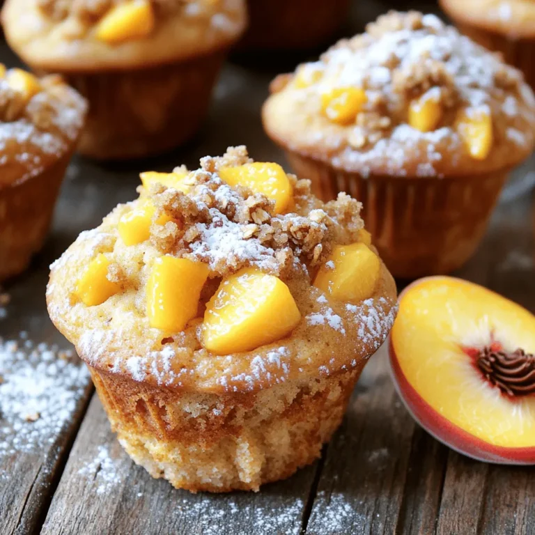 - Ripe peaches: Use 2 ripe peaches, peeled and diced. They add natural sweetness and moisture. The peaches give a lovely flavor and a juicy bite in each muffin. - Dry ingredients: You will need 1 ½ cups of all-purpose flour, ½ cup of granulated sugar, and ½ cup of brown sugar. Add 1 tablespoon of baking powder, ½ teaspoon of baking soda, and ½ teaspoon of salt. These ingredients help the muffins rise and create a soft texture. - Wet ingredients: Melt ½ cup of unsalted butter, and use 2 large eggs, ½ cup of milk, and 1 teaspoon of vanilla extract. The butter and eggs help bind the muffins, while milk adds moisture and richness. Vanilla gives a warm flavor that enhances the peaches. - Oats and flour: For the topping, mix ½ cup of rolled oats with ¼ cup of all-purpose flour. The oats add crunch, while the flour helps bind the topping. - Brown sugar and cinnamon: Use ½ cup of packed brown sugar and 1 teaspoon of cinnamon. Brown sugar gives a deep, caramel flavor, while cinnamon adds warmth and spice. - Butter: Soften ¼ cup of unsalted butter for the topping. This helps create a crumbly texture. Adjust the sugar to your taste for sweetness and the oats for crunch. This recipe is perfect for breakfast or a snack. For the full recipe, check out Peachy Crunch Muffins with Streusel. First, preheat your oven to 375°F (190°C). Line your muffin tin with paper liners or lightly grease them. This step ensures your muffins won’t stick. Next, in a large bowl, mix the dry ingredients. Whisk together 1 ½ cups of flour, ½ cup granulated sugar, ½ cup brown sugar, 1 tablespoon baking powder, ½ teaspoon baking soda, ½ teaspoon salt, and 1 teaspoon cinnamon. This creates a great base for your muffins. In another bowl, combine ½ cup melted butter, 2 large eggs, ½ cup milk, and 1 teaspoon vanilla extract. Whisk until smooth. Pour this wet mix into the dry mix. Stir gently until just combined. It’s key to avoid overmixing; this keeps the muffins light and fluffy. Finally, fold in 2 ripe peaches, diced. Do this carefully to keep the peaches intact. You want even distribution without breaking everything down. For the streusel, mix ½ cup rolled oats, ¼ cup flour, ½ cup brown sugar, and 1 teaspoon cinnamon in a medium bowl. Then, add ¼ cup softened butter. Use your fingers or a fork to mix until the mixture becomes crumbly. This crumbly texture gives the topping that perfect crunch. Set this aside while you prepare to fill your muffin tins. Now, spoon the batter into the muffin tins. Fill each cup about two-thirds full. This allows room for the muffins to rise without overflowing. Sprinkle a generous amount of streusel topping over each muffin. Bake for 20-25 minutes. To check for doneness, insert a toothpick into the center of a muffin. If it comes out clean, your muffins are ready. Let them cool in the tin for about 5 minutes. After that, transfer them to a wire rack to cool completely. Enjoy the warm, peachy goodness of your Classic Peach Streusel Muffins! For the complete recipe, refer to the Full Recipe provided. To get the best muffins, avoid overmixing. Overmixing can make your muffins dense. Mix the wet and dry ingredients until just combined. This keeps them light and fluffy. Measure your ingredients carefully. Too much flour can lead to dry muffins. For fluffy muffins, use room temperature eggs and milk. Cold ingredients can slow down the rising process. Preheat your oven to 375°F (190°C) before you start. This ensures an even bake. To achieve a beautifully domed muffin top, fill each muffin cup two-thirds full. This allows room for rising. Avoid opening the oven door while baking. This can cause the muffins to sink. Present your muffins warm for the best taste. A sprinkle of powdered sugar on top makes them look special. Serve with a slice of fresh peach on the side for a lovely touch. Pair these muffins with a cup of coffee or tea. They also go well with yogurt or a scoop of ice cream. For added flavor, drizzle with honey or maple syrup. Store your muffins in an airtight container. This keeps them fresh for up to three days. If you want to keep them longer, freeze them. Just make sure to wrap them well to prevent freezer burn. {{image_2}} You can use other fruits in these muffins. Blueberries, apples, or even raspberries work well. When swapping fruits, taste first. You may need to change the sugar. For instance, apples are sweeter than peaches. If you mix fruits, like peaches and blueberries, it creates a fun burst of flavor. Just make sure to keep the total fruit amount the same. Want to make these muffins healthier? You can use whole wheat flour instead of all-purpose flour. This adds fiber, making your muffins more filling. For gluten-free muffins, use almond or coconut flour. You can also lower the sugar without losing taste. Try using honey or maple syrup instead. Adding nuts or seeds boosts nutrition. Chopped walnuts or sunflower seeds add crunch and protein. To keep your muffins fresh for a few days, store them in an airtight container. This helps to keep moisture in and prevents them from going stale. If you live in a humid area, placing a piece of bread in the container can help absorb excess moisture. You can also refrigerate them for longer freshness. When you want to enjoy one, simply reheat it in the microwave for about 10-15 seconds. This warms them up and brings back that fresh-baked taste. If you want to save muffins for later, freezing is a great option. Wrap each muffin in plastic wrap and then place them in a freezer bag. This keeps them from getting freezer burn. You can freeze these muffins for up to three months. When you're ready to eat, just take one out and let it thaw at room temperature. If you want to enjoy it warm, pop it in the microwave for about 20-30 seconds. This keeps the texture soft and delicious. How do I ensure my muffins rise properly? To help muffins rise, make sure your baking powder is fresh. Mix dry and wet ingredients separately. Combine them gently to keep air in the batter. Overmixing can flatten your muffins. Can I substitute fresh peaches with canned or frozen? Yes, you can use canned or frozen peaches. If using canned, drain them well. For frozen, thaw and pat dry before adding. Fresh peaches give the best flavor, but substitutes work too. What are the best ways to prevent muffin sticking in tins? To prevent sticking, use paper liners or grease the tins well. Cooking spray or butter works great. Allow muffins to cool slightly before removing them to avoid tearing. How do I know when the muffins are done? Muffins are done when a toothpick inserted in the center comes out clean. You can also check the tops; they should be golden brown and spring back when lightly pressed. Can I make these muffins ahead of time? Yes, you can prepare the batter the night before. Store it in the fridge. This helps save time in the morning. Just remember to mix gently before baking. What can I do if my streusel topping is too dry? If your streusel is too dry, add a bit more melted butter. Mix until you achieve a crumbly texture. You want it to stick together but not be wet. Adjust until it looks just right. For the full recipe, check out the complete guide on Classic Peach Streusel Muffins. You learned how to make classic peach streusel muffins in this guide. I broke down the main ingredients, the step-by-step instructions, and shared tips for perfect texture. Remember to fold in the peaches gently and avoid overmixing. You can switch fruits or make healthier swaps, too. Store your muffins properly to keep them fresh. With practice, you’ll bake perfect muffins every time. Enjoy sharing these tasty treats with friends and family!