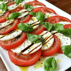 To make a classic Caprese salad, you need just a few key items. Here’s what you’ll need: - 3 large ripe tomatoes, sliced - 8 oz fresh mozzarella cheese, sliced - 1 cup fresh basil leaves - 3 tablespoons extra-virgin olive oil - 1 tablespoon balsamic glaze - Salt and freshly cracked black pepper to taste These ingredients come together to create a fresh and colorful dish that shines. Choosing the best ingredients is key to a great Caprese salad. Here are some tips: - Tomatoes: Look for firm, ripe tomatoes. The better the tomato, the better the salad. - Mozzarella: Use fresh mozzarella. It should feel soft and moist. - Basil: Pick vibrant green basil leaves. Avoid wilted or brown leaves. - Olive Oil: Go for high-quality extra-virgin olive oil. It adds rich flavor. - Balsamic Glaze: A good balsamic glaze should be thick and sweet. Using fresh, high-quality ingredients makes your salad taste amazing. While the basic recipe is great, you can add a twist. Here are some optional ingredients: - Avocado: Sliced avocado adds creaminess. - Pine Nuts: Toasted pine nuts give a nice crunch. - Arugula: Adding arugula brings a peppery kick. - Prosciutto: Thin slices of prosciutto add a savory touch. Feel free to mix in these extras for a unique take on your Caprese salad. For the full recipe, check out the details above! First, gather all your ingredients. You will need three large ripe tomatoes, eight ounces of fresh mozzarella cheese, and one cup of fresh basil leaves. Get three tablespoons of extra-virgin olive oil and one tablespoon of balsamic glaze. Don’t forget salt and black pepper. With everything ready, you can make a fresh Caprese salad in just ten minutes. 1. Start by slicing the tomatoes and mozzarella. Aim for even slices for a nice look. 2. On a large serving platter, lay down the tomato and mozzarella slices. Alternate each piece. 3. Place fresh basil leaves between the layers. This adds a burst of flavor. 4. Next, drizzle the olive oil over the entire salad. Make sure to cover it well. 5. Add balsamic glaze for sweetness. This gives the salad a nice touch. 6. Finally, sprinkle salt and freshly cracked black pepper on top to taste. 7. Serve your salad right away. It tastes best when fresh! To make your salad look even better, use a large white plate. This lets the colors pop. You can also cut the basil leaves into smaller pieces for a more delicate look. Try to arrange the slices in a circle for a beautiful display. If you want, add a few extra basil leaves on top. It makes the salad more appealing. Enjoy the fresh and vibrant look of your Easy Caprese Salad! To make a great Caprese salad, use fresh, ripe tomatoes. They should feel firm but have a little give. Slice them right before serving to keep them juicy. Choose high-quality mozzarella cheese. The creaminess of the cheese balances the tomatoes perfectly. Use fresh basil leaves for the best flavor. Look for bright green leaves without brown spots. Drizzle extra-virgin olive oil generously. It adds a rich taste that brings all the flavors together. A touch of balsamic glaze adds sweetness and acidity. One common mistake is using tomatoes that are not ripe. Unripe tomatoes lack flavor and can ruin the dish. Another mistake is over-seasoning. A pinch of salt and pepper is enough. Too much can overpower the fresh ingredients. Avoid cutting the ingredients too early. They can wilt and lose flavor. Finally, do not skip the fresh basil. It adds an essential herbal note that you cannot replace. In summer, try adding peaches or strawberries for sweetness. In the fall, swap in roasted butternut squash for a warm touch. You can also use heirloom tomatoes for added color and flavor. For winter, consider using pomegranate seeds for a pop of color and tartness. These variations keep the salad fresh and exciting. You can find the full recipe to explore these ideas further. {{image_2}} For a creamy twist, add avocado to your Caprese salad. Slice ripe avocado and layer it with mozzarella and tomatoes. The rich flavor of avocado pairs well with fresh basil. It adds a smooth texture and healthy fats, making your salad even better. This variation is great for those who love avocados. Make Caprese skewers for a fun, easy-to-eat option. Use small skewers or toothpicks. Thread cherry tomatoes, mozzarella balls, and basil leaves onto the sticks. Drizzle with olive oil and balsamic glaze. These skewers are perfect for parties or picnics. They are colorful and tasty, which makes everyone happy. Turn your Caprese salad into a pasta dish. Cook your favorite pasta, then cool it. Mix in mozzarella, tomatoes, and fresh basil. Drizzle with olive oil and balsamic glaze. This pasta salad is filling and perfect for lunch. It’s easy to make and can be served cold or warm. You can find the full recipe for this delicious dish in the Easy Caprese Salad section above. If you have extra Caprese salad, store it in an airtight container. Place it in the fridge. The salad stays fresh for up to two days. Avoid leaving it out at room temperature for long. This keeps the flavors bright and the ingredients safe to eat. To keep your ingredients fresh, buy them just before you plan to use them. Look for tomatoes that feel firm and smell sweet. Choose mozzarella that is moist, not dry. Store basil in a glass of water like a bouquet. This helps it stay fresh longer. Keep olive oil in a cool, dark place. This will maintain its flavor and quality. Reheating Caprese salad is not ideal. The fresh taste of the salad shines best when served cold. Instead, you can repurpose leftovers. Chop the salad and mix it into pasta or use it on a sandwich. You can even add it to omelets for a tasty breakfast. These options will give your leftovers a new life! If you don’t have fresh mozzarella, you can use other cheeses. Burrata is a great choice. It has a soft and creamy center. You can also try ricotta cheese. It gives a nice texture and flavor. Feta is another option, but it has a stronger taste. You can even use sliced provolone for a different twist. Just remember, the goal is to keep it fresh and light. Yes, you can prep parts of the salad ahead. Slice the tomatoes and mozzarella in advance. Store them in airtight containers in the fridge. This keeps them fresh. However, wait to add the basil, olive oil, and balsamic glaze until right before serving. This way, your salad stays fresh and vibrant. You will enjoy it more if it looks and tastes great. Serve Caprese salad on a large platter for a beautiful display. Arrange the tomatoes and mozzarella in a circle or layers. Tuck in fresh basil leaves for color. Drizzle the olive oil and balsamic glaze just before serving. This keeps the salad from getting soggy. You can also serve it in individual bowls for a personal touch. Enjoy it as a starter or side dish. It’s best enjoyed fresh! In this post, we explored the key ingredients and steps for an easy Caprese salad. We discussed how to choose the best ingredients and tips for great taste. I shared variations like Caprese with avocado and pasta salad. Remember to store leftovers properly to keep them fresh. With these tips, you can make a tasty Caprese salad anytime. Enjoy mixing flavors and impressing your friends! Keep experimenting to find your perfect twist on this classic dish.