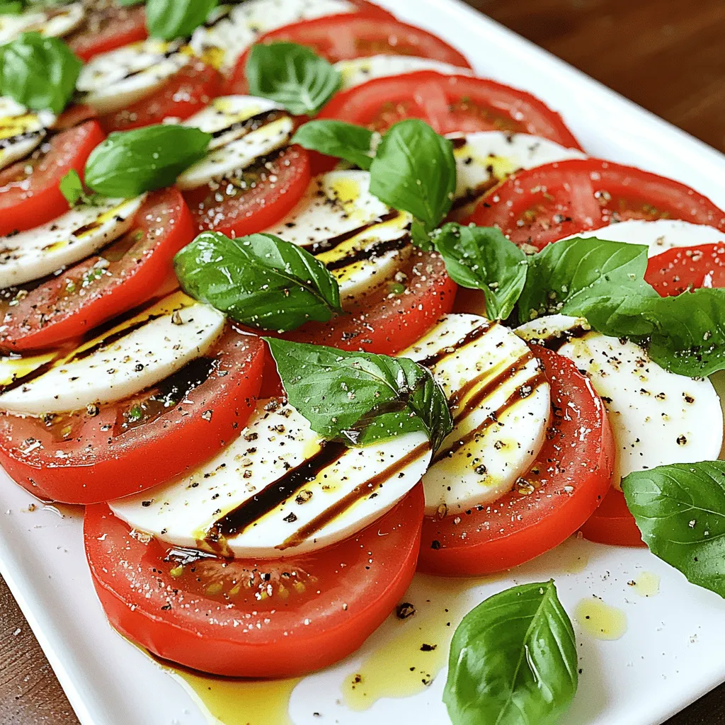 To make a classic Caprese salad, you need just a few key items. Here’s what you’ll need: - 3 large ripe tomatoes, sliced - 8 oz fresh mozzarella cheese, sliced - 1 cup fresh basil leaves - 3 tablespoons extra-virgin olive oil - 1 tablespoon balsamic glaze - Salt and freshly cracked black pepper to taste These ingredients come together to create a fresh and colorful dish that shines. Choosing the best ingredients is key to a great Caprese salad. Here are some tips: - Tomatoes: Look for firm, ripe tomatoes. The better the tomato, the better the salad. - Mozzarella: Use fresh mozzarella. It should feel soft and moist. - Basil: Pick vibrant green basil leaves. Avoid wilted or brown leaves. - Olive Oil: Go for high-quality extra-virgin olive oil. It adds rich flavor. - Balsamic Glaze: A good balsamic glaze should be thick and sweet. Using fresh, high-quality ingredients makes your salad taste amazing. While the basic recipe is great, you can add a twist. Here are some optional ingredients: - Avocado: Sliced avocado adds creaminess. - Pine Nuts: Toasted pine nuts give a nice crunch. - Arugula: Adding arugula brings a peppery kick. - Prosciutto: Thin slices of prosciutto add a savory touch. Feel free to mix in these extras for a unique take on your Caprese salad. For the full recipe, check out the details above! First, gather all your ingredients. You will need three large ripe tomatoes, eight ounces of fresh mozzarella cheese, and one cup of fresh basil leaves. Get three tablespoons of extra-virgin olive oil and one tablespoon of balsamic glaze. Don’t forget salt and black pepper. With everything ready, you can make a fresh Caprese salad in just ten minutes. 1. Start by slicing the tomatoes and mozzarella. Aim for even slices for a nice look. 2. On a large serving platter, lay down the tomato and mozzarella slices. Alternate each piece. 3. Place fresh basil leaves between the layers. This adds a burst of flavor. 4. Next, drizzle the olive oil over the entire salad. Make sure to cover it well. 5. Add balsamic glaze for sweetness. This gives the salad a nice touch. 6. Finally, sprinkle salt and freshly cracked black pepper on top to taste. 7. Serve your salad right away. It tastes best when fresh! To make your salad look even better, use a large white plate. This lets the colors pop. You can also cut the basil leaves into smaller pieces for a more delicate look. Try to arrange the slices in a circle for a beautiful display. If you want, add a few extra basil leaves on top. It makes the salad more appealing. Enjoy the fresh and vibrant look of your Easy Caprese Salad! To make a great Caprese salad, use fresh, ripe tomatoes. They should feel firm but have a little give. Slice them right before serving to keep them juicy. Choose high-quality mozzarella cheese. The creaminess of the cheese balances the tomatoes perfectly. Use fresh basil leaves for the best flavor. Look for bright green leaves without brown spots. Drizzle extra-virgin olive oil generously. It adds a rich taste that brings all the flavors together. A touch of balsamic glaze adds sweetness and acidity. One common mistake is using tomatoes that are not ripe. Unripe tomatoes lack flavor and can ruin the dish. Another mistake is over-seasoning. A pinch of salt and pepper is enough. Too much can overpower the fresh ingredients. Avoid cutting the ingredients too early. They can wilt and lose flavor. Finally, do not skip the fresh basil. It adds an essential herbal note that you cannot replace. In summer, try adding peaches or strawberries for sweetness. In the fall, swap in roasted butternut squash for a warm touch. You can also use heirloom tomatoes for added color and flavor. For winter, consider using pomegranate seeds for a pop of color and tartness. These variations keep the salad fresh and exciting. You can find the full recipe to explore these ideas further. {{image_2}} For a creamy twist, add avocado to your Caprese salad. Slice ripe avocado and layer it with mozzarella and tomatoes. The rich flavor of avocado pairs well with fresh basil. It adds a smooth texture and healthy fats, making your salad even better. This variation is great for those who love avocados. Make Caprese skewers for a fun, easy-to-eat option. Use small skewers or toothpicks. Thread cherry tomatoes, mozzarella balls, and basil leaves onto the sticks. Drizzle with olive oil and balsamic glaze. These skewers are perfect for parties or picnics. They are colorful and tasty, which makes everyone happy. Turn your Caprese salad into a pasta dish. Cook your favorite pasta, then cool it. Mix in mozzarella, tomatoes, and fresh basil. Drizzle with olive oil and balsamic glaze. This pasta salad is filling and perfect for lunch. It’s easy to make and can be served cold or warm. You can find the full recipe for this delicious dish in the Easy Caprese Salad section above. If you have extra Caprese salad, store it in an airtight container. Place it in the fridge. The salad stays fresh for up to two days. Avoid leaving it out at room temperature for long. This keeps the flavors bright and the ingredients safe to eat. To keep your ingredients fresh, buy them just before you plan to use them. Look for tomatoes that feel firm and smell sweet. Choose mozzarella that is moist, not dry. Store basil in a glass of water like a bouquet. This helps it stay fresh longer. Keep olive oil in a cool, dark place. This will maintain its flavor and quality. Reheating Caprese salad is not ideal. The fresh taste of the salad shines best when served cold. Instead, you can repurpose leftovers. Chop the salad and mix it into pasta or use it on a sandwich. You can even add it to omelets for a tasty breakfast. These options will give your leftovers a new life! If you don’t have fresh mozzarella, you can use other cheeses. Burrata is a great choice. It has a soft and creamy center. You can also try ricotta cheese. It gives a nice texture and flavor. Feta is another option, but it has a stronger taste. You can even use sliced provolone for a different twist. Just remember, the goal is to keep it fresh and light. Yes, you can prep parts of the salad ahead. Slice the tomatoes and mozzarella in advance. Store them in airtight containers in the fridge. This keeps them fresh. However, wait to add the basil, olive oil, and balsamic glaze until right before serving. This way, your salad stays fresh and vibrant. You will enjoy it more if it looks and tastes great. Serve Caprese salad on a large platter for a beautiful display. Arrange the tomatoes and mozzarella in a circle or layers. Tuck in fresh basil leaves for color. Drizzle the olive oil and balsamic glaze just before serving. This keeps the salad from getting soggy. You can also serve it in individual bowls for a personal touch. Enjoy it as a starter or side dish. It’s best enjoyed fresh! In this post, we explored the key ingredients and steps for an easy Caprese salad. We discussed how to choose the best ingredients and tips for great taste. I shared variations like Caprese with avocado and pasta salad. Remember to store leftovers properly to keep them fresh. With these tips, you can make a tasty Caprese salad anytime. Enjoy mixing flavors and impressing your friends! Keep experimenting to find your perfect twist on this classic dish.