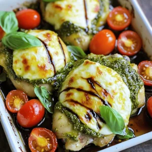 - 4 boneless, skinless chicken thighs - 1 cup homemade or store-bought basil pesto - 1 cup cherry tomatoes, halved - 1 cup mozzarella cheese, shredded - 1 tablespoon olive oil - Salt and pepper to taste - Fresh basil leaves for garnish - Balsamic glaze (optional for drizzling) - Baking dish - Aluminum foil - Measuring cups and spoons In this recipe, chicken thighs steal the show. They stay juicy and tender during baking. You can use homemade or store-bought basil pesto. The pesto adds a great flavor that pairs well with the chicken. Cherry tomatoes bring a sweet burst, while mozzarella cheese adds creaminess. You will also need some olive oil to keep the chicken moist. A touch of salt and pepper enhances all the flavors. Fresh basil leaves make a lovely garnish. If you want, drizzle balsamic glaze on top for extra flavor. Make sure you have a good baking dish to hold everything. Aluminum foil helps the chicken cook evenly. Measuring cups and spoons keep your ingredients precise. This dish is simple yet full of flavor. Gather your ingredients and equipment, and let’s get cooking! For the complete recipe, check out the Full Recipe. - Preheat your oven to 375°F (190°C). - Take a baking dish and drizzle olive oil. Spread it evenly across the bottom. - Season both sides of the chicken thighs with salt and pepper. - Place the seasoned chicken in the baking dish. - Spread the pesto generously over each chicken piece. - Cover the dish with aluminum foil and bake for 25 minutes. - After 25 minutes, carefully remove the foil. - Sprinkle the shredded mozzarella cheese over the chicken. - Return the dish to the oven and bake uncovered for 15 more minutes. - Make sure the chicken hits 165°F (75°C) and the cheese is bubbly. - Take it out of the oven and let it rest for a few minutes. - Garnish with fresh basil leaves and drizzle balsamic glaze if you like. You can find the full recipe to guide you through each step. To get juicy baked chicken, set your oven to 375°F (190°C). Cook the chicken thighs for about 25 minutes covered with foil. This keeps the moisture in. After that, remove the foil and add cheese for 15 more minutes. Check that the chicken reaches 165°F (75°C). This ensures it is safe to eat and packed with flavor. You can choose between homemade or store-bought pesto. Homemade pesto often has fresher flavors. You can make it with fresh basil, garlic, nuts, and olive oil. If you use store-bought, pick a high-quality brand for the best taste. Feel free to mix in other herbs like parsley or cilantro for a twist. You can also add spices like red pepper flakes for heat. To make your dish look great, garnish with fresh basil leaves. This adds a nice touch of color. You can drizzle balsamic glaze on top for extra flavor and a glossy finish. Serve the baked pesto chicken with sides like rice or a simple salad. This adds balance to your meal and makes it more filling. For the full recipe, check out the [Full Recipe]. {{image_2}} You can switch proteins or veggies in this recipe. Try using chicken breasts, turkey, or even tofu for a plant-based option. If you want a lighter dish, use zucchini or eggplant instead of chicken. For cheese, there are great dairy-free options. Look for almond or cashew-based cheeses. These melt well and add flavor without dairy. Adding spices can take your dish to the next level. Try garlic powder, red pepper flakes, or Italian seasoning. These spices enhance the pesto and give your chicken a nice kick. You can also customize the sauces. A squeeze of lemon juice brightens the flavors. For a twist, use sun-dried tomato pesto or even a spicy harissa sauce. Meal prep is easy with baked pesto chicken. You can make a big batch and store it in the fridge. Just divide it into containers for quick lunches or dinners. If you have leftovers, get creative! Chop the chicken and toss it into salads or wraps. You can also serve it over pasta or rice for a hearty meal. Check out the Full Recipe for more details! To store your baked pesto chicken, let it cool first. Place leftovers in an airtight container. This keeps the chicken moist and prevents odors from mixing. You can store it in the fridge for up to four days. You can also freeze baked pesto chicken. Cut it into portions for easy meals later. Wrap each piece in plastic wrap and place them in a freezer-safe bag. This helps prevent freezer burn. When you’re ready to eat, thaw it overnight in the fridge. To reheat, warm it in the oven at 350°F (175°C) until hot. Baked pesto chicken is perfect for meal prep. Cook a big batch on the weekend. You can serve it with rice, pasta, or salad throughout the week. For family-friendly storage, try using individual containers. This makes it easy to grab a meal for busy days. To check if the chicken is fully cooked, use a meat thermometer. The safe internal temperature for chicken is 165°F (75°C). Insert the thermometer into the thickest part of the thigh. If it reads 165°F, your chicken is ready. Cooking to this temperature ensures the chicken is safe to eat and juicy. Yes, you can use frozen chicken thighs. However, the cooking time will change. Frozen chicken takes longer to cook. Add about 10-15 minutes to the baking time. Always check the internal temperature to ensure it reaches 165°F. Baked pesto chicken pairs well with many sides. Here are some great options: - Roasted vegetables - Garlic bread - A fresh green salad - Quinoa or rice - Mashed potatoes These sides complement the flavors of the chicken and make a complete meal. For the full recipe, check out the detailed cooking instructions. This blog post covered the ingredients, steps, and tips for making baked pesto chicken. You learned about the main ingredients like chicken thighs, basil pesto, and mozzarella cheese. I also shared storage tips for leftovers and ways to customize the dish. Enjoying a delicious meal is simple when you have the right recipe. With these steps, you'll impress your family and friends. Keep experimenting with flavors and enjoy every bite!