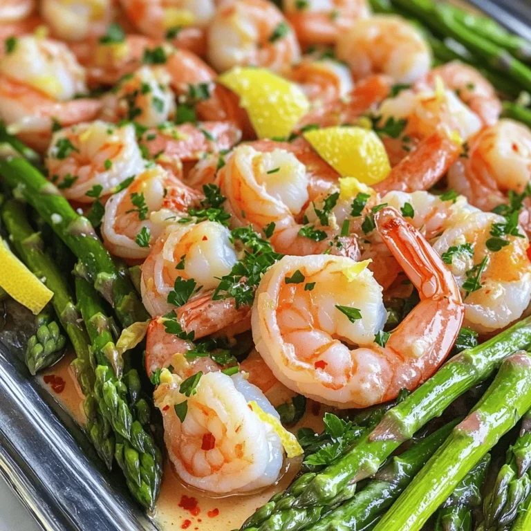 - 1 lb (450g) large shrimp, peeled and deveined - 1 bunch asparagus, trimmed and cut into 2-inch pieces - 4 tablespoons unsalted butter - 4 cloves garlic, minced - 1 teaspoon lemon zest - 2 tablespoons fresh lemon juice - 1 teaspoon red pepper flakes - Salt and black pepper, to taste - Fresh parsley, chopped (for garnish) When I prepare garlic butter shrimp and asparagus, I love to start with fresh ingredients. Fresh shrimp gives the best texture and flavor. Look for shrimp that is firm and smells like the ocean. As for asparagus, choose bright green stalks. They should snap when you break them. The butter in this dish adds richness. It melts into a flavorful sauce and coats each shrimp and piece of asparagus. Garlic is key for depth. It brings a warm, savory note. The lemon zest and juice add a burst of brightness, balancing the richness. Red pepper flakes give a gentle heat. Adjust them based on your spice level. This dish is not only tasty but also colorful with green asparagus and pink shrimp. Each bite is a delight! For a final touch, sprinkle fresh parsley on top. It adds a pop of color and a hint of freshness. You can find the full recipe to make this dish easily at home. Enjoy every bite! - Rinse and dry shrimp under cold water. - Season with salt and pepper to taste. First, you want to make sure the shrimp are clean. Rinsing them helps remove any grit. Drying them with a paper towel makes them cook better. The salt and pepper add a nice flavor to the shrimp. - Sauté asparagus in butter until tender. - Remove and set aside cooked asparagus. Next, melt two tablespoons of butter in a large skillet. Add the asparagus pieces. Cook them for about three to four minutes. You want them to be crisp but tender. Once done, remove them from the skillet and set them aside. - Melt remaining butter in the skillet. - Add minced garlic and red pepper flakes. In that same skillet, add the last two tablespoons of butter. Once it melts, toss in the minced garlic and red pepper flakes. Cook this for about a minute. You want to smell that garlic, but don’t let it burn. - Add seasoned shrimp to the skillet. - Cook until shrimp turn pink and opaque. Now, add the shrimp back to the skillet. Cook them for about three to four minutes. They will turn pink and opaque when done. At this point, gently stir in lemon zest and lemon juice for added flavor. - Return asparagus to the skillet. - Mix everything together and heat through. After the shrimp are cooked, add the asparagus back to the skillet. Stir everything carefully to mix well. Heat it for another minute, so all the flavors blend. - Taste the dish and adjust seasonings. - Garnish with parsley before serving. Finally, taste your dish. You might want to add more salt, pepper, or lemon juice. Once you are happy, remove it from heat. Garnish with fresh parsley to make it look nice. Serve it warm for a delightful meal. For the full recipe, check the details above. When picking shrimp, you have two main choices: fresh or frozen. Fresh shrimp can taste great, but frozen shrimp is often just as good. Look for shrimp that smells clean and has a firm texture. Size matters too! Large shrimp, about 16-20 per pound, work best for this dish. They cook evenly and look impressive on the plate. To get tender asparagus, cook it just right. The best way is to sauté it until it's bright green and slightly soft. This usually takes about 3-4 minutes. When you shop for asparagus, choose stalks that are firm and straight. Look for bright green tips. This helps ensure you have fresh asparagus to complement your shrimp. To boost flavor, I love to make my own seasoning. A mix of lemon zest, garlic, and red pepper flakes gives a tasty kick. You can also add ingredients like cherry tomatoes or bell peppers for extra color and taste. These ideas make your garlic butter shrimp and asparagus even more special. For the full recipe, check out the Garlic Butter Shrimp & Asparagus Delight. {{image_2}} You can switch up the vegetables. Broccoli makes a great choice. It adds a nice crunch. Bell peppers bring color and sweetness. Snap peas add a fresh snap to the dish. Each of these options pairs well with garlic and butter. Feel free to mix them all in for a veggie medley! If you want to change the protein, shrimp is not the only option. Chicken works well too. Just cut it into bite-sized pieces. Cook it the same way as the shrimp. Tofu is another great choice. It soaks up all the garlic butter flavor. Just make sure to press it first to remove extra water. You can control the heat in this dish. If you like it spicy, keep the red pepper flakes. If you want less heat, reduce the amount. You can even leave them out. Add a dash of black pepper instead for flavor. Adjusting spice levels makes this dish perfect for anyone! For the full recipe, check out the [Full Recipe]. To store leftovers properly, place them in an airtight container. Make sure the shrimp and asparagus cool down first. Store in the fridge for up to 3 days. When you want to eat it again, check for any odd smells. If it smells fine, you can reheat it. Best practices for freezing garlic butter shrimp and asparagus include using freezer-safe bags. Remove as much air as you can before sealing. Label the bags with the date. You can freeze for up to 2 months. When ready to eat, thaw in the fridge overnight for best results. To reheat for the best texture and taste, use a skillet over low heat. Add a splash of water or broth to help steam the dish. Stir gently until heated through. This keeps the shrimp juicy and the asparagus tender. Avoid using the microwave, as it can make the shrimp rubbery. It takes about 10 minutes to prep. The total cooking time is around 10 minutes. So, in just 20 minutes, you can have this tasty dish ready to enjoy. Yes, you can use frozen shrimp. Frozen shrimp can save time and are often just as good. To use them, thaw them first under cold water. Pat them dry before cooking. This helps them cook evenly and keeps the dish tasty. This dish pairs well with several sides. Consider serving it with rice or quinoa. Garlic bread also makes a great choice. A fresh salad can add a nice touch too. These sides will balance the meal and enhance the flavors. To lighten up this dish, you can use less butter. Try using olive oil instead. You can also add more vegetables like bell peppers or broccoli. Using whole grain pasta instead of rice can add more fiber. These swaps keep the meal delicious and nutritious. For the full recipe, check the link. This dish of Garlic Butter Shrimp and Asparagus is simple and delicious. You can make it quickly using fresh ingredients. Remember to choose good shrimp and asparagus for the best taste. Feel free to explore variations, like different vegetables or proteins. Storing leftovers is easy, and reheating keeps flavors strong. Enjoy your cooking experience and make it a meal that delights you and others. This easy recipe will surely impress at your next gathering!