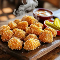 - 1 pound chicken breast, cut into bite-sized pieces - 1 cup dill pickle juice - 1 cup buttermilk - 1 teaspoon garlic powder - 1 teaspoon onion powder - 1 teaspoon smoked paprika - 1 teaspoon salt - ½ teaspoon black pepper - 1½ cups all-purpose flour - 1 teaspoon baking powder - ½ teaspoon cayenne pepper (optional for heat) - Vegetable oil for frying When making copycat Chick-fil-A nuggets, start by gathering your ingredients. You need chicken breast cut into small pieces. This helps with even cooking. The dill pickle juice gives a nice tang. The buttermilk adds creaminess and helps tenderize the chicken. Next, the seasonings are key. Garlic powder and onion powder add depth. Smoked paprika brings a subtle smokiness. Salt enhances flavor, while black pepper gives a little kick. For the coating, you’ll mix flour with baking powder. This gives the nuggets a nice rise. If you want heat, add cayenne pepper. Finally, use vegetable oil for frying. It’s perfect for getting that crispy exterior. This recipe is simple and fun. You can find the full recipe to guide you through the step-by-step process. Enjoy the cooking! - Combine chicken with dill pickle juice and marinate for at least 1 hour. - Rinse the chicken under cold water and pat it dry. Marinating in dill pickle juice adds flavor and helps keep the chicken juicy. This step is key for tasty nuggets. I often let it marinate overnight for even better results. After marinating, rinsing the chicken removes excess salt. This ensures the nuggets won’t be too salty. - Whisk together buttermilk, garlic powder, onion powder, smoked paprika, salt, and black pepper. - Marinate chicken in the buttermilk mixture for about 30 minutes. The buttermilk adds a creamy texture and tangy taste. It also helps the flour stick to the chicken. I recommend using fresh spices for the best flavor. A good soak in this mixture makes the chicken tender and flavorful. - Mix flour, baking powder, and cayenne pepper in a bowl. - Dredge marinated chicken in the flour mixture, ensuring an even coating. The flour mixture gives the nuggets that crispy crunch we love. Baking powder helps the coating puff up while frying. Make sure to coat each piece well. This step is essential for that classic Chick-fil-A crunch. - Heat vegetable oil to 350°F (175°C) in a deep skillet. - Fry chicken in batches for 5-7 minutes until golden brown. Frying at the right temperature is crucial. If the oil is too hot, the outside burns before the inside cooks. If it’s too cool, the nuggets soak up oil and become greasy. Frying in batches keeps the temperature steady and ensures even cooking. Remember to place the cooked nuggets on paper towels to absorb extra oil. To get that crispy bite, heat your oil to 350°F (175°C). This temperature fries the chicken just right. If the oil is too cool, your nuggets may turn soggy. If it’s too hot, the outside will burn before the inside cooks. Marinating the chicken in dill pickle juice is key. It not only adds flavor but also makes the meat tender. Aim to marinate for at least one hour, but overnight is even better. This extra time allows the flavors to soak in fully. One big mistake is overcrowding the frying pan. Fry in small batches to let each piece cook evenly. When the pan is too full, the temperature drops. This can lead to greasy nuggets that don’t cook well. Another common error is not drying the chicken before coating. Wet chicken can make the breading fall off while frying. Use paper towels to pat the chicken dry for a better crust. For the best dipping sauces, try honey mustard or barbecue sauce. These pair perfectly with the crispy nuggets. You can also make a spicy ranch or garlic aioli for a fun twist. As for sides, think about serving these nuggets with a fresh salad or crispy fries. You can also add fruit or a light coleslaw to balance the meal. Want more ideas? Check out the Full Recipe for more creative pairings! {{image_2}} You can make your nuggets more exciting by using different spices. Try adding a blend of Cajun seasoning or Italian herbs. Each mix gives a new twist to the flavor. You can also use hot sauces for marinating. A splash of sriracha or buffalo sauce adds heat and zest. Just adjust the amount to match your taste. Baking is a great way to enjoy these nuggets without the extra oil. Set your oven to 400°F (200°C) and bake for about 20 minutes. You can also use whole wheat flour for a healthier coating. If you need gluten-free options, try almond flour or a gluten-free blend. Kids often prefer milder flavors. Use less cayenne or skip it entirely for a gentle taste. You can also make fun shapes like stars or hearts. This makes the nuggets more appealing to younger eaters. Just use cookie cutters to create the shapes before cooking. To keep your Chick-fil-A nuggets fresh, store them in an airtight container. Place a sheet of paper towel at the bottom. This helps absorb moisture. Refrigerate the nuggets within two hours of cooking. They will stay good for about three to four days. You can also seal them in freezer bags for longer storage. When reheating, aim to keep the nuggets crispy. The best way is to use an oven or air fryer. Preheat your oven to 375°F (190°C). Arrange the nuggets on a baking sheet and heat for about 10 minutes. This method helps them regain their crunch. If using a microwave, heat in short bursts. This keeps them warm but may make them softer. You can freeze both uncooked and cooked nuggets. For uncooked nuggets, lay them on a baking sheet and freeze until solid. Then transfer them to freezer bags. For cooked nuggets, let them cool completely before freezing. This prevents ice crystals. They can stay in the freezer for up to three months. When you're ready to eat, cook them directly from frozen. Just add a few extra minutes to the cooking time. For more details on making these nuggets, check out the full recipe. Yes, you can use frozen chicken. It’s handy and saves time. However, there are some things to think about. First, thaw the chicken completely before cooking. This ensures even cooking. Cooked chicken from frozen can be dry or tough. You may need to adjust cooking times to avoid this. Fresh chicken tends to have better texture and flavor. If you use frozen, marinate it well to boost taste. If you don’t have dill pickle juice, there are good options. Try using lemon juice for a tangy flavor. Apple cider vinegar is another choice. It gives a nice acidity, but it’s stronger. You can also mix vinegar with water for a milder taste. Some people use lime juice or even mustard for a different twist. Each alternative brings its own unique flavor, so feel free to experiment! Making these nuggets gluten-free is easy. You can swap regular flour for gluten-free flour blends. Look for one that works well for frying. Almond flour or coconut flour are also good choices. They offer a unique taste and crunch. Make sure to check the baking powder too; some have gluten. This way, everyone can enjoy these tasty nuggets! For more details, check the Full Recipe. This blog post covered how to make delicious chicken nuggets from scratch. You learned about the key ingredients, marinating techniques, and frying methods essential for achieving that perfect crunch. Remember to avoid common mistakes like overcrowding the frying pan and ensure your chicken is dry before coating. You can customize these nuggets with various spices or healthier alternatives. Whether you're serving them at a party or for family dinner, these nuggets will impress everyone at the table. Enjoy your cooking and create tasty memories!