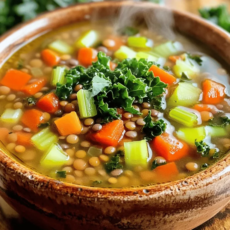 To make a hearty vegan lentil soup, you need some basic ingredients. Here’s what you’ll need: - 1 cup green or brown lentils, rinsed - 1 medium onion, chopped - 2 carrots, diced - 2 stalks celery, diced - 3 cloves garlic, minced - 1 can (14 oz) diced tomatoes - 6 cups vegetable broth - 2 teaspoons ground cumin - 1 teaspoon smoked paprika - 1 bay leaf - 2 cups kale, chopped (stems removed) - Salt and pepper to taste - 2 tablespoons olive oil These ingredients form a strong base for your soup. The lentils pack protein, while the veggies add flavor and nutrition. To take your soup to the next level, consider adding a few more items. Here are some flavor boosters to enhance the taste: - 1 teaspoon dried thyme - 1 teaspoon lemon juice - 1 teaspoon chili powder These spices and herbs will add depth to your soup. They bring warmth and a hint of brightness to each bite. Garnishing your soup makes it look appealing. Here are some options you can use: - Fresh parsley, chopped - A dollop of vegan sour cream - Croutons or toasted bread These garnishes not only add color but also extra flavor. They let you customize each bowl to your liking. For the complete recipe, check out the Full Recipe. First, gather your ingredients. You will need olive oil, onion, carrots, celery, and garlic. Heat the olive oil in a large pot over medium heat. Add the chopped onion and sauté for about five minutes. The onion should turn soft and clear. Next, add the diced carrots and celery. Cook these veggies for another five to seven minutes. They should start to soften nicely. Now, stir in the minced garlic, ground cumin, and smoked paprika. Cook this mix for one minute until the smell fills your kitchen. After your base is ready, it’s time to add the lentils. Pour in the rinsed green or brown lentils. Then, add the can of diced tomatoes, including all the juice. Pour in six cups of vegetable broth and toss in a bay leaf. Stir well to combine everything. Bring the pot to a boil. Once it bubbles, lower the heat to a simmer. Cover the pot and let it cook for about 30 to 35 minutes. You want the lentils to become soft but not mushy. After the lentils are tender, remove the bay leaf from the pot. Stir in the chopped kale and let it wilt for about five minutes. This adds a nice color and nutrition to your soup. Now, season your soup with salt and pepper. Taste it and adjust the seasoning as needed. It’s your soup, so make it just right for you. Finally, serve it hot and garnish with fresh parsley for a lovely touch. For the complete recipe, check the Full Recipe. To make your vegan lentil soup shine, focus on your base. Start by sautéing the onion in olive oil. This step adds a sweet depth. Cook the onion until it is soft and clear. Next, add garlic, cumin, and smoked paprika. These spices bring warmth and delight. Don’t skip the bay leaf; it gives a subtle earthiness. Remember, allow the soup to simmer well. This lets the flavors blend and grow. Texture is key in a good soup. Use green or brown lentils, as they hold their shape well. Rinse them before cooking to remove any grit. While simmering, keep an eye on the lentils. You want them tender, not mushy. If they start to break apart, you have cooked them too long. Adding kale at the end helps keep a nice crunch. Serve your vegan lentil soup hot in a bowl. Top it with fresh parsley for a burst of color. You can pair it with crusty bread for a hearty meal. A squeeze of lemon can brighten the soup’s flavors. For some heat, add a dash of hot sauce. Try serving with a side salad for a fresh touch. For the full recipe, check out the [Full Recipe] section above! {{image_2}} You can easily change up this soup with more veggies. Try adding zucchini or bell peppers. These add great taste and texture. You could also use spinach or Swiss chard instead of kale. Each of these adds a unique twist to your soup. Just remember to chop them small so they cook evenly. While green and brown lentils are popular, don’t stop there! Red lentils cook faster and get creamy. They can give your soup a nice thick texture. Black lentils, also called beluga lentils, keep their shape well. They add a lovely color and taste. Experiment with different lentils for more fun flavors! Spices can really boost your soup's flavor. Try adding thyme or oregano for earthiness. A pinch of red pepper flakes adds heat if you like spice. Fresh herbs like cilantro or basil can brighten each bowl. As you cook, taste and adjust your spices. This way, you make the soup just right for you. Check out the Full Recipe for more ideas! To store leftover soup, let it cool first. Once cooled, pour it into an airtight container. You can keep it in the fridge for up to five days. If you want to keep it longer, freezing is a great option. Just make sure to label the container with the date. Freezing this soup is easy and a smart way to save it. Use freezer-safe containers or bags. Make sure to leave some space in each container. The soup will expand as it freezes. You can store it in the freezer for up to three months. When you're ready to eat, just take it out and thaw it in the fridge overnight. When you’re ready to enjoy your soup again, reheat it on the stove. Pour the soup into a pot and heat over medium heat. Stir often to avoid sticking. If the soup is too thick, add a splash of water or broth. You can also microwave it in a microwave-safe bowl. Heat in short intervals, stirring in between, until it's hot. Enjoy your nourishing soup! Yes, you can make Vegan Lentil Soup in a slow cooker. Start by sautéing the onion, carrots, celery, and garlic in a pan. Then, add these to the slow cooker along with the lentils, tomatoes, broth, and spices. Cook on low for 6-8 hours or on high for 3-4 hours. This method lets the flavors blend well, making the soup extra tasty. Avoid these common mistakes: - Not rinsing the lentils. This can lead to grit in your soup. - Overcooking the vegetables. They should stay slightly firm for texture. - Skipping the seasoning. Salt and pepper enhance the soup's flavor. - Forgetting to remove the bay leaf. It can add a bitter taste if left in. By being careful, you can make a delicious soup. Yes, you can add protein to Vegan Lentil Soup. Some great options are: - Cooked quinoa for extra texture. - Diced tofu for a plant-based protein boost. - Chickpeas for added fiber and protein. - Nuts or seeds for a crunchy topping. These additions make the soup heartier and more filling. Vegan Lentil Soup lasts in the fridge for about 4-5 days. Store it in an airtight container for best results. If you want to keep it longer, consider freezing it. When frozen, the soup can last for up to three months. Just thaw it in the fridge overnight before reheating. This post covered making Vegan Lentil Soup. We discussed key ingredients, cooking steps, and tips for great flavor. Variations add fun with different veggies and spices. Proper storage keeps your soup tasty for later. Remember, avoid common mistakes for the best result. Enjoy your soup creation! It’s healthy and simple. You’ll love how easy it is to make!