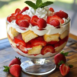 To create a delightful Strawberry Shortcake Trifle, you’ll need the following ingredients: - 2 cups fresh strawberries, hulled and sliced - 4 tablespoons sugar, divided - 1 teaspoon vanilla extract - 1 cup heavy whipping cream - 1/2 cup powdered sugar - 1 cup angel food cake, cut into bite-sized pieces - 1 cup Greek yogurt (plain or vanilla) - Fresh mint leaves for garnish (optional) These simple ingredients come together to make a tasty treat. Fresh strawberries bring sweetness and flavor. The sugar helps enhance the taste of the strawberries. Vanilla extract adds a nice touch to the whipped cream. Heavy cream and powdered sugar create a light, fluffy texture. The angel food cake adds a soft base. Greek yogurt gives a creamy layer. Lastly, mint leaves offer a pop of color and freshness. Don’t forget to check out the Full Recipe for a step-by-step guide! - Start with 2 cups of fresh strawberries, hulled and sliced. - In a medium bowl, combine strawberries with 2 tablespoons of sugar. - Stir gently to coat the berries. - Let the mixture sit for 15 minutes to release juices. This step makes the strawberries sweet and juicy. The sugar helps to draw out their natural flavor. You'll see the berries swim in their own syrup, making them perfect for our trifle. - In another bowl, add 1 cup of heavy whipping cream. - Add 2 tablespoons of powdered sugar to the cream. - Use a hand mixer to whip the cream until soft peaks form. - Add 1 teaspoon of vanilla extract and mix well. Whipping cream is simple yet crucial for our dessert. Soft peaks mean the cream holds its shape but is still light. The vanilla adds a lovely flavor, enhancing the overall taste of the trifle. - Grab a large glass trifle bowl or individual serving glasses. - Start with a layer of angel food cake pieces at the bottom. - Spoon Greek yogurt over the cake pieces. - Add a generous layer of the macerated strawberries, juice included. - Top it off with a layer of whipped cream. Repeat the layering process until you finish all ingredients. Always end with whipped cream on top. This creates a beautiful, fluffy finish. Don’t forget to check out the Full Recipe for more details. To achieve soft peaks, chill your mixing bowl and beaters first. This helps the cream whip better. Start by pouring the heavy cream into the bowl. Whip the cream on medium speed. Watch it closely. Stop when soft peaks form. This means the cream holds its shape but is still smooth. Avoid over-whipping by stopping the mixer as soon as you see soft peaks. If you whip too long, it turns into butter. That’s not what we want for our trifle. If you see grainy bits, you've gone too far. For even layers, use a spatula to spread each layer flat. Start with cake at the bottom, then yogurt, strawberries, and whipped cream. Make each layer about the same thickness for nice looks. You can serve the trifle in different dishes. Clear glass bowls show off the layers well. You can also use small glasses for single servings. This makes it fun for guests and easy to serve. To store leftover trifle, cover it tightly with plastic wrap. This keeps it fresh and stops it from drying out. You can keep it in the fridge for up to two days. For best results, eat the trifle soon after making it. The layers stay fresh and tasty. If you have to keep it longer, think about freezing. However, freezing can change the texture of the whipped cream and fruit. {{image_2}} You can make simple swaps to this recipe. For a different twist, use other berries. Blueberries or raspberries work great and add color. You can also use sponge cake instead of angel food cake. Sponge cake gives a denser bite, which some may prefer. To elevate your trifle, try adding lemon zest. It brightens the flavor and adds a fresh taste. You can also incorporate chocolate shavings or nuts. They bring a nice crunch and richness that pairs well with the cream. Make your trifle fit the season or holiday. For Christmas, add crushed peppermint for a festive touch. In summer, try using peaches or cherries for a fruity delight. Each season offers unique fruits, so get creative! You can always find a new twist for this classic dessert. For the full recipe, check the earlier sections. To keep your trifle fresh, use a glass or plastic container with a tight lid. This helps keep out air and moisture. If you store it well, it lasts up to three days in the fridge. The layers may mix a bit, but the taste will still be great. You can freeze trifle, but the texture may change. To freeze it, place it in an airtight container. Make sure to leave some space at the top, as it may expand. When you want to eat it, thaw it overnight in the fridge. Enjoy it within two days after thawing for the best taste. If you want to try the full recipe, check it out now! Serve Strawberry Shortcake Trifle in clear glass dishes. This lets everyone see the beautiful layers. You can use individual cups or a large trifle bowl. Both options work great! To add flair, drizzle some syrup from the strawberries on top. This adds color and flavor. You can also garnish with fresh mint leaves. This makes your trifle look even more appealing. Yes, you can prepare the trifle ahead of time. You can layer it a few hours before serving. Just keep it in the fridge. This helps the flavors mix well. I suggest making it no more than 24 hours in advance. If you layer it too early, the cake might get soggy. Strawberry Shortcake Trifle lasts about 2 to 3 days in the fridge. Store it in an airtight container. This helps keep it fresh. If you notice any separation of layers, it’s still safe to eat. However, the texture may change. Enjoy it while it’s fresh for the best taste! In this blog post, we covered the tasty layers of the Strawberry Shortcake Trifle. You learned about the key ingredients, simple steps to prepare, and helpful tips for perfecting your dessert. I also shared variations to keep your trifle exciting. This dessert is easy, fun, and perfect for any gathering. With a little prep and creativity, your trifle can shine. Enjoy making your own version and delighting your friends and family!