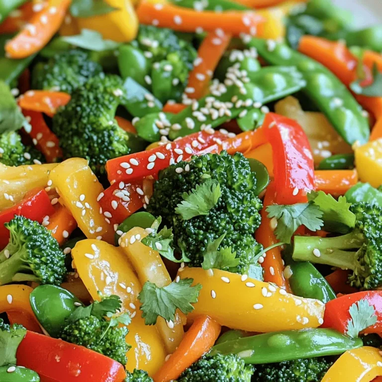 - 1 cup broccoli florets - 1 cup bell peppers (red, yellow, and green), sliced - 1 cup snap peas or snow peas - 1 medium carrot, julienned - 1 cup baby corn, cut in half - 1 tablespoon ginger, minced - 2 cloves garlic, minced - 3 tablespoons soy sauce (or tamari for gluten-free) - 1 tablespoon sesame oil - 1 tablespoon vegetable oil - 1 teaspoon sesame seeds (for garnish) - Fresh cilantro or green onions for garnish - Salt and pepper to taste To make your veggie stir fry pop, garnish it with fresh cilantro or chopped green onions. This adds color and flavor. Serve it with steamed rice or noodles for a complete meal. You can even add a side of crispy spring rolls for extra crunch. For a vibrant look, arrange the stir fry in a bowl. Sprinkle sesame seeds on top to finish. Try to use a mix of colors for a feast for the eyes! Start by prepping your veggies. First, wash them under cold water. Next, peel any skins, like the carrot. Finally, slice everything into even pieces. This step is key. Uniform sizes help all the veggies cook at the same time. If you cut them too big or small, some will be mushy while others stay hard. Heat a large skillet or wok over medium-high heat. Add the vegetable oil and let it get hot. Then, toss in the minced ginger and garlic. Stir-fry for about 30 seconds. You want them fragrant but not burnt. Now, add the broccoli and carrot. Stir them for 2 to 3 minutes. They should start to soften. Next, mix in the bell peppers and baby corn. Keep stirring for another 2 minutes. Finally, add the snap peas. Stir-fry everything together for 1 to 2 minutes. You want all veggies to be tender-crisp for the best texture. Now comes the fun part: flavoring your stir fry! Pour the soy sauce and sesame oil over the veggies. Stir to coat everything evenly. Taste it and adjust the seasonings as needed. If it needs more salt, add a pinch of salt or more soy sauce. Remember, the soy sauce adds saltiness, so go easy! Remove from heat and sprinkle sesame seeds on top. For a fresh touch, add chopped cilantro or green onions as a garnish. For the full recipe, check out the details above to make your colorful veggie extravaganza stir fry! To make a great stir fry, keep a few tips in mind. First, always use high heat. This helps cook the veggies quickly and keeps them crispy. It also enhances their colors. Stir-frying means cooking fast. You want to toss the veggies around often. This ensures even cooking. Using a large skillet or wok is best. It gives the food room to move. If the pan is crowded, the veggies will steam instead of fry. So, ensure you have enough space. If you need a soy sauce alternative, try tamari or coconut aminos. Both options taste great and work well in your stir fry. Coconut aminos add a slight sweetness, which some love. Feel free to mix in other veggies too. You can use zucchini, mushrooms, or asparagus. Just chop them into similar sizes to keep cooking even. This way, you create a colorful and tasty dish. One big mistake is overcooking the vegetables. If you cook them too long, they lose crunch and color. Aim for tender-crisp veggies. They should still have a bite to them. Another mistake is not prepping before cooking. Always wash, peel, and slice your ingredients first. This saves time and helps you avoid burning the garlic or ginger while you rush. Prepping makes the whole cooking process much smoother. {{image_2}} You can add protein to your veggie stir fry to make it heartier. Tofu, tempeh, or edamame works great. Tofu brings a nice texture and absorbs flavors well. Tempeh adds a nutty taste and is rich in protein. Edamame gives a fun crunch and is full of nutrients. For cooking, here’s what to do: - Tofu: Press it to remove excess water. Cube it and fry until golden brown. - Tempeh: Slice it thin and pan-fry until crispy. - Edamame: Simply cook in boiling water for a few minutes before adding to the stir fry. Stir fry sauces can change the taste of your dish. You can try different sauces or marinades to mix it up. Soy sauce is a classic, but you can also use teriyaki or hoisin sauce. For a spicy kick, add chili paste or sriracha. Want something sweet? Try adding honey or maple syrup. You can easily customize the flavor: - Spicy: Use extra chili paste. - Sweet: Mix in a splash of orange juice. - Savory: Add a bit of sesame oil for depth. Using seasonal veggies makes your stir fry fresh and bright. In spring, use asparagus or snap peas. Summer is great for zucchini and bell peppers. In fall, add carrots and squash. Winter brings hearty greens like kale or bok choy. Here are some suggested mixes: - Spring: Asparagus, snap peas, and green onions. - Summer: Zucchini, bell peppers, and corn. - Fall: Carrots, butternut squash, and broccoli. - Winter: Kale, bok choy, and Brussels sprouts. These variations keep your veggie stir fry exciting and full of flavor! For the full recipe, check out the Colorful Veggie Extravaganza Stir Fry. To store leftover stir fry, let it cool down first. Place it in an airtight container. This keeps it fresh and tasty. Leftover stir fry stays good for about 3 to 4 days in the fridge. Check for any signs of spoilage before eating. You can freeze stir fry, but do it right. Cool the stir fry completely. Then, put it in freezer-safe bags or containers. Remove as much air as you can. This helps prevent freezer burn. It lasts up to 3 months in the freezer. When you're ready to eat, thaw it in the fridge overnight. Reheat it in a pan on medium heat. This keeps the veggies from getting mushy. Making this recipe ahead of time is easy. Chop veggies and store them in separate bags. This speeds up cooking time. You can also cook a big batch and divide it into portions. Store individual servings in the fridge or freezer. This way, you have quick meals ready for busy days. Yes, you can! Use tamari instead of soy sauce. Tamari tastes similar but is gluten-free. You can also try coconut aminos for a sweeter flavor. Both options work well in this veggie stir fry. Serve your stir fry over rice or noodles. Jasmine rice is a great choice. You can also use brown rice for a healthier touch. If you prefer noodles, try rice noodles or soba noodles. Both pair nicely with the fresh flavors of the stir fry. This stir fry is quick! It takes about 10 minutes to prep the veggies. The cooking part takes about 10 minutes. So, you can make this dish in around 20 minutes. Perfect for a busy weeknight dinner! Of course! You can add more veggies like zucchini, bell peppers, or mushrooms. Just cut them into similar sizes. This way, they cook evenly. Keep an eye on the cooking time. Add denser veggies first, and softer ones later for the best texture. This guide covers all you need for a delicious veggie stir fry. We discussed key ingredients, from vibrant vegetables to tasty seasonings. I explained step-by-step instructions for perfect cooking and shared tips to enhance your dish. You now have ideas for variations and storage to keep meals fresh. Remember, stir-frying is quick and fun. Enjoy experimenting with different flavors and textures. Your next meal will impress!