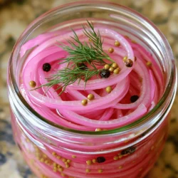To make delicious pickled red onions, you need a few simple ingredients: - 2 large red onions - 1 cup apple cider vinegar - 1/2 cup water - 1 tablespoon sugar - 1 teaspoon salt - Optional spices and herbs These ingredients create a zesty and fresh flavor that enhances any dish. Red onions are sweet and crunchy, making them perfect for pickling. Apple cider vinegar adds tang, while sugar balances the flavor. You can also add some optional ingredients for a twist: - 1 tablespoon mustard seeds - 1/2 teaspoon black peppercorns - 1/4 teaspoon crushed red pepper flakes - Fresh herbs like dill or thyme These extra spices bring depth to your pickles. Mustard seeds add a nice crunch, while red pepper flakes give a hint of heat. Fresh herbs like dill or thyme can brighten the flavor and make your pickles unique. For the full recipe, check out Zesty Pink Pickled Onions. Start by peeling your red onions. Use a sharp knife or a mandoline to slice them thinly. Thin slices help the onions absorb the pickling solution better. If you want uniform pieces, a mandoline is your best friend. A knife works too, but it may not give you the same evenness. In a medium saucepan, combine these ingredients: - 1 cup apple cider vinegar - 1/2 cup water - 1 tablespoon sugar - 1 teaspoon salt - 1 tablespoon mustard seeds - 1/2 teaspoon black peppercorns - 1/4 teaspoon crushed red pepper flakes (optional) Bring the mixture to a gentle simmer over medium heat. Stir until the sugar dissolves completely. This step creates a balanced flavor and ensures your onions will taste great. Next, pack the sliced onions into a clean glass jar. Leave some space at the top for the solution. Carefully pour the pickling solution over the onions. Make sure they are fully submerged. If you want to add extra flavor, toss in some fresh herbs like dill or thyme. Afterward, let the jar cool to room temperature. Seal it with a lid and place it in the fridge. Chill for at least 1 hour before serving. For the best taste, wait a full 24 hours. These pickled onions can last in the fridge for up to two weeks. Enjoy them as a vibrant topping for tacos, salads, or sandwiches. For the full recipe, check out the details above. To make great pickled red onions, I have a few tips for you. First, always let the vinegar mixture cool before pouring it over the onions. This step helps keep the onions crunchy and bright. If you pour the hot mixture directly onto the onions, they might become too soft. Next, for the best flavor, let the pickled onions sit for at least 24 hours in the fridge. This time allows the onions to soak up all the tangy goodness. The longer they sit, the more flavorful they become. You can even try adding fresh herbs like dill or thyme for a unique twist. Storing your pickled red onions is simple. Use a clean glass jar with a tight lid. This keeps the onions fresh longer. I recommend placing them in the refrigerator right after making them. For the best taste, chill your pickled onions for at least one hour before serving. However, they taste even better after a full day. You can enjoy them for up to two weeks if stored properly. These onions make a fun topping for tacos, salads, or sandwiches. {{image_2}} You can change the flavor of your pickled red onions easily. Adding garlic gives them a bold kick. Just crush a few cloves and add them to the jar. Garlic blends nicely with the vinegar and spices. You can also try citrus zest. Adding lemon or lime zest brightens the taste. It adds a fresh, zesty note that wakes up the onions. Fresh herbs like dill or thyme work too. Just sprinkle some into the jar before pouring the pickling solution. This will give a lovely herbal flavor. You can use different types of vinegar to alter the taste. Apple cider vinegar is common, but you might try white vinegar. It has a sharper taste and can make the onions more tangy. Rice vinegar is another option. It is milder and adds a touch of sweetness. Each vinegar changes the flavor profile. Experimenting with these options lets you find your perfect taste. When you use different vinegars, note how the flavors shift. This way, you can create a batch that suits your palate. For the complete recipe, check the Full Recipe section. To keep your pickled red onions fresh, glass jars work best. Glass is non-reactive and won’t change the flavor. Plastic can absorb flavors and odors. Always use a clean jar to avoid spoilage. Store your pickled onions in the fridge. The cold temperature helps keep them crisp. Make sure the onions stay submerged in the vinegar mixture. This ensures they stay flavorful and fresh. Pickled red onions can last up to two weeks in the fridge. After this time, they may lose flavor and crunch. If you see any mold or a strange smell, it’s best to throw them out. Always check your jar before using. For the best taste, wait a day after pickling. This allows the flavors to meld together. Use them as toppings on tacos, salads, or sandwiches to add a pop of color and flavor. Enjoy your homemade pickled red onions! For the full recipe, check the section above. How long do pickled red onions last? Pickled red onions last about two weeks in the fridge. After that, they may lose crunch and flavor. Always check for any signs of spoilage before using. Can I use other types of onions for pickling? Yes, you can use yellow or white onions. Each onion gives a different taste. Red onions are sweeter and brighter, while yellow onions are more savory. What dishes pair well with pickled red onions? Pickled red onions are great on tacos, salads, and sandwiches. They add a nice tang and color. You can also use them in grain bowls or as a topping for burgers. Why are my pickled onions too salty or too sweet? If your pickled onions taste too salty, reduce the salt next time. For sweetness, cut back on the sugar. Adjusting these amounts can help you find the perfect balance. What to do if the onions lose their color? If the onions turn pale, they may have been in the pickling solution too long. Store them in the fridge and use them within two weeks to keep their bright color. Making homemade pickled red onions is easy and fun. We covered essential ingredients, like red onions and apple cider vinegar, along with optional spices to enhance flavor. The step-by-step instructions guide you through slicing, pickling, and storing. For best results, remember to cool the mixture before combining and store them properly. These onions can last long in your fridge and add zest to many dishes. Enjoy your pickling journey and experiment with flavors to make it uniquely yours!